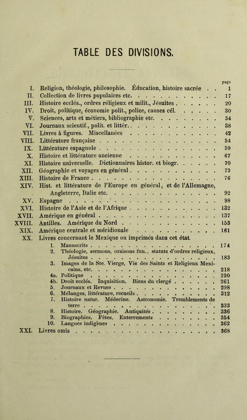 TABLE DES DIVISIONS. page I. Religion, théologie, philosophie. Éducation, histoire sacrée . . 1 II. Collection de livres populaires etc 17 III. Histoire ecclés., ordres réligieux et milit.. Jésuites 20 IV. Droit, politique, économie polit., police, causes cél 30 V. Sciences, arts et métiers, bibliographie etc 34 VI. Journaux scientif., polit, et littér 38 VII. Livres à figures. Miscellauées 42 VIII. Littérature française 54 IX. Littérature espagnole 59 X. Histoire et littérature ancienne 67 XI. Histoire universelle. Dictionnaires histor. et biogr 70 XII. Géographie et voyages en général 73 XIII. Histoire de France 76 XIV. Hist. et littérature de l’Europe en général, et de l’Allemagne, Angleterre, Italie etc 92 XV. Espagne ' 98 XVI. Histoire de l’Asie et de l’Afrique 132 XVII. Amérique en général 137 XVIII. Antilles. Amérique du Nord 153 XIX. Amérique centrale et méridionale 161 XX. Livres concernant le Mexique ou imprimés dans cet état. 1. Manuscrits 174 2. Théologie, serinons, oraisons fun., statuts d’ordres religieux. Jésuites 183 3. Images de la Ste. Vierge, Vie des Saints et Religieux Mexi- cains, etc 218 4a. Politique 230 4b. Droit ecclés. Inquisition. Biens du clergé 261 5. .Journaux et Revues 298 6. Mélanges, littérature, recueils 312 7. Histoire natur. Médecine. Astronomie. Tremblements de terre ‘ . 333 8. Histoire. Géographie. Antiquités 336 9. Biograpliies. Fêtes. Entendements 354 10. Langues indigènes 362 XXL Livres omis 368