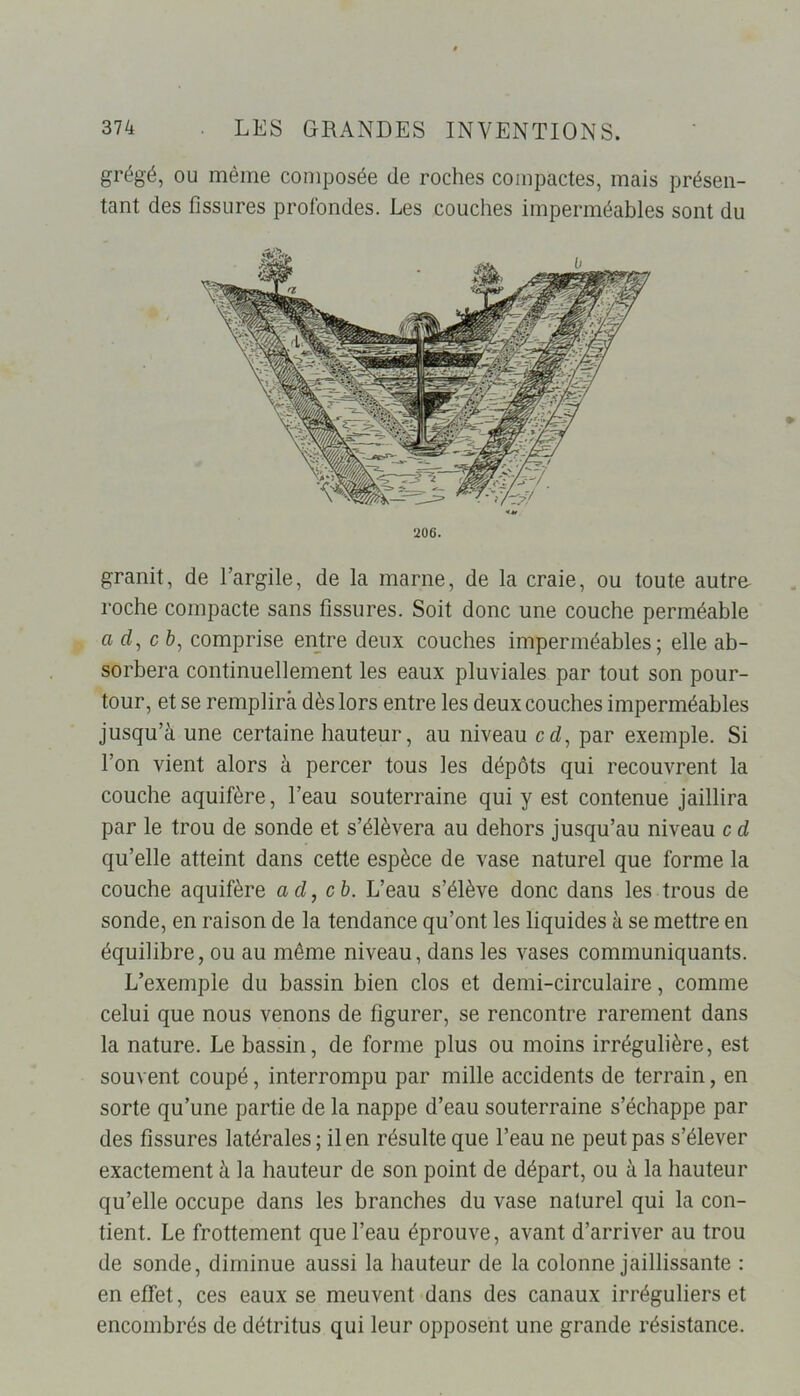 grégé, ou même composée de roches compactes, mais présen- tant des fissures profondes. Les couches imperméables sont du 206. granit, de l’argile, de la marne, de la craie, ou toute autra roche compacte sans fissures. Soit donc une couche perméable a d, c b, comprise entre deux couches imperméables; elle ab- sorbera continuellement les eaux pluviales par tout son pour- tour, et se remplira dès lors entre les deux couches imperméables jusqu’à une certaine hauteur, au niveau cd, par exemple. Si l’on vient alors à percer tous les dépôts qui recouvrent la couche aquifère, l’eau souterraine qui y est contenue jaillira par le trou de sonde et s’élèvera au dehors jusqu’au niveau c d qu’elle atteint dans cette espèce de vase naturel que forme la couche aquifère ad, cb. L’eau s’élève donc dans les trous de sonde, en raison de la tendance qu’ont les liquides à se mettre en équilibre, ou au même niveau, dans les vases communiquants. L’exemple du bassin bien clos et demi-circulaire, comme celui que nous venons de figurer, se rencontre rarement dans la nature. Le bassin, de forme plus ou moins irrégulière, est souvent coupé, interrompu par mille accidents de terrain, en sorte qu’une partie de la nappe d’eau souterraine s’échappe par des fissures latérales; il en résulte que l’eau ne peut pas s’élever exactement à la hauteur de son point de départ, ou à la hauteur qu’elle occupe dans les branches du vase naturel qui la con- tient. Le frottement que l’eau éprouve, avant d’arriver au trou de sonde, diminue aussi la hauteur de la colonne jaillissante : en effet, ces eaux se meuvent dans des canaux irréguliers et encombrés de détritus qui leur opposent une grande résistance.