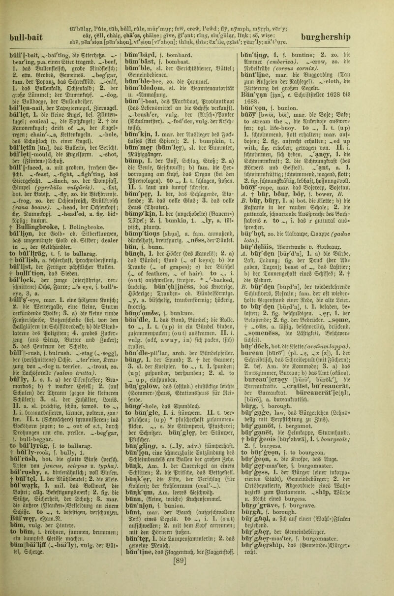 bull-bait cär, qSII, ehkif, ghä'ps, ^häise; give, xh'\g, sip'gular, llpk; so, wise; she, pSn'sipn [pen'shpn], vi'§ion [vi'zhpn]; thtpk, this; Sx'ile, exist'; year'ly; na't^ure. burghership büll' ||-bait, ,^-bai'ting, bie ©tiev^c^e. bear'ing, p.a. einen ©tier tragenb. ^-beef, 1. bag SBnllenfleift^, grobe SRinbfieifcI;; 2. et(o. ©robeS, ©emeineS. ^beg'gar, fam. ber ifobanj, ba§ ©i^redbilb. ^-calf, 1. ba§ SBuflenfalb, Dflifenfalb; 2. ber gvofee Siimmel; ber ®iimmtobf. ^-dog, bie 33nttbogge, ber S8uHenbci6er. l)ül'len-nail, ber SQpejiernagel, 3'sni<t06l- toul'let, 1. bie tieine Sugel, bef. gbnten= tugel; conical bie ©pi^tugel; 2. f bie Sanonenfugel; drift of ^s, ber Snget= regen; chain'-^s, ilettentugeln. ^-hole, bag ©^ufetoc^ (b. einer Sngel). bül'lettn [tin], bag Snlletin, ber S3erid)t. büriet||-mould, bie Äugelform, .^-shot, ber (glinten=)©(bu6. biiU'l|-faced, a. mit grobem, fredjem ©e* fi(|t. -,-feast, .^-fight, .^figh'ting, bag ©tiergefec^t. .„-finch, zo. ber ©ompfaff, ©impel (pyrrhula vulgaris), „-fist, bot. ber SBoOift. „-fly, zo. bie SSie^bremfe. „-frog, zo. ber Ddjfenfrofdb/ Sriitlfrofd) (rana boans). „-head, ber Di^fenfopf; fig. ©ummfopf. „-head'ed, a. fig. bicf= töppg; bumm. t Bullingbroke, f. Bolingbroke. bül'lion, ber ©oIb= ob. ©ilberflnmpen, bag ungemnn^te ©olb ob. ©über; dealer in „, ber ©elbpnbler. to büriiräg, t. f. to ballarag. t bül'lish, a. fehlerhaft, fprachloiberfinnig. bül'list, ber gertiger papftlicher Sutten, t biiiirtion, bag ©ieben. bül'lock, ber junge (oierjöhrige, Per^ fepnittene) Dchg, garre; „’s eye, f. bull’s- eye, 3, a. büU’§'-eye, mar. 1. eine hol^erne Äauf^; 2. bie S55ettergatte, eine tieine, ©turm uertiinbenbe SBolte; 3. a) bie tieine runbe genftevfcheibe, Suhenfeheibe (bef. bon ben ©allglafern im ©chiffgoerbect); b) bieSlenb^ laterue beg ißbliäifhb; 4. grobeg 3ucter= jeug (aug ©imp, Sutter unb guefer); 5. bog ©eutrum ber ©epeibe. büll' ||-rush, f. bulrush, „-stag („-segg), ber (berfehnitteue) Dchfe. „ter'rier, Äreu= äung bon „-dog u. terrier, „-trout, zo. bie ßachgforette (salmo trutta). bül'ly, I. s. 1. a) ber ©ifenfreffer; Sras marbag; b) f toactrer ©efett; 2. (auf ©chulen) ber Spranu (gegen bie Heineren ©chiller); 3. si. ber 3uf)älter, Sonig. II. a. si. prächtig, fdjön, famog. to „, I. i. brnmarbafieren, lärmen, poltern, jan^ ten. II. t. (©chtbächere) tprannifieren; ing Soclgporn jagen; to „ out of s.t., burch ©ropimgen urn etlb. prellen, „-beg'gar, f. bull-beggar. to bül'lyräg, f. to ballarag. t bül'Iy-rook, f. bully, 1. bül'rush, bot. bie glatte Sinfe (berfeh. Slrten bon juneus, scirpus u. typha). bül'rushy, a. binfenahnlich; boll Sin fen. t bttl'tel, 1. ber fttUihlbeutel; 2. bie Äleie. bül'wark, 1. mil. bag Sottioert, bie Saftei; attg. Sefeftigunggmerl; 2. fig. bie ©tii^e, ©idjerheit, ber ©chu^; 3. mar. bie äußere (ißlanten=)Setleibung an einem ©^iffe. to „, t. befeftigen, berfdjanjen. Bür wer, egnm.91. bum, vulg. ber §intere. to böm, i. bröhnen, fummen, brummen; ein biimpfeg ©etöfe machen, bümilbäi'lift („-bäi'ly), vulg. ber Silt= tel, ©djerge. büm'bärd, f. bombard, büm'bäst, f. bombast, büm'ble, sl. ber ©erid;tgbiener, Süttel; ©emeinbebiener. böm'ble-bee, zo. bie §ummel. büm'bledom, sl. bie Seamtenautorität u. =2lnmahung. büm'll-boat, bag ÜJJarttboot, iJJrobiautboot (bog Sebengmittel an bie ©ihiffe bertauft). „-brush'er, vulg. ber (3trf^=)ipauter (©chulmeifter). „-fod'der, vulg. ber 3trfch= tbif^. büm'kin, 1. mar. ber Sluglieger beg god= haifeg (3trt ©piere); 2. f. bumpkin, 1. büm'mer (böm'ler), sl. ber Summier, SJbühigg’änger. bömp, 1. ber ißuff, ©eptag, ©to6; 2. a) bie Seule, ©efdjioulft; b) fam. bie §er* borragung am Äopf, bag Drgon (bei ben Shtcnologen). to „, 1.1. fcplagen, fto|en. II. i. lout unb bumpf fchreien. bum'per, 1. ber, bog ©cplagenbe, ©to- henbe; 2. bag bolle ©log; 3. bag bolle §aug (©hübtet)- btim2>'kin, 1. ber (ungehobelte) (Sauem=) ©ölpet; 2. f. bumkin, 1. „ly, a. töl= pifch, plump. büinp'tious [shus], a. fam. aumahenb, büntelhaft, breitfpurig. „n6ss, ber®üntel. bün, f. bunn. bün^h, 1. ber beider (beg Äamelg); 2. a) bag Sünbel; Sunb („ of keys); b) bie ©raube („ of grapes); c) ber Süfcpel („ of feathers, „ of hair), to „, i. (out) onfehtoetten, ftrohen. * „'-backed, budelig. bün'9h||in6ss, bog Änorrige, ^äderige; ©rauben= ob. Süubelförmige. „y, a. büfchelig, tranbenförmig; höderig, fnorrig. buiic'om&e, f. bunkum, bün'die, 1. bag Sunb, Sünbel; bie Sttotte. to „, I. t. (up) in ein Sünbel binben, äufnmmenpadcn; (out) augtrnmen. II. i. vulg. (off, away, in) fiep paden, (fiep) trotten. bßn'dle-pil'lar, arch, ber Sünbelpfeiler. büngr, 1. ber ©punb; 2. f ber ©auner; 3. sl. ber Äneipier. to „, t. 1. fpunben; (up) äufpnnben, berfpunben; 2. sl. to „ up, einfpunben. btiii'galöw, bag (oftinb.) einftödige leicpte (©ommer=)§aug, ©totionghang für 31ei= feiibe. böi\gr'-hole, bag ©punblocp. to büii'gle, I. i. ftümpera. II. t. ber= pfufdjen; (up) * pfufttjerpoft ^ufammeni fliden. „, s. bie ©tümperei, ipfujeperei; ber ©^niper. bün'gier, ber ©tümper, Ißfuf^er. bön'glii^gr, a. („ly, adv.) ftümperpaft. bun'ion, eine fepmer^pafte ©ntjünbung beg ©cpleimbeutelg am Satten ber gropen 3epe. btti\k. Am. 1. ber Duerriegel an einem ©cfilitten; 2. bie ißritfdie, bag Settgeftett. bünk'ei’, bie Äifte, ber Serfdjlag (für Äoplen); ber Äoplenroum (coal'-„). bttuk'um. Am. leereg ©efdjloäp. bönn, (Heine, ineicpc) Äucpenfemmel. bön'nion, f. bunion, bunt, mar. ber Sauep (aufgefepmottene ©eil) eineg ©egelg. to „, i. 1. (out) auffeptoetten; 2. mit bem Äopf anrennen; mit ben §örnern ftopen. bün't^r, 1. bie ßumpenfammlerin; 2. bog gemeine fKenfep. bün'tine, bag glaggentucp, bergtaggenftoff. [89] bün'tjugr, 1. f. buntine; 2. zo. bie Simmer (emberiza). „-crow, zo. bie Slebelfröpe (corvus cornix). bünt'line, mar. bie Suggorbing (©ou 5um Slufgeien ber Dlapfegel). „-cloth, bie gütterung bei gropen ©egeln. Bun'yan [ian], e. ©epriftftetter 1628 big 1688.' btin'yon, f. bunion, büöy [bwöi, böi], mar. bie Soje; Sole; to stream the „, bie Sinterboje ougtoer= fen; bgl. life-buoy, to „, I. t. (up) 1. feprnimmenb, flott erpalten; mar. ouf= bojen; 2. fig. aufreept erpalten; „ed up with, fig. erhoben, getragen bon. II. i. feptbimmen, ficp peben. „'an^y, 1. bie ©cpmimmtroft; 2. bie ©^mungtraft (beg Äörperg unb ©eifteg). „'ant, a. 1. fcpioimmtröftig; fcptoimmenb, mogenb, flott; 2. fig. fepmungfraftig, lebpaft, poffnunggbott. büö^-rope, mar. bag Sojereep, Sojetau. A. t bür, böur, bör, f. bower, B. B. bür, bürr, 1. a) bot. bie Älette; b) bie Äaftanie in ber roupen ©^ale; 2. bie gutturale, fdpinrrenbe Slugfpracpe begSucp= ftabeng r. to „, i. bag r guttural augs fpreepen. bür'bot, zo. bie Slalraupe, Duappe (gadus lota). bür'deläis, SBeintraube b. Sorbeauj. A. bür'den [bur'd’n], 1. a) bie Sürbe, Soft, Sabiing; fig. ber ®rnd (ber Slb= gaben, ©open); beast of „, bag Safttier; b) ber ©onnengepalt eineg ©djiffeg; 2. f bie ©eburt. B. bür'den [biivd’n], ber toieberteprenbe ©djlupberg, Sttefrain; fam. ber oft toiebers polte ©egenftanb einer Siebe, bie alte Seier. to bür'den [bürd’n], t. 1. beloben, be= laften; 2. fig. befdtulbigen. „er, 1. ber Selaftenbe; 2. fig. berSebrüder. „some, t „OÜS, a. laftig, befdjWerlicp, britdenb. „somenßss, bie Söftigteit, Sefcploers liepteit. bür'döck, bot. bie Älette (arctium, lappa). bureau [bürö'j (pi. „s, „x [z]), 1. ber ©djreibtifdj, bog ©djreibepult (mit gaepern); 2. bef. Am. bie Äommobe; 3. a) bag Slmtgjimmer, Sureau; b) bag Stmt (office), bureau'ljcra^y [bürö', bürbk'], bie Sureautratie. „cratist, bu'reaucrat, ber Sureautrot. büreaucrät'ic(al), [bürö], a. bureautratifep. bürg, f. borough. bür'ga^e, law, bag Surgerlepen (Sepng= beftp mit Serpflieptung 50 3bi§). bür'gamöt, f. bergamot. bür'ganSt, bie ^lelmtappe, ©turmpaube. f bür'^eois [bür'zhwä], 1. f. bourgeois; 2. f. burgess. to bür'^eon, f. to bourgeon, bür'^eon, s. bie Änofpe, bag Sfuge. bür'ger-mas'ter, f. burgomaster, bür'gess, 1. ber Sürger (einer inforpo= rierten ©tobt), ©emeinbebiirger; 2. ber Drtgbeputierte, Slbgeorbnete eineg 2Bap(= bejirfg pm ißarlomente. „ship, SBurbe u. Slecpt eineg burgess, büre/'grave, f. burgrave. bürgÄ, f. borough, biir'g/tal, a. ficp auf einen (3.Bapl=)gfeden be^iepenb. bür'g/ier, ber ©emeinbebiirger. bür'g/ier-mas'ter, f. burgomaster, bür'g/tership, bag (©emeinbe=)Surger= reept.