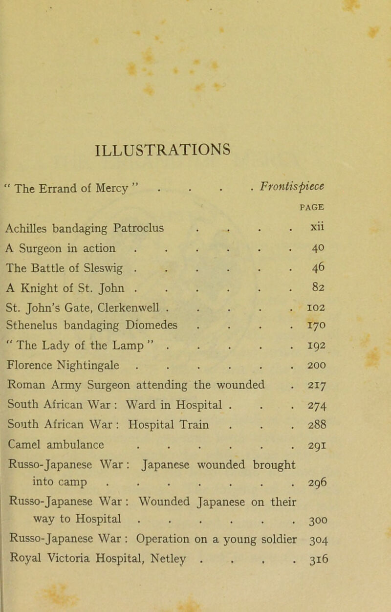 ILLUSTRATIONS  The Errand of Mercy ” . Frontispiece PAGE Achilles bandaging Patroclus . . . . xii A Surgeon in action ...... 4° The Battle of Sleswig ...... 46 A Knight of St. John ...... 82 St. John’s Gate, Clerkenwell ..... 102 Sthenelus bandaging Diomedes .... 170 “ The Lady of the Lamp ” . . . . . 192 Florence Nightingale ...... 200 Roman Army Surgeon attending the wounded . 2x7 South African War : Ward in Hospital . . . 274 South African War: Hospital Train . . . 288 Camel ambulance ...... 291 Russo-Japanese War: Japanese wounded brought into camp ....... 296 Russo-Japanese War : Wounded Japanese on their way to Hospital 300 Russo-Japanese War : Operation on a young soldier 304 Royal Victoria Hospital, Netley .... 316