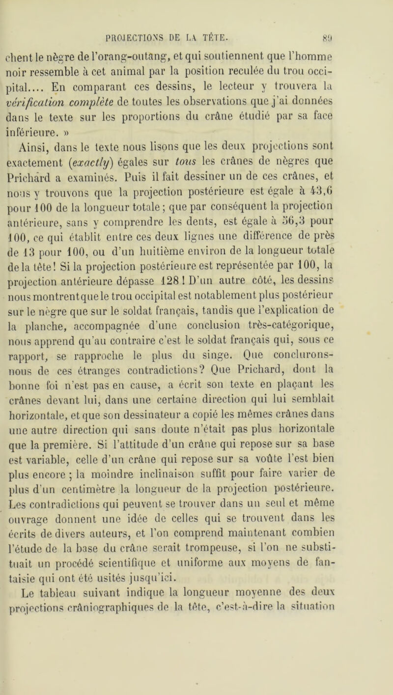 client le nègre de l’orang-outang, et qui soutiennent que l’homme noir ressemble à cet animal par la position reculée du trou occi- pital.... En comparant ces dessins, le lecteur y trouvera la vérification complète de toutes les observations que j’ai données dans le texte sur les proportions du crâne étudié par sa face inférieure. » Ainsi, dans le texte nous lisons que les deux projections sont exactement {exactly) égales sur tous les crânes de nègres que Prichârd a examinés. Puis il fait dessiner un de ces crânes, et nous y trouvons que la projection postérieure est égale à 43,0 pour 100 de la longueur totale ; que par conséquent la projection antérieure, sans y comprendre les dents, est égale à o0,3 pour 100, ce qui établit entre ces deux lignes une différence de près de 13 pour 100, ou d’un huitième environ de la longueur totale delà tète! Si la projection postérieure est représentée par 100, la projection antérieure dépasse 128 1 D’un autre côté, les dessin? nousmontrentquele trou occipital est notablement plus postérieur sur le nègre que sur le soldat français, tandis que l’explication de la planche, accompagnée d’une conclusion très-catégorique, nous apprend qu’au contraire c’est le soldat français qui, sous ce rapport, se rapproche le plus du singe. Que conclurons- nous de ces étranges contradictions? Que Prichârd, dont la bonne foi n’est pas en cause, a écrit son texte en plaçant les crânes devant lui, dans une certaine direction qui lui semblait horizontale, et que son dessinateur a copié les mômes crânes dans une autre direction qui sans doute n’était pas plus horizontale que la première. Si l’attitude d’un crâne qui repose sur sa base est variable, celle d’un crâne qui repose sur sa voûte l’est bien plus encore ; la moindre inclinaison suffit pour faire varier de plus d’un centimètre la longueur de la projection postérieure. Les contradictions qui peuvent se trouver dans un seul et môme ouvrage donnent une idée de celles qui se trouvent dans les écrits de divers auteurs, et l’on comprend maintenant combien l’étude de la base du crâne serait trompeuse, si l’on ne substi- tuait un procédé scientifique et uniforme aux moyens de fan- taisie qui ont été usités jusqu’ici. Le tableau suivant indique la longueur moyenne des deux projections crâniographiques de la tôte, c’est-à-dire la situation