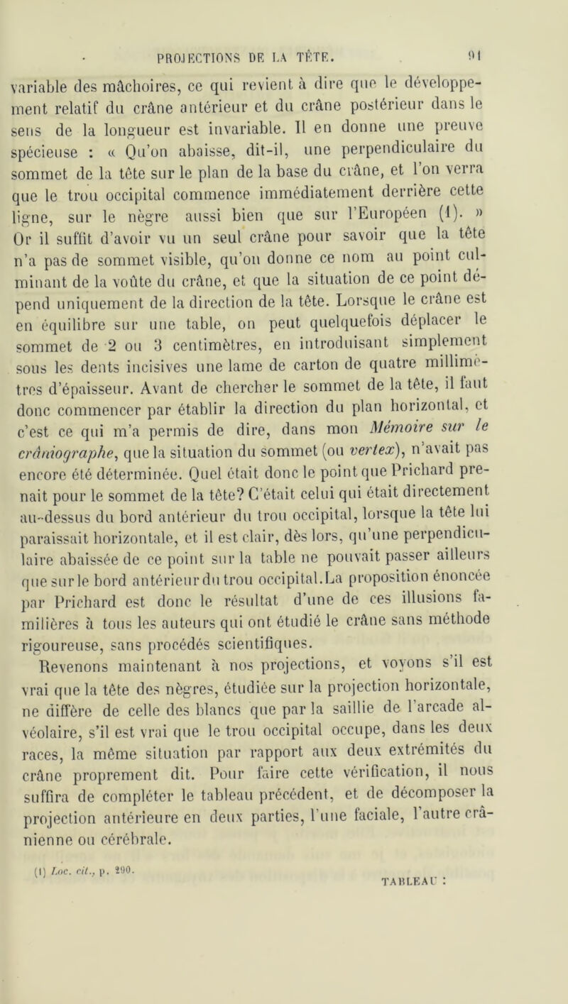 variable des mâchoires, ce qui revient à dire que le développe- ment relatif du crâne antérieur et du crâne postérieur dans le sens de la longueur est invariable. 11 en donne une preuve spécieuse : « Qu’on abaisse, dit-il, une perpendiculaire du sommet de la tête sur le plan de la base du crâne, et 1 on verra que le trou occipital commence immédiatement derrière cette ligne, sur le nègre aussi bien que sur l’Européen (1). » Or il sufüt d’avoir vu un seul crâne pour savoir que la tête n’a pas de sommet visible, qu’on donne ce nom au point cul- minant de la voûte du crâne, et que la situation de ce point dé- pend uniquement de la direction de la tête. Lorsque le crâne est en équilibre sur une table, on peut quelquefois déplacer le sommet de 2 ou il centimètres, en introduisant simplement sous les dents incisives une lame de carton de quatre millimè- tres d’épaisseur. Avant de chercher le sommet de la tête, il tant donc commencer par établir la direction du plan horizontal, et c’est ce qui m’a permis de dire, dans mon Mémoire sur le crâniographe^ que la situation du sommet (ou vertex), n avait pas encore été déterminée. Quel était donc le point que Prichard pre- nait pour le sommet de la tête? C’était celui qui était directement au-dessus du bord antérieur du trou occipital, lorsque la tête lui paraissait horizontale, et il est clair, dès lors, qu’une perpendicu- laire abaissée de ce point sur la table ne pouvait passer ailleurs que sur le bord antérieurdu trou occipital.La proposition énoncée })ar Prichard est donc le résultat d’une de ces illusions fa- milières à tous les auteurs qui ont étudié le crâne sans méthode rigoureuse, sans procédés scientifiques. Revenons maintenant à nos projections, et voyons s il est vrai que la tête des nègres, étudiée sur la projection horizontale, ne diffère de celle des blancs que par la saillie de 1 arcade al- véolaire, s’il est vrai que le trou occipital occupe, dans les deux races, la même situation par rapport aux deux extrémités du crâne proprement dit. Pour faire cette vérification, il nous suffira de compléter le tableau précédent, et de décomposer la projection antérieure en deux parties, l’une faciale, 1 autre crâ- nienne ou cérébrale. (I) f.oe. cil., p. Î'JO. TAU LE AC :