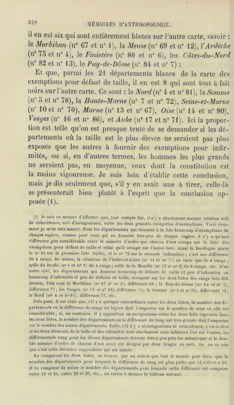 il en est six qui sont entièrement blancs sur l’autre carte, savoir : le Morbihan (n® 67 et n° 1), la Meuse (n“ 69 et n 12), VAj'dèche (n® 75 et n° 4), le Fmistè?'e (n“ 80 et n° 6), les Côtes-du-Nord (n° 82 et n“ t3), le Puy-de-Dôme 84 et n° 7) ; Et que, parmi les 21 départements blancs de la carte des exemptions pour défaut de taille, il en est 8 qui sont tout à fait noirs sur l’autre carte. Ce sont : le Nord{'N 4 et n“ 81), \d, Somme (n° 5 et n® 78), la Haute-Marne (n® 7 et n® 72), Seine-et-Marne (n® 10 et n® 70), Marne (n® 13 et n® 67), Oise (n® 14 et n® 80), Vosges (n® 16 et n“ 86), et Aube (n® 17 et n® 71). Ici la propor- tion est telle qu’on est presque tenté de se demander si les dé- partements où la taille est le plus élevée ne seraient pas plus exposés que les autres à fournir des exemptions pour infir- mités, ou si, en d’autres termes, les hommes les plus grands ne seraient pas, en moyenne, ceux dont la constitution est la moins vigoureuse. Je suis loin d’établir cette conclusion, mais je dis seulement que, s’il y en avait une à tirer, celle-là se présenterait bien plutôt à l’esprit que la conclusion op- posée (1). (I) Je suis eu mesure cl affirmer c|ue, tout compte fait, il u’y a absolument aucune relation soit de coïncidence, soit d'antagonisme, entre les deux grandes catégories d’exemptions. Voici com- ment je m en suis assure. Pour les départements qui donnent à la fois beaucoup d'exemptions de chaque espèce, comme pour ceux qui eu donnent très-peu de chaque esj^ce. il u’v a qu’une différence peu considérable entre le numéro d’ordre que chacun d’eux occupe sur la liste des exemptions pour défaut de taille et celui qu’il occupe sur l’autre liste. Ainsi la Dordogne porte le no 83 sur la première liste (taille), et le n” 79 sur la seconde (infirmités) ; c’est une différence de 4 rangs. De même, la situation de l’Indre-et-Loire (n» Si et n» T) ne varie que de 4 rangs ; qelle du Doubs (n» I et n» 5) de 4 rangs ; celle de la Moselle (no 15 et n® 9) de 6 rangs, etc. D'un autre coté, les départements qui donnent beaucoup de défauts de taille et peu d’inlirmités ou beaucoup d infirmités et peu de défauts de taille, occupent sur les deux listes des rangs très-dif- férents. Tels sont le Morbihan (n® 67 et no I), différence 66 ; le Puy-de-Dôme (n® 8 4 et n» 7), différence 77; les Vosges (n® 16 et n' 86), différence 7ü; la Somme (n® 5 et n® 78), différence 73; le Nord (no 4 et n®8l), différence 77, etc. Cela posé, il est clair que, s'il y a iiuelque concordance entre les deux listes, le nombre des dé- partements où la différence de rangs est légère doit l’emporter sur le nombre de ceux où elle est considérable; si, au contraire, il y opposition ou aiPagonisme entre les deux faits exprimés dans les deux listes, le nombre des départements où la différence de rang est très-grande doit l’emporter sur le nombre des autres départements. Enfin, s’il n’y a ni antagonisme ni coïncidence, c'est-à-dire si les deux éléments de la taille et des infirmités sont absolument sans influence l’un sur l'autre, les ditlérencesde rang pour les divers départements doivent être à peu près les mêmes que si le dou- ble numéro d ordre de chacun d'eux avait été désigné par deux tirages au sort. Or, ou va voir que c’est cette dernière sup| osition qui est exacte. En comparant les deux listes, on trouve, par un relevé que tout le monde peut faire, que le nombre des départements pour lesquels la différence de rang est plus petite que 10 s élève à iO, et en comptant de même le nombre des départements pour lesquels cette différence est comprise entre 10 et 20, entre 20 et 30, etc., on arrive à dresser le tableau suivant.