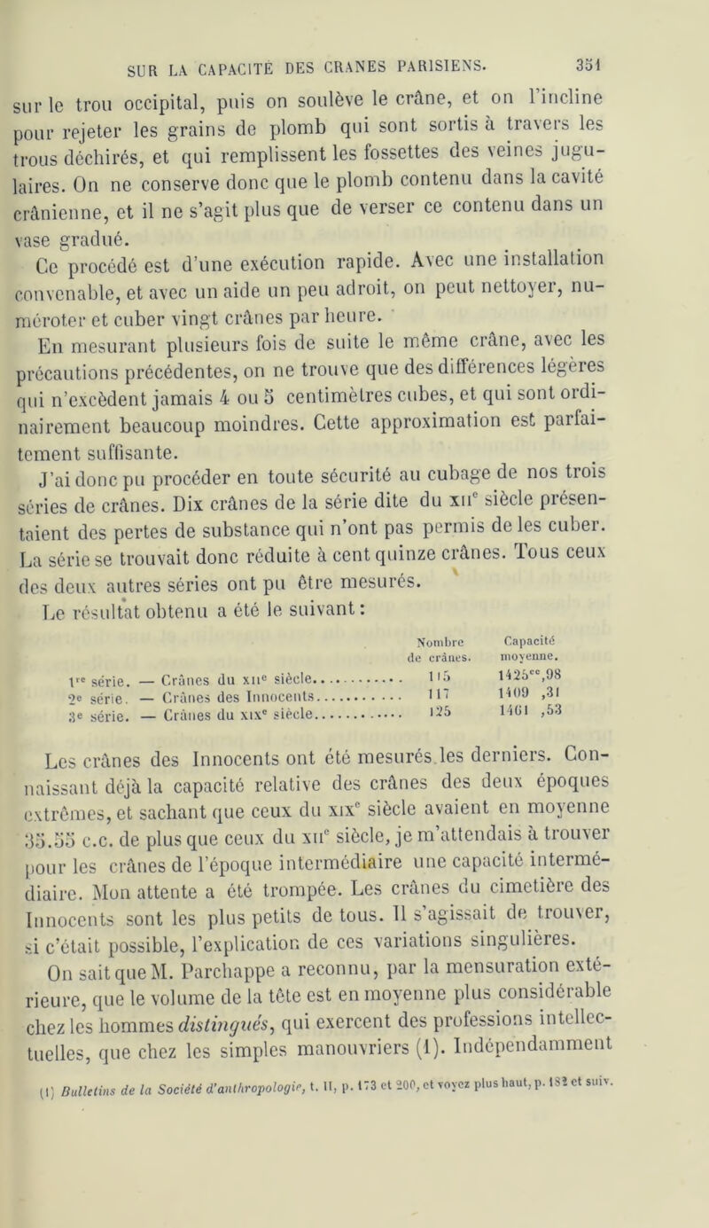 sur le trou occipital, puis on soulève le crâne, et on 1 incline pour rejeter les grains de plomb qui sont sortis à travers les trous déchirés, et qui remplissent les fossettes des veines jugu- laires. On ne conserve donc que le plomb contenu dans la cavité crânienne, et il ne s’agit plus que de verser ce contenu dans un vase gradué. Ce procédé est d’une exécution rapide. A^ec une installation convenable, et avec un aide un peu adroit, on peut nettoyer, nu- méroter et cuber vingt crânes par heure. En mesurant plusieurs fois de suite le même crâne, avec les précautions précédentes, on ne trouve que des différences légères qui n’excèdent jamais 4 ou 5 centimètres cubes, et qui sont ordi- nairement beaucoup moindres. Cette approximation est parfai- tement suffisante. J’ai donc pu procéder en toute sécurité au cubage de nos trois séries de crânes. Dix crânes de la série dite du xiC siècle présen- taient des pertes de substance qui n ont pas permis de les cubei. La série se trouvait donc réduite à cent quinze crânes. T.ous ceux des deux autres séries ont pu être mesurés. T.e résultat obtenu a été le suivant: Nombre Capacité de crânes. moyenne. 1 série. —Crûiics du xii® siècle 10) t42b“,98 série. — Crânes des limoceiils 11’ l^**'*^ 3e série. — Crânes du xix' siècle Liül ,5.3 Les crânes des Innocents ont été mesurés les derniers. Con- naissant déjà la capacité relative des crânes des deux époques extrêmes, et sachant que ceux du xix® siècle avaient en moyenne 35.00 c.c. de plus que ceux du xiC siècle, je m’attendais à trouver pour les crânes de l’époque intermédiaire une capacité intermé- diaire. Mon attente a été trompée. Les crânes du cimetière des Innocents sont les plus petits de tous. 11 s’agissait de trouver, aï c’était possible, l’explication de ces variations singulières. On sait que M. Parchappe a reconnu, par la mensuration exté- rieure, que le volume de la tête est en moyenne plus considérable chez les hommes qui exercent des professions intellec- tuelles, que chez les simples manouvriers (1). Indépendamment (I) BulUtms de la Société d’anthropologie, t. H, p. 173 cl 200, cl voyez plus haut, p. tSÎ cl suiv.
