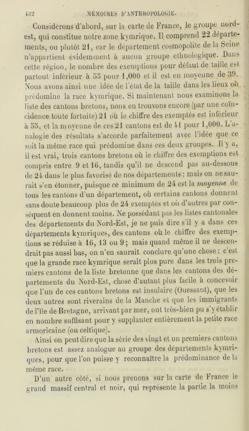 Iü2 MÉMOIRES D’AlNïHROROLÜGlE. Considérons d’abord, sur la carte de France, le groupe nord- est, qui constitue notre zone kymrique. Il comprend 22 départe- ments, ou plutôt car le département cosmopolite de la Seine n’appartient évidemment à aucun groupe ethnologique. Dans cette région, le nombre des exemptions pour délaiit de taille est partout intérieur à ho pour l,00ü et il est en moyenne de db. Nous avons ainsi une idée de l’état de la taille dans les lieux oîi prédomine la race kymrique. Si maintenant nous examinons la liste des cantons bretons, nous en trouvons encore (par une coïn- cidence toute fortuite) 21 où le chiffre des exemptés est inférieur à dd, et la moyenne de ces21 cantons est de 41 pour 1,000. L a- nalogie des résultats s’accorde parfaitement avec l’idée que ce soit la même race qui prédomine dans ces deux groupes. 11 y a, il est vrai, trois cantons bretons où le chinVe des exemptions est compris entre 0 et 10, tandis qu’il ne descend pas au-dessous de 24 dans le plus favorisé de nos départements ; mais on ne sau- rait s’en étonner, puisque ce minimum de 24 est la moyenne de tous les cantons d’un département, où certains cantons donnent sans doute beaucoup plus de 24 exemptés et où d’autres par con- séquent en donnent moins. Ne possédant pas les listes cantonales des départements du Nord-Est, je ne puis dire s’il y a dans ces départements kymriques, des cantons où le chitl're des exemp- tions se réduise à 16, 13 ou 9 ; mais quand même il ne descen- drait pas aussi bas, on n’en saurait conclure qu’une chose: c’est que la grande race kymrique serait plus pure dans les trois pre- miers cantons de la liste bretonne que dans les cantons des dé- partements du Nord-Est, chose d’autant plus facile à concevoir que l’un de ces cantons bretons est insulaire (Ouessant), que les deux autres sont riverains de la Manche et que les immigrants de l’île de Bretagne, arrivant par mer, ont très-bien pu s’y établir en nombre suffisant pour y supplanter entièrement la petite race armoricaine (ou celtique). Ainsi on peut dire que la série des vingt et un premiers cantons bretons est assez analogue au groupe des départements kymri- ques, pour que l’on puisse y reconnaître la prédominance de la même race. D’un autre côté, si nous prenons sur la carte de France le grand massif central et noir, qui reptésenle la partie la moins