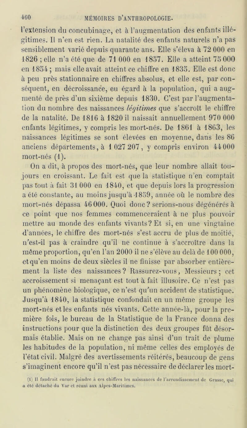 l’extension du concubinage, et à l’augmentation des enfants illé- gitimes. Il n’en est rien. La natalité des enfants naturels n’a pas sensiblement varié depuis quarante ans. Elle s’éleva à 72 000 en 1826 ; elle n’a été que de 71 000 en l8o7. Elle a atteint 7S 000 en 1834 ; mais elle avait atteint ce chiffre en 1833. Elle est donc à peu près stationnaire en chiffres absolus, et elle est, par con- séquent, en décroissance, eu égard à la population, qui a aug- menté de près d’un sixième depuis 1830. C’est par l’augmenta- tion du nombre des naissances légitimes que s’accroît le chiffre de la natalité. De 181G à 1820 il naissait annuellement 970 000 enfants légitimes, y compris les mort-nés. De 1861 à 1863, les naissances légitimes se sont élevées en moyenne, dans les 86 anciens départements, à 1 027 207, y compris environ 44000 mort-nés (1). ün a dit, à propos des mort-nés, que leur nombre allait tou- jours en croissant. Le fait est que la statistique n’en comptait pas tout à fait 31 000 en 1840, et que depuis lors la progression a été constante, au moins jusqu’à-1839, année où le nombre des mort-nés dépassa 46 000. Quoi donc ? serions-nous dégénérés à ce point que nos femmes commenceraient à ne plus pouvoir mettre au monde des enfants vivants? Et si, en une vingtaine d’années, le chiffre des mort-nés s’est accru de plus de moitié, iLest-il pas à craindre qu’il ne continue à s’accroître dans la même proportion, qu’en l’an 2000 il ne s’élève au delà de 100 000, et qu’en moins de deux siècles il ne finisse par absorber entière- ment la liste des naissances? Rassurez-vous, Messieurs; cet accroissement si menaçant est tout à fait illusoire. Ce n’est pas un phénomène biologique, ce n’est qu’un accident de statistique. Jusqu’à 1840, la statistique confondait en un même groupe les mort-nés et les enfants nés vivants. Cette année-là, pour la pre- mière fois, le bureau de la Statistique de la France donna des instructions pour que la distinction des deux groupes fût désor- mais établie. Mais on ne change pas ainsi d’un trait de plume les habitudes de la population, ni même celles des employés de l’état civil. Malgré des avertissements réitérés, beaucoup de gens s’imaginent encore qu’il n’est pas nécessaire de déclarer les mort- (1) U faudrait ('iicoro joindre à cos chiffres les naissances de l’arrondissement de Grasse, qui a été diitaclié du Var et réuni aux Alpes-Maritimes.