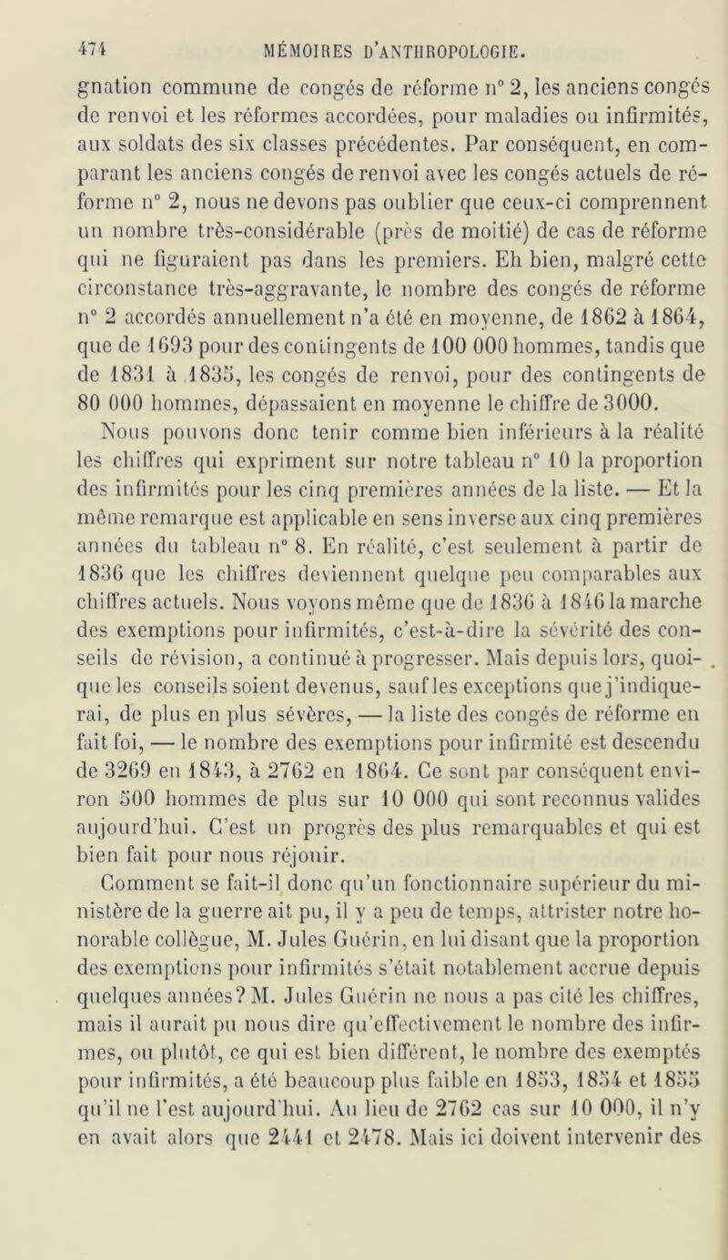 gnation commune de congés de réforme n” 2, les anciens conges de renvoi et les réformes accordées, pour maladies ou infirmités, aux soldats des six classes précédentes. Par conséquent, en com- parant les anciens congés de renvoi avec les congés actuels de ré- forme n° 2, nous ne devons pas oublier que ceux-ci comprennent un nombre très-considérable (près de moitié) de cas de réforme qui ne figuraient pas dans les premiers. Eh bien, malgré cette circonstance très-aggravante, le nombre des congés de réforme n“ 2 accordés annuellement n’a été en moyenne, de 1862 à 1864, que de 1603 pour des contingents de 100 000 hommes, tandis que de 1831 à 1833, les congés de renvoi, pour des contingents de 80 000 hommes, dépassaient en moyenne le chiffre de 3000. Nous pouvons donc tenir comme bien inférieurs à la réalité les chiffres qui expriment sur notre tableau n“ 10 la proportion des infirmités pour les cinq premières années de la liste. — Et la môme remarque est applicable en sens inverse aux cinq premières années du tableau n“ 8. En réalité, c’est seulement à partir de 1836 que les chiflVes deviennent quelque peu comparables aux chiffres actuels. Nous voyons môme que de 1836 à 1846 la marche des exemptions pour infirmités, c’est-à-dire la sévérité des con- seils de révision, a continué à progresser. Mais depuis lors, quoi- . que les conseils soient devenus, sauf les exceptions que j’indique- rai, de plus en plus sévères, — la liste des congés de réforme en fait foi, — le nombre des exemptions pour infirmité est descendu de 3269 en 1843, à 2762 en 1864. Ce sont par conséquent envi- ron 500 hommes de plus sur 10 000 qui sont reconnus valides aujourd’hui. C’est un progrès des plus remarquables et qui est bien fait pour nous réjouir. Comment se fait-il, donc qu’un fonctionnaire supérieur du mi- nistère de la guerre ait pu, il y a peu de temps, attrister notre ho- norable collègue, M. Jules Guérin, en lui disant que la proportion des exemptions pour infirmités s’était notablement accrue depuis quelques années? M. Jules Guérin ne nous a pas cité les chiffres, mais il aurait pu nous dire qu’clfectivcment le nombre des infir- mes, ou plutôt, ce qui est bien différent, le nombre des exemptés pour infirmités, a été beaucoup plus faible en 1853, 1854 et 1855 qu’il ne l’est aujourd'hui. Au lieu de 2762 cas sur 10 000, il n’y en avait alors que 2441 et 2478. Mais ici doivent intervenir des