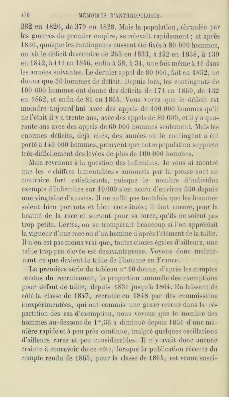 282 en 1826, de 379 en 1828. Mais la population, ébranlée par les guerres du premier empire, se relevait rapidement ; et après 1830, quoique les contingents eussent été fixés à 80 000 hommes, on vit le déficit descendre de 203 en 1833, à 192 en 1838, à 139 en 1842, à 111 en 1846, enfin à 38, à 31, une fois même à 11 dans les années suivantes. Le dernier a[)pel de 80 000, fait en 1832, ne donna que 30 hommes de déficit. Depuis lors, les contingents de 100 000 hommes ont donné des déficits de 171 en 1860, de 132 en 1862, et enfin de 81 en 1864. Vous voyez que le déficit est moindre aujourd’hui avec des appels de 100 000 hommes qu’il ne l’était il y a trente ans, avec des appels de 80 OOO, et il y a qua- rante ans avec des appels de 60 000 hommes seulement. Mais les énormes déficits, déjà cités, des années où le contingent a été porté à 140 000 hommes, prouvent que notre population supporte très-difficilement des levées de plus de 100 000 liommes. Mais revenons à la question des infirmités. Je vous ai montré que les «chilfrcs lamentables» annoncés par la presse sont au contraire fort satisfaisants, puisque le nombre d’individus exempts d'infirmités sur 10 000 s’est accru d’environ 300 depuis une vingtaine d’années. Il ne suffit pas toutefois que les hommes soient bien portants et bien constitués; il faut encore, pour la beauté de la race et surtout pour sa force, qu’ils ne soient pas trop petits. Certes, on se tromperait beaucoup si l’on appréciait la vigueur d’une race ou d’un homme d’après l’élément de la taille. [I n’en est pas moins vrai que, toutes choses égales d’ailleurs, une taille trop peu élevée est désavantageuse. Voyons donc mainte- nant ce que devient la taille de l’homme en France. La première série du tableau n'* 10 donne, d’après les comptes rendus du recrutement, la proportion annuelle des exemptions pour défaut de taille, depuis 1831 jusqu’à 1864. En laissant de côté la classe de 1847, recrutée on 1848 par des commissions inexpérimentées, qui ont commis une grave erreur dans la ré- partition des cas d’exemption, nous voyons que le nombre des hommes au-dessous de l'‘‘,36 a diminué depuis 1831 d’une ma- nière rapide et à peu près continue, malgré quelques oscillations d’ailleurs rares et peu considérables. Il n’y avait donc aucune crainte à concevoir de ce côté, lorsque la publication récente du compte rendu de 1863, pour la classe de 1864, est venue susci-