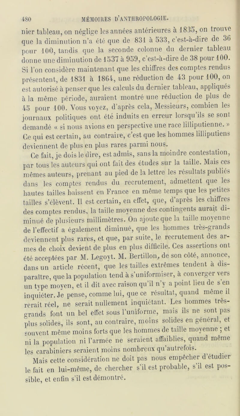 nier tubleaii, on néglige les années antérieures à 1835, on troiue que la diminution n’a été que de 831 à 53.1, c est-à-dire de 36 pour 100, tandis que la seconde colonne du dernier tableau donne une diminution de 1537 à 950, c’est-à-dire de 38 pour 100. Si l’on considère maintenant que les chiffres des comptes lendus présentent, de 1831 à 1864, une réduction de 43 pour lOO, on est autorisé à penser que les calculs du dernier tableau, appliqués à la môme période, auraient montré une réduction de plus de 45 pour 100. Vous voyez, d’après cela. Messieurs, combien les journaux politiques ont été induits en erreur lorsqu ils se sont demandé « si nous avions en perspective une race lilliputienne. » Ce qui est certain, au contraire, c’est que les hommes lilliputiens deviennent de plus en plus rares parmi nous. Ce fciit, je dois le dire, est admis, sans la moindre contestation, par tous les auteurs qui ont fait des études sur la taille. Mais ces mômes auteurs, prenant au pied de la lettre les résultats publiés dans les comptes rendus du recrutement, admettent que les hautes tailles baissent en France en môme temps que les petites tailles s’élèvent. Il est certain, en effet, que, d’après les chiffres des comptes rendus, la taille moyenne des contingents aurait di- minué de plusieurs millimètres. On ajoute que la taille moyenne de l’effectif a également diminué, que les hommes très-grands deviennent plus rares, et que, par suite, le recrutement des ai- mes de choix devient de plus en plus difficile. Ces assertions ont été acceptées par M. Legoyt. M. Bertillon, de son côté, annonce, dans un article récent, que les tailles extrêmes tendent à dis- paraître, que la population tend à s’uniformiser, à conyergei \eis un type moyen, et il dit avec raison qu’il n’y a point lieu de s’en inquiéter. Je pense, comme lui, que ce résultat, quand même il rcrait réel, ne serait nullement inquiétant. Les hommes très- grands font un bel effet sous l’uniforme, mais ils ne sont pas plus solides, ils sont, au contraire, moins solides en général, et souvent môme moins forts que les hommes de taille moyenne ; et ni la population ni l’armée ne seraient affaiblies, quand môme les carabiniers seraient moins nombreux qu autrefois. Mais cette considération ne doit pas nous empêcher d étudier le fait en lui-même, de chercher s’il est probable, s il est pos- sible, et enfin s’il est démontré.