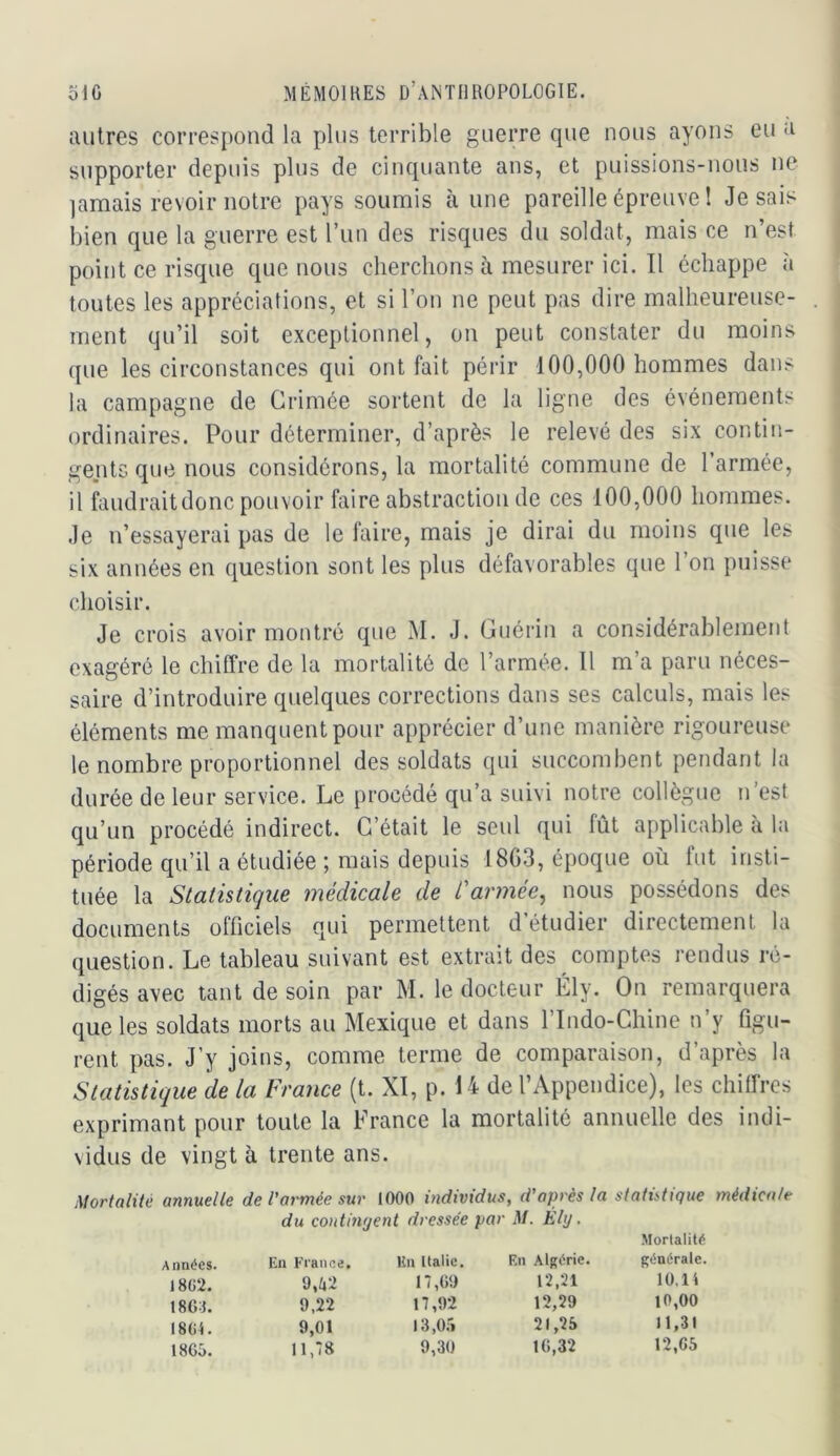 autres correspond la plus terrible guerre que nous ayons eu a supporter depuis plus de cinquante ans, et puissions-nous ne jamais revoir notre pays soumis aune pareille épreuve ! Je sais bien que la guerre est run des risques du soldat, mais ce n’est point ce risque que nous cherchons à mesurer ici. Il échappe à toutes les appréciations, et si l’on ne peut pas dire malheureuse- ment qu’il soit exceptionnel, on peut constater du moins que les circonstances qui ont fait périr 100,000 hommes dans la campagne de Crimée sortent de la ligne des événements ordinaires. Pour déterminer, d’après le relevé des six contin- gents que nous considérons, la mortalité commune de l’armée, il faudraitdonc pouvoir faire abstraction de ces 100,000 hommes. Je n’essayerai pas de le faire, mais je dirai du moins que les six années en question sont les plus défavorables que l’on puisse choisir. Je crois avoir montré que M. J. Guérin a considérablement exagéré le chiffre de la mortalité de l’armée. 11 m’a paru néces- saire d’introduire quelques corrections dans ses calculs, mais les éléments me manquent pour apprécier d’une manière rigoureuse le nombre proportionnel des soldats qui succombent pendant la durée de leur service. Le procédé qu’a suivi notre collègue n’est qu’un procédé indirect. C’était le seul qui fût applicable a la période qu’il a étudiée ; mais depuis 18G3, époque où fut insti- tuée la Statistique médicale de Cannée^ nous possédons des documents officiels qui permettent d’étudier directement la question. Le tableau suivant est extrait des comptes rendus ré- digés avec tant de soin par M. le docteur Ély. On remarquera que les soldats morts au Mexique et dans l’Indo-Chine n’y figu- rent pas. J’y joins, comme terme de comparaison, d’après la Statistique de la France (t. XI, p. 14 de l’Appendice), les chiffres exprimant pour toute la France la mortalité annuelle des indi- vidus de vingt à trente ans. Mortalité annuelle de l'armée sur 1000 individus, d'après la statistique médicale du contingent dressée par M. Ély. Morlalité Années. En France. En Italie. En Algérie. générale. 1802. 9,42 17,09 12,21 10.11 1801. 9,22 17,92 12,29 10,00 1801. 9,01 13,05 21,25 11,31 18G5. 11,‘8 9,30 10,32 12,05