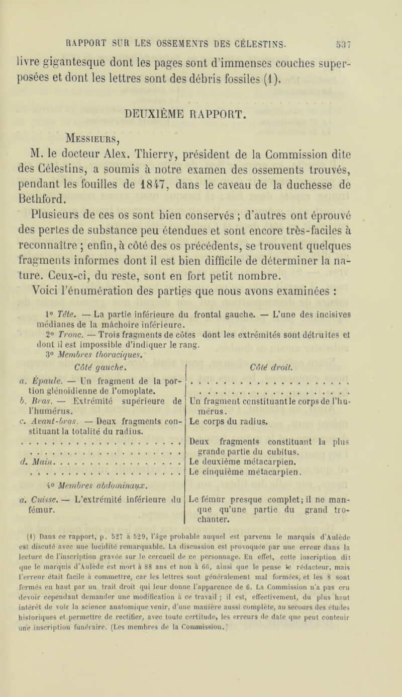 livre gigantesque dont les pages sont d’immenses couches super- posées et dont les lettres sont des débris fossiles (1). DEUXIÈME RAPPORT. Messieurs, M. le docteur Alex. Thierry, président de la Commission dite des Gélestins, a soumis à notre examen des ossements trouvés, pendant les fouilles de 1847, dans le caveau de la duchesse de Dethford. Plusieurs de ces os sont bien conservés ; d’autres ont éprouvé des perles de substance peu étendues et sont encore très-faciles à reconnaître ; enfin, à côté des os précédents, se trouvent quelques fragments informes dont il est bien difficile de déterminer la na- ture. Ceux-ci, du reste, sont en fort petit nombre. Voici l’énumération des parties que nous avons examinées : 10 Tête. — La partie inférieure du frontal gauche. — L’une des incisives médianes de la mâchoire inférieure. 2“ Tronc. — Trois fragments de côtes dont les extrémités sont détruites et dont il est impossible d’indiquer le rang. .30 Membres thoraciques. Côté gauche. a. Épaule. — Un fragment de la por- tion glénoïdienne de l’omoplate. b. liras. — Extrémité supérieure de Thumérus. c. Avant-bras. — Deux fragments con- stituant la totalité du radius. cl. Main 40 Membres abdominaux. a. Cuisse. — L’extrémité inférieure du fémur. Côté droit. Un fragment constituant le corps de l’hu- mérus. Le corps du radius. Deux fragments constituant la plu.s grande partie du cubitus. Le deuxième métacarpien. Le cinquième métacarpien. Le fémur presque complet; il ne man- que qu’une partie du grand tro- chanter. (I) Dans ce rapport, p. S27 à 529, l’àge prol)able auquel est parvenu le marquis d'Aulède est discuté avec nue lucidité remarquable. La discussion est provoquée par une erreur dans la lecture de l'inscription gravée sur le cercueil de ce personnage. Kn effet, cette inscription dit rpie le marquis d’Aulède est mort à 88 ans et non à 6fi, ainsi que le pense fc rédacteur, mais l’erreur était facile à cominetire, car les lettres sont généralement mal formées, et les 8 sont fermés en haut par un trait droit qui leur donne l'apparence de 6. La Commission n’a pas cru devoir cependant demander une modification à ce travail ; il est, effectivement, du plus haut intérêt de voir la science anatomique venir, d’une manière aussi complète, au secours des études historiques et permettre de rectifier, avec toute certitude, les erreurs de date que peut contenir un'ie inscription funéraire. (Les membres de la Commission.)'