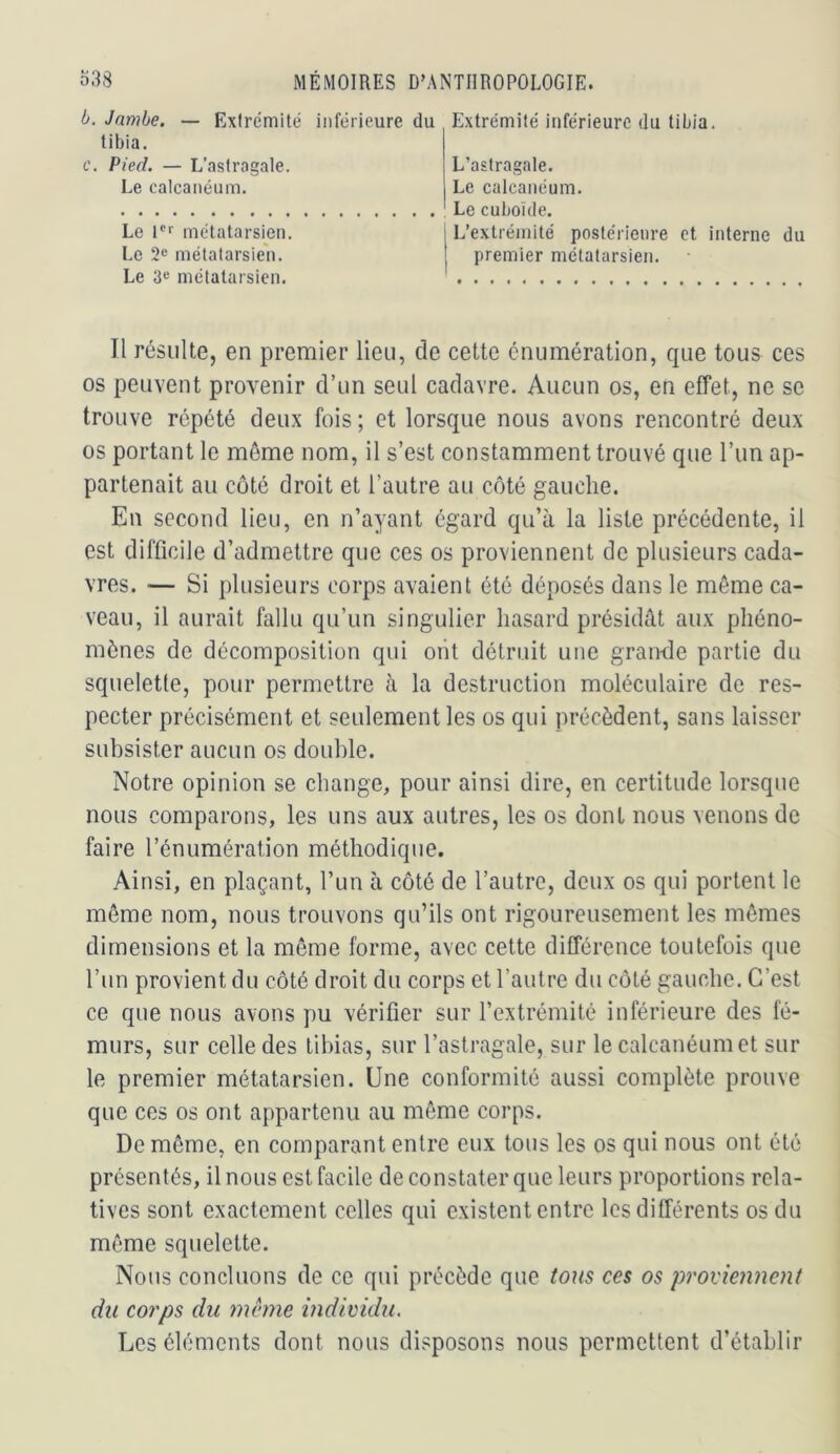 b. Jambe. — Exirémité inférieure du tibia. c. Pied. — L’astragale. Le calcanéum. Le r>' métatarsien. Le 2® métatarsien. Le 3e métatarsien. Extrémité inférieure du tibia. L’astragale, Le calcanéum. Le cuboïde. L’extrémité postérieure et interne du premier métatarsien. Il résulte, en premier lieu, de cette énumération, que tous ces os peuvent provenir d’un seul cadavre. Aucun os, en effet, ne se trouve répété deux fois ; et lorsque nous avons rencontré deux os portant le meme nom, il s’est constamment trouvé que l’un ap- partenait au côté droit et l’autre au côté gauche. En second lieu, en n’ayant égard qu’à la liste précédente, il est difficile d’admettre que ces os proviennent de plusieurs cada- vres. — Si plusieurs corps avaient été déposés dans le môme ca- veau, il aurait fallu qu’un singulier hasard présidât aux phéno- mènes de décomposition qui oiit détruit une grande partie du squelette, pour permettre à la destruction moléculaire de res- pecter précisément et seulement les os qui précèdent, sans laisser subsister aucun os double. Notre opinion se change, pour ainsi dire, en certitude lorsque nous comparons, les uns aux autres, les os dont nous venons de faire l’énumération méthodique. Ainsi, en plaçant, l’un à côté de l’autre, deux os qui portent le même nom, nous trouvons qu’ils ont rigoureusement les mômes dimensions et la môme forme, avec cette différence toutefois que l’un provient du côté droit du corps et l’autre du côté gauche. C’est ce que nous avons pu vérifier sur l’extrémité inférieure des fé- murs, sur celle des tibias, sur l’astragale, sur le calcanéum et sur le premier métatarsien. Une conformité aussi complète prouve que ces os ont appartenu au même corps. De même, en comparant entre eux tous les os qui nous ont été présentés, il nous est facile de constater que leurs proportions rela- tives sont exactement celles qui existent entre les différents os du môme squelette. Nous concluons de ce qui précède que tous ces os proviennent du corps du même individu. Les éléments dont nous disposons nous permettent d’établir