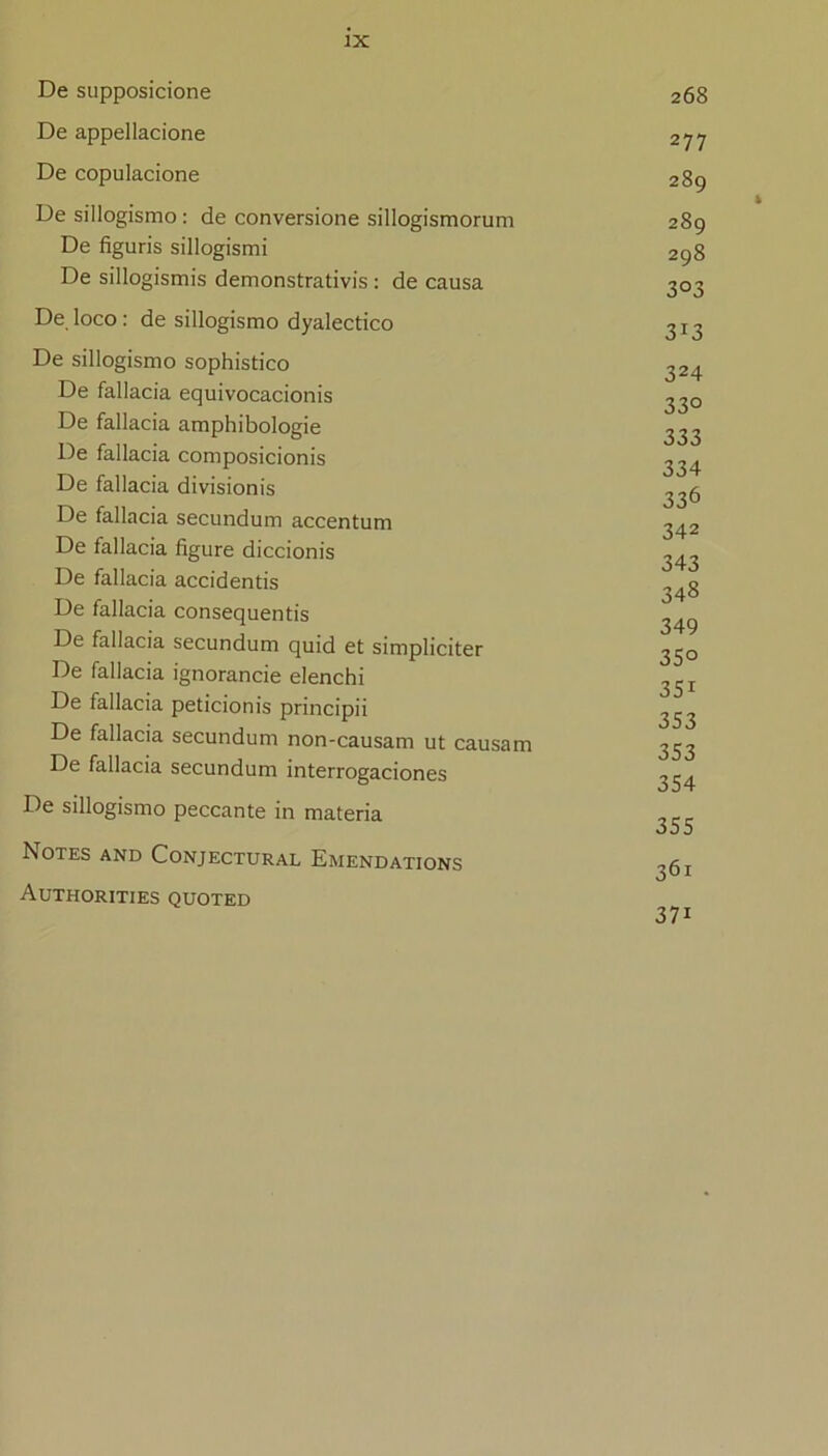 De supposicione De appellacione De copulacione De sillogismo : de conversione sillogismorum De figuris sillogismi De sillogismis demonstrativis : de causa De loco : de sillogismo dyalectico De sillogismo sophistico De fallacia equivocacionis De fallacia amphibologie De fallacia composicionis De fallacia divisionis De fallacia secundum accentum De fallacia figure diccionis De fallacia accidentis De fallacia consequentis De fallacia secundum quid et simpliciter De fallacia ignorancie elenchi De fallacia peticionis principii De fallacia secundum non-causam ut causam De fallacia secundum interrogaciones De sillogismo peccante in materia Notes and Conjecturae Emendations Authorities quoted 268 277 289 289 298 303 313 324 330 333 334 336 342 343 348 349 350 351 353 353 354 355 361 371