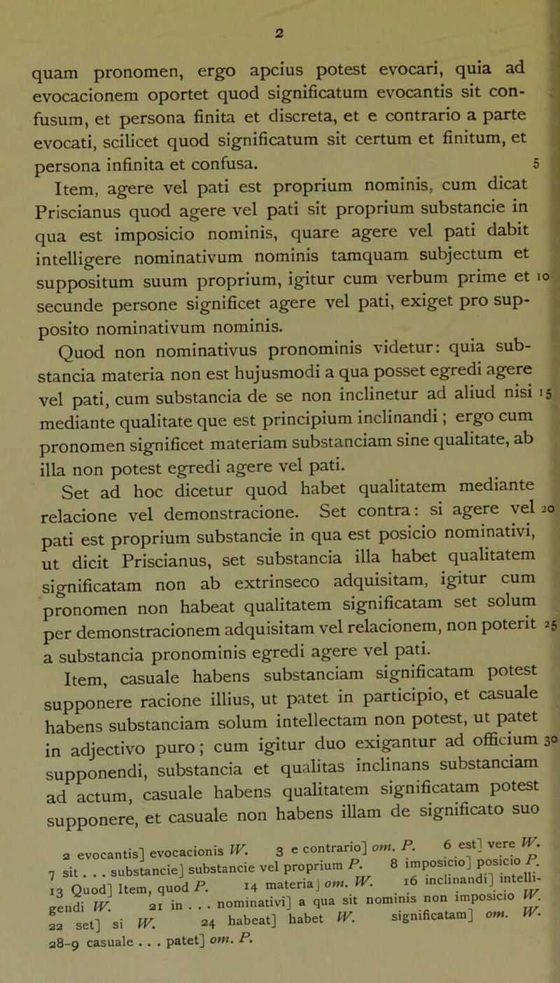 quam pronomen, ergo apcius potest evocari, quia ad | evocacionem oportet quod significatum evocantis sit con- fusum, et persona finita et discreta, et e contrario a parte ; evocati, scilicet quod significatum sit certum et finitum, et 1 persona infinita et confusa. 5 j Item, agere vel pati est proprium nominis, cum dicat Priscianus quod agere vel pati sit proprium substancie in qua est imposicio nominis, quare agere vel pati dabit intelligere nominativum nominis tamquam subjectum et suppositum suum proprium, igitur cum verbum prime et lo secunde persone significet agere vel pati, exiget pro sup- posito nominativum nominis. Quod non nominativus pronominis videtur: quia sub- stancia materia non est hujusmodi a qua posset egredi agere vel pati, cum substancia de se non inclinetur ad aliud nisi 15 mediante qualitate que est principium inclinandi; ergo cum pronomen significet materiam substanciam sine qualitate, ab illa non potest egredi agere vel pati. Set ad hoc dicetur quod habet qualitatem mediante relacione vel demonstracione. Set contra: si agere vel 20 pati est proprium substancie in qua est posicio nominativi, ut dicit Priscianus, set substancia illa habet qualitatem significatam non ab extrinseco adquisitam, igitur cum pronomen non habeat qualitatem significatam set solum per demonstracionem adquisitam vel relacionem, non poterit 25 a substancia pronominis egredi agere vel pati. Item, casuale habens substanciam significatam potest supponere racione illius, ut patet in participio, et casuale habens substanciam solum intellectam non potest, ut patet in adjectivo puro; cum igitur duo exi^mur ad officium 3° supponendi, substancia et qualitas inclinans substanciam ad actum casuale habens qualitatem significatam potest supponere, et casuale non habens illam de significato suo . evocantis] evocacionis ^ 3 e contrario] om. F. 6 estl vere IV. 7 sit. . . substancie] substancie vel proprium P. 8 imposicio] pos.c.o 13 Quod] Item, quod P. 14 materia J om. W. 16 inclinandi] inte - K^idi W. 21 in . . . nominativi] a qua sit nominis non imposicio L set] si W. 24 habeat] habet W. significatam] om. W. 28-9 casuale . . . patet] om. P.