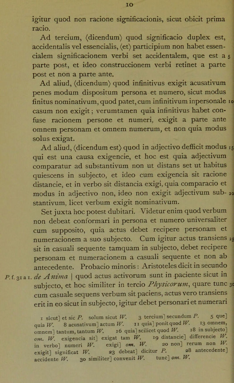 IO igitur quod non racione significacionis, sicut obicit prima racio. Ad tercium, (dicendum) quod significacio duplex est, accidentalis vel essencialis, (et) participium non habet essen- cialem significacionem verbi set accidentalem, que est a 5 parte post, et ideo construccionem verbi retinet a parte post et non a parte ante. Ad aliud, (dicendum) quod infinitivus exigit acusativum penes modum dispositum persona et numero, sicut modus finitus nominativum, quod patet, cum infinitivum inpersonale 10 casum non exigit; verumtamen quia infinitivus habet con- fuse racionem persone et numeri, exigit a parte ante omnem personam et omnem numerum, et non quia modus solus exigat. Ad aliud, (dicendum est) quod in adjectivo defficit modus 15 qui est una causa exigende, et hoc est quia adjectivum comparatur ad substantivum non ut distans set ut habitus quiescens in subjecto, et ideo cum exigenda sit racione distande, et in verbo sit distanda exigi, quia comparaclo et modus in adjectivo non, ideo non exigit adjectivum sub- 30 stantivum, licet verbum exigit nominativum. Set juxta hoc potest dubitari. Videtur enim quod verbum non debeat conformari in persona et numero universaliter cum supposito, quia actus debet recipere personam et numeracionem a suo subjecto. Cum igitur actus transiens 35 sit in casuali sequente tamquam in subjecto, debet recipere personam et numeracionem a casuali sequente et non ab antecedente. Probacio minoris: Aristoteles dicit in secundo P.f. 3iai. de Anima | quod actus activorum sunt in paciente sicut in subjecto, et hoc similiter in tercio Physicorum^ quare tunc 30 cum casuale sequens verbum sit paciens, actus vero transiens erit in eo sicut in subjecto, igitur debet personari et numerari I sicut] et sic P. solum sicut IV. 3 tercium] secundum P. 5 que] quia IV. 8 acusativum] actum IV. 11 quia] ponit quod IV. 13 omnem, omnem] tantum, tantum IV. 16 quia] scilicet quod JV. 18 in subjecto] om. W. exigencia sit] exigat tam W. 19 distancie] differencie IV. in verbo] numeri W. exigi] om. JV. 20 non] rerum non JV. exigit] significat JV. 23 debeat] dicitur P. a8 antecedente]