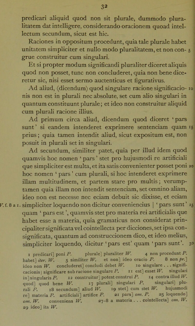 predicari aliquid quod non sit plurale, dummodo plura- litatem dat intelligere, considerando oracionem quoad intel- lectum secundum, sicut est hic. Raciones in oppositum procedunt, quia tale plurale habet unitatem simpliciter et nullo modo pluralitatem, et non con- 5 grue construitur cum singulari. Et si propter modum significandi pluraliter diceret aliquis quod non posset, tunc non concluderet, quia non bene dice- retur sic, nisi esset sermo auctenticus et figurativus. Ad aliud, (dicendum) quod singulare racione significacio- 10 nis non est in plurali nec absolute, set cum alio singulari in quantum constituunt plurale; et ideo non construitur aliquid cum plurali racione illius. Ad primum circa aliud, dicendum quod diceret ‘ pars sunt’ si eandem intenderet exprimere sentenciam quam 15 prius; quia tamen intendit aliud, sicut expositum est, non posuit in plurali set in singulari. Ad secundum, similiter patet, quia per illud idem quod quamvis hoc nomen ‘ pars ’ stet pro hujusmodi re artificiali que simpliciter est multa, et ita satis convenienter posset poni 30 hoc nomen ‘ pars ’ cum plurali, si hoc intenderet exprimere illam multitudinem, et partem stare pro multis; verump- tamen quia illam non intendit sentenciam, set omnino aliam, ideo non est necesse nec eciam debuit sic dixisse, et eciam F. f. 8 a I. simpliciter loquendo non dicitur conveniencius | ‘ pars sunt ’ 25 quam ‘ pars est quamvis stet pro materia rei artificialis que habet esse a materia, quia gramaticus non considerat prin- cipaliter significata vel cointellecta per dicciones, set ipsa con- significata, quantum ad construccionem dico, et ideo melius, simpliciter loquendo, dicitur ‘pars est’ quam ‘pars sunt’. 3° I predicari] poni P. plurale] pluraliter IV. 4 non procedunt P. habet] ifer. IV, 5 similiter IV. et non] ideo oracio P. 8 non fir.] ideo non fV. concluderet] concludi debet IV. lo singulare . . . signifi- cacionisj significare sub racione singulare P. ii est] esset fP. singulari in] singularis P. 12 construitur] potest construi P. 14 contra illud JP. quod] quod bene IV, 17 plurali] singulari P. singulari] plu- rali P. 18 secundum] aliud fV. 19 stet] cum stet IV. hujusmodi re] materia P. artificiali] artifice P. ai pars] ow. P. 25 loquendo] o»«. fV. conveniens fP. 27-8 a materia . . . cointellecta] ow. IV. 29 ideo] ita IV.