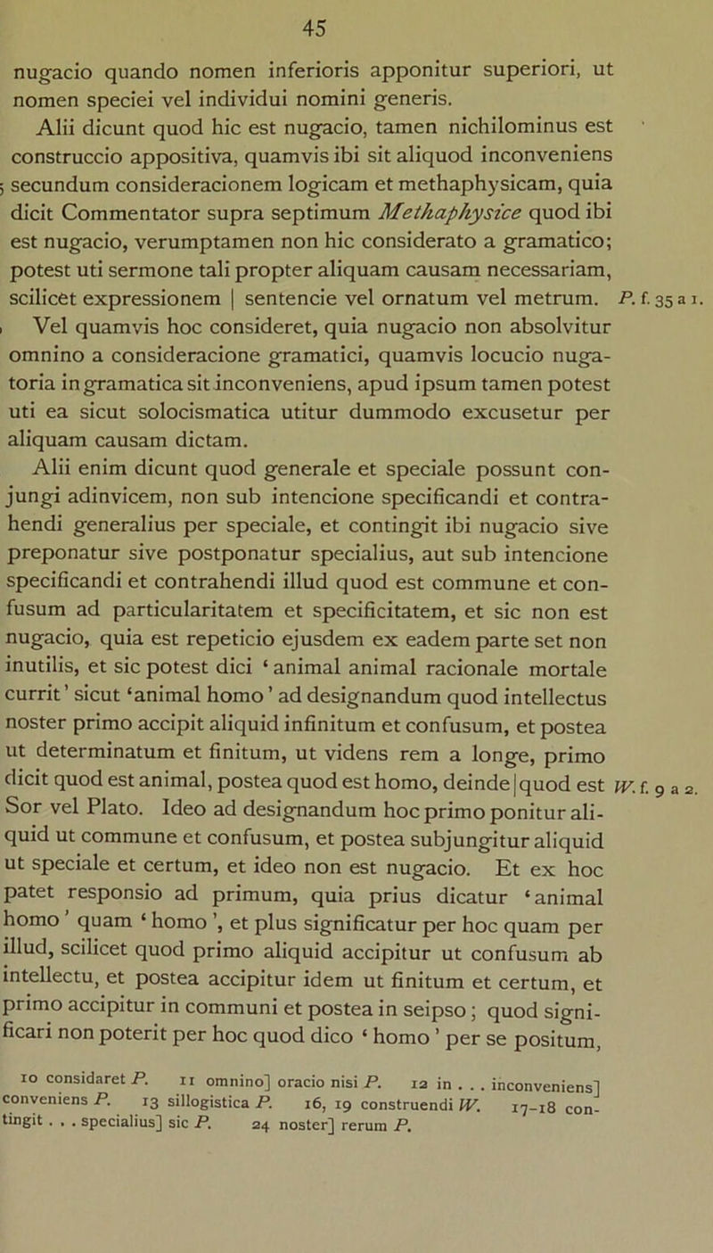 nugacio quando nomen inferioris apponitur superiori, ut nomen speciei vel individui nomini generis. Alii dicunt quod hic est nugacio, tamen nichilominus est construccio appositiva, quamvis ibi sit aliquod inconveniens ; secundum consideracionem logicam et methaphysicam, quia dicit Commentator supra septimum Metkaphysice quod ibi est nugacio, verumptamen non hic considerato a gramatico; potest uti sermone tali propter aliquam causam necessariam, scilicet expressionem | sentencie vel ornatum vel metrum. P. f. 35 a i. I Vel quamvis hoc consideret, quia nugacio non absolvitur omnino a consideracione gramatici, quamvis locucio nuga- toria in gramatica sit inconveniens, apud ipsum tamen potest uti ea sicut solocismatica utitur dummodo excusetur per aliquam causam dictam. Alii enim dicunt quod generale et speciale possunt con- jungi adinvicem, non sub intencione specificandi et contra- hendi generalius per speciale, et contingit ibi nugacio sive preponatur sive postponatur specialius, aut sub intencione specificandi et contrahendi illud quod est commune et con- fusum ad particularitatem et specificitatem, et sic non est nugacio, quia est repeticio ejusdem ex eadem parte set non inutilis, et sic potest dici ‘ animal animal racionale mortale currit’ sicut ‘animal homo ’ ad designandum quod intellectus noster primo accipit aliquid infinitum et confusum, et postea ut determinatum et finitum, ut videns rem a longe, primo dicit quod est animal, postea quod est homo, deinde |quod est iv.t.g a 2. Sor vel Plato. Ideo ad designandum hoc primo ponitur ali- quid ut commune et confusum, et postea subjungitur aliquid ut speciale et certum, et ideo non est nugacio. Et ex hoc patet responsio ad primum, quia prius dicatur ‘animal homo quam ‘ homo ’, et plus significatur per hoc quam per illud, scilicet quod primo aliquid accipitur ut confusum ab intellectu, et postea accipitur idem ut finitum et certum, et primo accipitur in communi et postea in seipso; quod signi- ficari non poterit per hoc quod dico ‘ homo ’ per se positum, lo considaret P. ii omnino] oracio nisi P. 12 in . . . inconveniens] conveniens P. 13 sillogistica P. 16, 19 construendi IV. 17-18 con- tingit . , , specialius] sic P, 24 noster] rerum P,