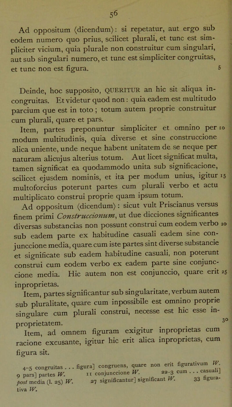 Ad oppositum (dicendum): si repetatur, aut ergo sub eodem numero quo prius, scilicet plurali, et tunc est sim- pliciter vicium, quia plurale non construitur cum singulari, aut sub singulari numero, et tunc est simpliciter congruitas, et tunc non est figura. Deinde, hoc supposito, QUERITUR an hic sit aliqua in- congruitas. Et videtur quod non: quia eadem est multitudo parcium que est in toto ; totum autem proprie construitur cum plurali, quare et pars. Item, partes preponuntur simpliciter et omnino per lo modum multitudinis, quia diverse et sine construccione alica uniente, unde neque habent unitatem de se neque per naturam alicujus alterius totum. Aut licet significat multa, tamen significat ea quodammodo unita sub significacione, scilicet ejusdem nominis, et ita per modum unius, igitur 15 multoforcius poterunt partes cum plurali verbo et actu multiplicato construi proprie quam ipsum totum. Ad oppositum (dicendum) : sicut vult Priscianus versus finem primi Consiruccionum^ ut due dicciones significantes diversas substancias non possunt construi cum eodem verbo 30 sub eadem parte ex habitudine casuali eadem sine con- junccione media, quare cum iste partes sint diverse substancie et significate sub eadem habitudine casuali, non poterunt construi cum eodem verbo ex eadem parte sine conjunc- cione media. Hic autem non est conjunccio, quare erit 25 inproprietas. Item, partes significantur sub singularitate, verbum autem sub pluralitate, quare cum inpossibile est omnino proprie singulare cum plurali construi, necesse est hic esse in- ® . 30 proprietatem. Item, ad omnem figuram exigitur inproprietas cum racione excusante, igitur hic erit alica inproprietas, cum figura sit. 4-5 congruitas . . . 9 pars] partes W. post media (1. 25) W. tiva IV. Hgura] congruens, quare non erit figurativum IV. II conjunccione W. 23-3 cum . . . casuali] 27 significantur] significant W. 33 figuia-