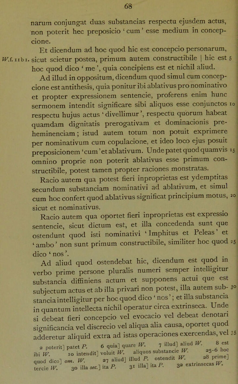 narum coniungat duas substancias respectu ejusdem actus, non poterit hec preposicio ‘ cum ’ esse medium in concep- cione. Et dicendum ad hoc quod hic est concepcio personarum, II bi. sicut scietur postea, primum autem constructibile | hic est 5 hoc quod dico ‘ me quia concipiens est et nichil aliud. Ad illud in oppositum, dicendum quod simul cum concep- cione est antithesis, quia ponitur ibi ablativus pro nominativo et propter expressionem sentencie, proferens enim hunc sermonem intendit significare sibi aliquos esse conjunctos 10 respectu hujus actus ‘ divellimur respectu quorum habeat quamdam dignitatis prerogativam et dominacionis pre- heminenciam; istud autem totum non potuit exprimere per nominativum cum copulacione, et ideo loco ejus posuit preposicionem‘cum’et ablativum. Unde patet quod quamvis 15 omnino proprie non poterit ablativus esse primum con- structibile, potest tamen propter raciones monstratas. Racio autem qua potest fieri inproprietas est ydemptitas secundum substanciam nominativi ad ablativum, et simul cum hoc confert quod ablativus significat principium motus, 20 sicut et nominativus. Racio autem qua oportet fieri inproprietas est expressio sentencie, sicut dictum est, et illa concedenda sunt que ostendunt quod isti nominativi ‘ Imphitus et Peleas et ‘ ambo ’ non sunt primum constructibile, similiter hoc quod 25 dico ‘ nos ’. . Ad aliud quod ostendebat hic, dicendum est quod m verbo prime persone pluralis numeri semper intelligitur substanda diffiniens actum et supponens actui que est subjectum actus et ab illa privari non potest, illa autem sub- 30 standa intelligitur per hoc quod dico ‘ nos ’; et illa substanda in quantum intellecta nichil operatur circa extrinseca. Unde si debeat fieri concepcio vel evocacio vel debeat denotari significanda vel discrecio vel aliqua alia causa, oportet quod adderetur aliquid extra ad istas operaciones exercendas, vel 35 2 poterit] patet P. 6 quia] quare W. 7 «lud] aHud W. 8 est ihilV. IO intendit] voluit W. aliquos substancie^. 25-6 hoc quod dico] om. W. =»7 aliud] illud P. ostendit fT. a8 pr^e] Lcie IV. 30 illa s^c.] ita P. 31 iHa] ita P. 3» extr.nsecas JT.