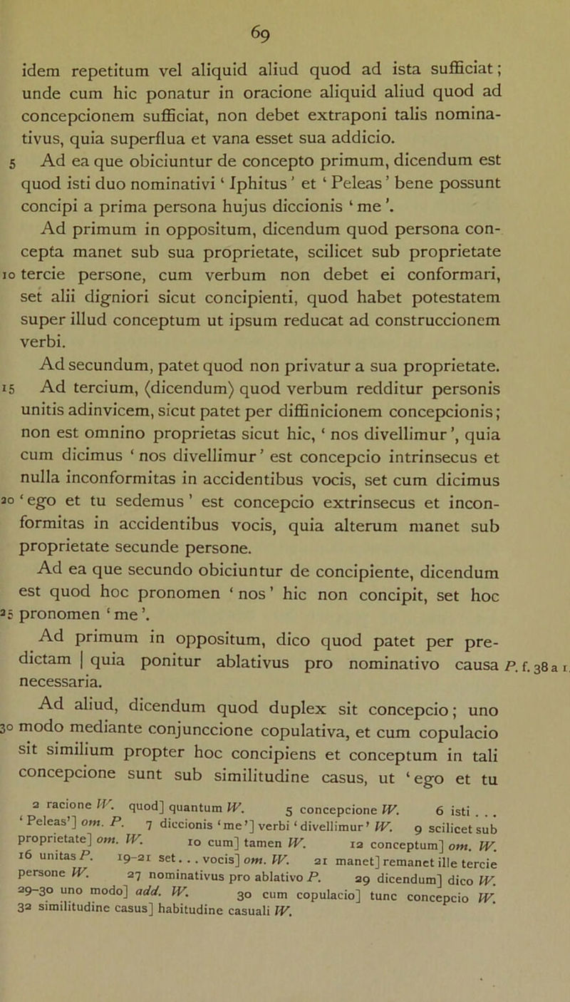 idem repetitum vel aliquid aliud quod ad ista suflBciat; unde cum hic ponatur in oracione aliquid aliud quod ad concepcionem sufficiat, non debet extraponi talis nomina- tivus, quia superflua et vana esset sua addicio. 5 Ad ea que obiciuntur de concepto primum, dicendum est quod isti duo nominativi ‘ Iphitus ’ et ‘ Peleas ’ bene possunt concipi a prima persona hujus diccionis ‘ me Ad primum in oppositum, dicendum quod persona con- cepta manet sub sua proprietate, scilicet sub proprietate IO tercie persone, cum verbum non debet ei conformari, set alii digniori sicut concipienti, quod habet potestatem super illud conceptum ut ipsum reducat ad construccioncm verbi. Ad secundum, patet quod non privatur a sua proprietate. 15 Ad tercium, (dicendum) quod verbum redditur personis unitis adinvicem, sicut patet per diffinicionem concepcionis; non est omnino proprietas sicut hic, ‘ nos divellimur ’, quia cum dicimus ‘ nos divellimur ’ est concepcio intrinsecus et nulla inconformitas in accidentibus vocis, set cum dicimus 30 ‘ ego et tu sedemus ’ est concepcio extrinsecus et incon- formitas in accidentibus vocis, quia alterum manet sub proprietate secunde persone. Ad ea que secundo obiciuntur de concipiente, dicendum est quod hoc pronomen ‘ nos ’ hic non concipit, set hoc 35 pronomen ‘me Ad primum in oppositum, dico quod patet per pre- dictam | quia ponitur ablativus pro nominativo causa p. f. 3Sa r. necessaria. Ad aliud, dicendum quod duplex sit concepcio; uno 30 modo mediante conjunccione copulativa, et cum copulacio sit similium propter hoc concipiens et conceptum in tali concepcione sunt sub similitudine casus, ut ‘ ego et tu 2 racione IV. quod] quantum IV. 5 concepcione IV. 6 isti . . . ‘ Peleas’] ow. P. 7 diccionis‘me’] verbi ‘ divellimur ’ W’’. 9 scilicet sub proprietate] om. IV. 10 cum] tamen IV. la conceptum] om. IV. 16 unitas P. 19-21 set... vocis] o»i. fP. 21 manet] remanet ille tercie persone IV. 27 nominativus pro ablativo P. 29 dicendum] dico IV. 29-30 uno modo] add. IV. 30 cum copulacio] tunc concepcio IV. 32 similitudine casus] habitudine casuali IV.