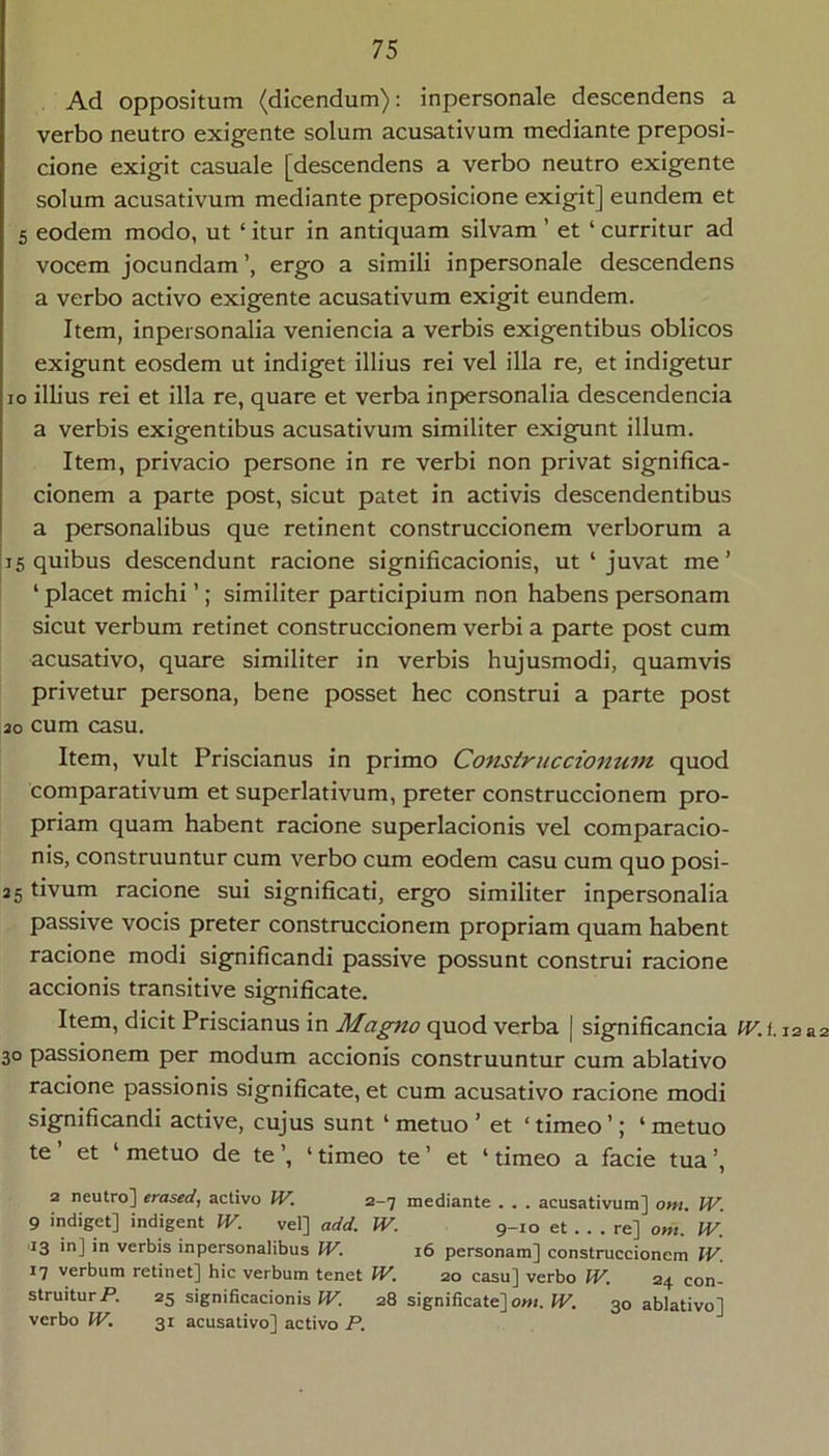 Ad oppositum (dicendum): inpersonale descendens a verbo neutro exigente solum acusativum mediante preposi- cione exigit casuale [descendens a verbo neutro exigente solum acusativum mediante preposicione exigit] eundem et 5 eodem modo, ut ‘ itur in antiquam silvam ’ et ‘ curritur ad vocem jocundam ergo a simili inpersonale descendens a verbo activo exigente acusativum exigit eundem. Item, inpersonalia veniencia a verbis exigentibus oblicos exigunt eosdem ut indiget illius rei vel illa re, et indigetur IO illius rei et illa re, quare et verba inpersonalia descendenda a verbis exigentibus acusativum similiter exigunt illum. Item, privacio persone in re verbi non privat significa- cionem a parte post, sicut patet in activis descendentibus a personalibus que retinent construccionem verborum a i 15 quibus descendunt racione significacionis, ut ‘ juvat me’ ‘ placet michi ’; similiter participium non habens personam sicut verbum retinet construccionem verbi a parte post cum acusativo, quare similiter in verbis hujusmodi, quamvis privetur persona, bene posset hec construi a parte post ao cum casu. Item, vult Priscianus in primo Consiruccionum quod comparativum et superlativum, preter construccionem pro- priam quam habent racione superlacionis vel comparacio- nis, construuntur cum verbo cum eodem casu cum quo posi- 35 tivum racione sui significati, ergo similiter inpersonalia passive vocis preter construccionem propriam quam habent racione modi significandi passive possunt construi racione accionis transitive significate. Item, dicit Priscianus in Magno quod verba | significancia IV. 1.12 22 30 passionem per modum accionis construuntur cum ablativo racione passionis significate, et cum acusativo racione modi significandi active, cujus sunt ‘ metuo ’ et ‘ timeo ’; ‘ metuo te et ‘ metuo de te ’, ‘ timeo te ’ et ‘ timeo a facie tua ’, 2 neutro] erased, activo W. 2-7 mediante . . . acusativum] om. IV. 9 indiget] indigent W. vel] add. W. 9-10 et . . . re] om. IV. '13 in] in verbis inpersonalibus IV. 16 personam] construccionem IV. 17 verbum retinet] hic verbum tenet W. 20 casu] verbo W. 24 con- struitur P. 25 significacionis PP. 28 significate] o»i. fP. 30 ablativo] verbo W. 31 acusativo] activo P.