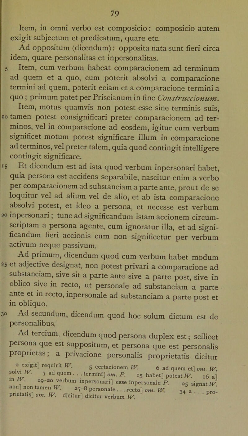 Item, in omni verbo est composicio: composicio autem exigit subjectum et predicatum, quare etc. Ad oppositum (dicendum): opposita nata sunt fieri circa idem, quare personalitas et inpersonalitas. 5 Item, cum verbum habeat comparacionem ad terminum ad quem et a quo, cum poterit absolvi a comparacione termini ad quem, poterit edam et a comparacione termini a quo ; primum patet per Priscianum in fine Coiisirticcionum. Item, motus quamvis non potest esse sine terminis suis, IO tamen potest consignificari preter comparacionem ad ter- minos, vel in comparacione ad eosdem, igitur cum verbum significet motum potest significare illum in comparacione ad terminos, vel preter talem, quia quod contingit intelligere contingit significare. ji5 Et dicendum est ad ista quod verbum inpersonari habet, quia persona est accidens separabile, nascitur enim a verbo per comparacionem ad substanciam a parte ante, prout de se loquitur vel ad alium vel de alio, et ab ista comparacione absolvi potest, et ideo a persona, et necesse est verbum ao inpersonari; tunc ad significandum istam accionem circum- scriptam a persona agente, cum ignoratur illa, et ad signi- ficandum fieri accionis cum non significetur per verbum activum neque passivum. Ad primum, dicendum quod cum verbum habet modum 25 et adjective designat, non potest privari a comparacione ad substanciam, sive sit a parte ante sive a parte post, sive in oblico sive in recto, ut personale ad substanciam a parte ante et in recto, inpersonale ad substanciam a parte post et in obliquo. 30 Ad secundum, dicendum quod hoc solum dictum est de personalibus. Ad tercium, dicendum quod persona duplex est; scilicet persona que est suppositum, et persona que est personalis proprietas; a privacione personalis proprietatis dicitur 2 exigit] requirit W. 5 certacionem W. 6 ad quem etl om IV solv^IV. 7 ad quem... termini] 15 habet] potest 16 a] »n 19-20 verbum inpersonari] esse inpersonale P. 2^ signat non] non tamen IV. 27-8 personale . .. recto] om. IV. 34 a . . . pro- prietatis] om. IV. dicitur] dicitur verbum W. ' ^