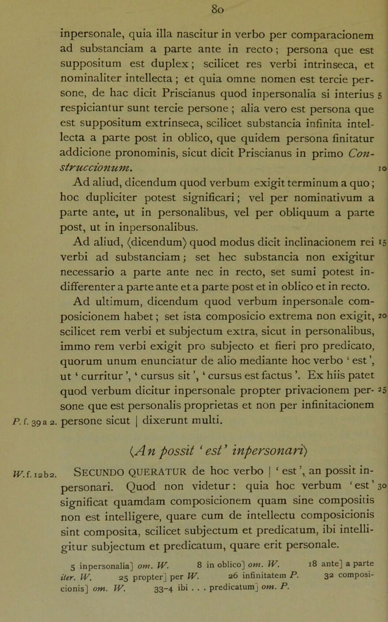 inpersonale, quia illa nascitur in verbo per comparacionem ad substanciam a parte ante in recto; persona que est suppositum est duplex; scilicet res verbi intrinseca, et nominaliter intellecta; et quia omne nomen est tercie per- sone, de hac dicit Priscianus quod inpersonalia si interius 5 respiciantur sunt tercie persone ; alia vero est persona que est suppositum extrinseca, scilicet substancia infinita intel- lecta a parte post in oblico, que quidem persona finitatur addicione pronominis, sicut dicit Priscianus in primo Con- siruccionum. 10 Ad aliud, dicendum quod verbum exigit terminum a quo; hoc dupliciter potest significari; vel per nominativum a parte ante, ut in personalibus, vel per obliquum a parte post, ut in inpersonalibus. Ad aliud, (dicendum) quod modus dicit inclinacionem rei 15 verbi ad substanciam; set hec substancia non exigitur necessario a parte ante nec in recto, set sumi potest in- differenter a parte ante et a parte post et in oblico et in recto. Ad ultimum, dicendum quod verbum inpersonale com- posicionem habet; set ista composicio extrema non exigit, 20 scilicet rem verbi et subjectum extra, sicut in personalibus, immo rem verbi exigit pro subjecto et fieri pro predicato, quorum unum enunciatur de alio mediante hoc verbo ‘ est ’, ut ‘ curritur ’, ‘ cursus sit ’, ‘ cursus est factus Ex hiis patet quod verbum dicitur inpersonale propter privacionem per- 25 sone que est personalis proprietas et non per infinitacionem P. r. 393 a. persone sicut | dixerunt multi. i^An possit * est’ inpersonari) iv.f.izbs. Secundo queratur de hoc verbo | ‘ est ’, an possit in- personari. Quod non videtur: quia hoc verbum ‘ est ’ 30 significat quamdam composicionem quam sine compositis non est intelligere, quare cum de intellectu composicionis sint composita, scilicet subjectum et predicatum, ibi intelli- gitur subjectum et predicatum, quare erit personale. 5 inpersonalia^ ow. fP. 8 in oblico] om. IV, 18 ante] a parte iter, IV, 35 propter] per IV. a6 infinitatem P, 3^ composi- cionis] otrt. W. 33-4 ibi . . . predicatum] om. P.