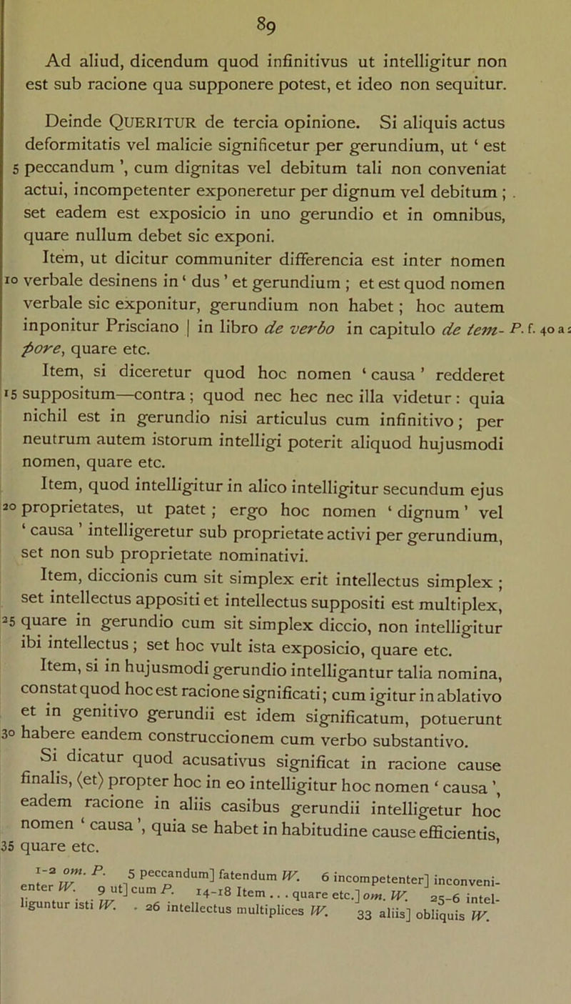 Ad aliud, dicendum quod infinitivus ut intelligitur non est sub racione qua supponere potest, et ideo non sequitur. Deinde Queritur de tercia opinione. Si aliquis actus deformitatis vel malicie significetur per gerundium, ut ‘ est 5 peccandum cum dignitas vel debitum tali non conveniat actui, incompetenter exponeretur per dignum vel debitum; . set eadem est exposicio in uno gerundio et in omnibus, quare nullum debet sic exponi. Item, ut dicitur communiter differencia est inter nomen IO verbale desinens in ‘ dus ’ et gerundium ; et est quod nomen verbale sic exponitur, gerundium non habet; hoc autem inponitur Prisciano | in libro de verbo in capitulo de iem- P- I pore, quare etc. Item, si diceretur quod hoc nomen ‘ causa ’ redderet 15 suppositum—contra; quod nec hec nec illa videtur: quia nichil est in gerundio nisi articulus cum infinitivo; per neutrum autem istorum intelligi poterit aliquod hujusmodi nomen, quare etc. Item, quod intelllgitur in alico intelligitur secundum ejus 20 proprietates, ut patet ; ergo hoc nomen ‘ dignum ’ vel causa intelligeretur sub proprietate activi per gerundium, set non sub proprietate nominativi. Item, diccionis cum sit simplex erit intellectus simplex ; set intellectus appositi et intellectus suppositi est multiplex, 25 quare In gerundio cum sit simplex diccio, non intelligitur ibi intellectus; set hoc vult ista exposicio, quare etc. Item, si In hujusmodi gerundio intelligantur talia nomina, constat quod hoc est racione significati; cum igitur in ablativo et in genitivo gerundii est idem significatum, potuerunt 30 habere eandem construccionem cum verbo substantivo. Si dicatur quod acusativus significat In racione cause finalis, (et) propter hoc in eo intelligitur hoc nomen ‘ causa ’, eadem racione in aliis casibus gerundii intelligetur hoc nomen ‘ causa ’, quia se habet in habitudine cause eflficientis 35 quare etc. ’ ^ pecMndum] fatendum IV. 6 incompetenter] inconveni- r . 9 ut] cum P. 14-18 Item... quare etc.] 25-6 intel- Lguntur ,st. W. . 26 intellectus multiplices W. 33 aliis] obliquis W.