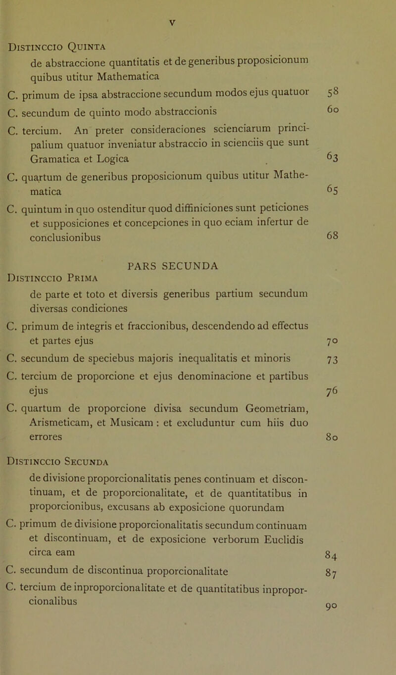 Distinccio Quinta de abstraccione quantitatis et de generibus proposicionum quibus utitur Mathematica C. primum de ipsa abstraccione secundum modos ejus quatuor C. secundum de quinto modo abstraccionis C. tercium. An preter consideraciones scienciarum princi- palium quatuor inveniatur abstraccio in scienciis que sunt Gramatica et Logica C. quartum de generibus proposicionum quibus utitur Mathe- matica C. quintum in quo ostenditur quod diffiniciones sunt peticiones et supposiciones et concepciones in quo eciam infertur de conclusionibus PARS SECUNDA Distinccio Prima de parte et toto et diversis generibus partium secundum diversas condiciones C. primum de integris et fraccionibus, descendendo ad effectus et partes ejus C. secundum de speciebus majoris inequalitatis et minoris C. tercium de proporcione et ejus denominacione et partibus ejus C. quartum de proporcione divisa secundum Geometriam, Arismeticam, et Musicam : et excluduntur cum hiis duo errores Distinccio Secunda de divisione proporcionalitatis penes continuam et discon- tinuam, et de proporcionalitate, et de quantitatibus in proporcionibus, excusans ab exposicione quorundam C. primum de divisione proporcionalitatis secundum continuam et discontinuam, et de exposicione verborum Euclidis circa eam C. secundum de discontinua proporcionalitate C. tercium de inproporcionalitate et de quantitatibus inpropor- cionalibus