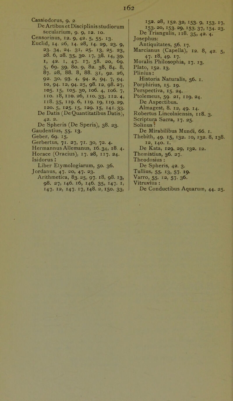 Cassiodorus, 9. 2 De Artibus et Disciplinis studiorum secularium, 9. 9, 12. 10. Censorinus, 12. 9, 42. 5, 55. 13. Euclid, 14. 26, 14. 28, 14. 29, 23. 9, 23- 34, 24- 31, 25. 13, 25. 23, 28. 6, 28. 35, 30. 17, 38. 14, 39. I, 42. I. 47- 17, 58. 20, 69. 5, 69. 39, 80. 9, 82. 38, 84. 8, 87. 28, 88. 8, 88. 31, 92. 26, 92. 30, 93. 4, 94. 2, 94. 7, 94. 10, 94. 12, 94. 25, 98. 12, 98. 27, 105. 15, 105. 30, 106. 4, 106. 7, 110. 18, iio. 26, rio. 33, 112. 4, 118. 35, 119. 6, 119. 19, 119.29, 120. 5, 125. 15, 129. 15, 141.33. De Datis (DeQuantitatibus Datis), 42. 2. De Spheris (De Speris), 38. 23. Gaudentius, 55. 13. Geber, 69. 15. Gerbertus, 71. 27, 71. 30, 72. 4. Hermannus Allemanus, 16.34, 18. 4. Horaee (Oracius), 17. 28, 117. 24. Isidorus : Liber Etymologiarum, 50. 36. Jordanus, 47. 20, 47. 23. Arithmetica, 83. 25, 97. 18, 98. 13, 98. 27, 146. 16, 146. 35, 147. I, 147. 12, 147. 17, 148. 2,150. 33, 152. 28, 152. 32, 153. 9, 153. 17, 1^. 20, 153. 29, 153. 37, 154. 23. De Triangulis, 118. 35, 42. 4. Josephus; Antiquitates, 56. 17. Marcianus (Capella), 12. 8, 42. 5, 47. 18, 49. 17. Moralis Philosophia, 17. 13. Plato, 152. 13. Plinius: Historia Naturalis, 56. i. Porphirius, 15. 19. Perspectiva, 15. 24. Ptolemeus, 59. 21, 119. 24. De Aspectibus. Almagest, 8. 12, 49. 14. Robertus Lincolniensis, 118. 3. Scriptura Sacra, 17. 25. Solinus^ De Mirabilibus Mundi, 66. i. Thebith, 49. 15, 132. to, 132. 8, 138. 12, 140. I. De Kata, 129. 29, 132. 12. Themistius, 36. 27. Theodosius : De Spheris, 42. 3. Tullius, 55. 13, 57. 19. Varro, 55. 12, 57. 36. Vitruvius : De Conductibus Aquarum, 44. 25.