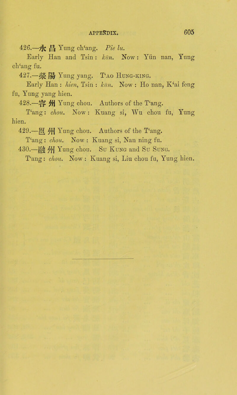 426. —^ H Yung ch'ang. Pie In. Early Han and Tsin: kiln. Now: Yiin nan, ¥ung ch‘ang fu. 427. —{^r Yung yang. T‘ao Hung-king. Early Han : hien, Tsin : kiln. Now : Ho nan, K‘ai feng fu, Yung yang hien. 428. —^ jjf] Yung chou. Authors of the T‘ang. T‘ang: chou. Now: Kuang si, Wu chou fu, Yung hien. 429. —Yung chou. Authors of the T‘ang. Hang : chou. Now : Kuang si, Nan ning fu. 430. —j|i{| Yung chou. Su Kung and Su Sung. T‘ang: chou. Now : Kuang si, Liu chou fu, Yung hien.