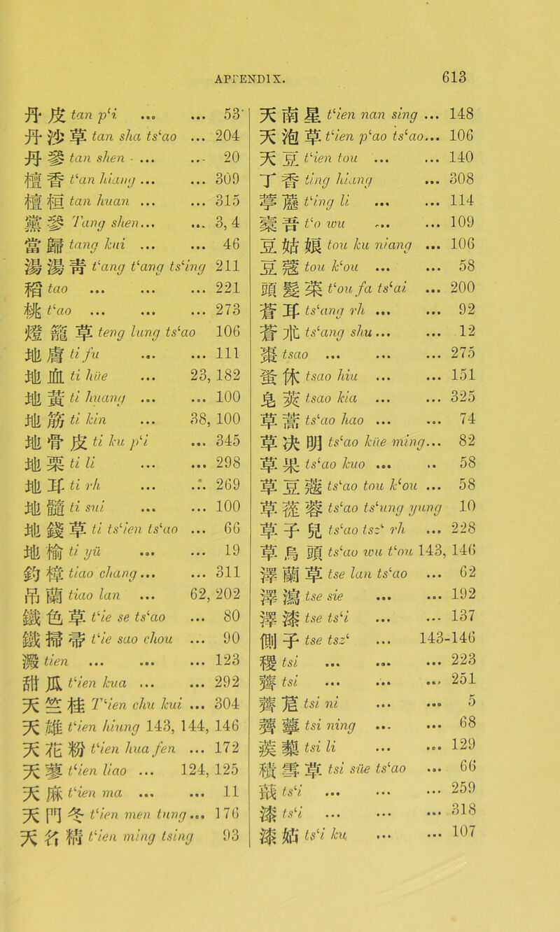 ^ tan pli tan sha ts‘ao ... 7|> tan shen ... til W fan hiang ... U ;fjj tan huan ... ^ Tang shen... ... eh tang kni ... 'Mj Wj pf f'ang fang tsling fg tao tlao ‘)M hI ^ teng lung tsiao illi jjjf ti fu illi Jfil ti hue ... 23, illi M' haang ... illi Wi ti kin ••• 38, illi # JF>C ti ku pli illi ti li ... ... illi If- ti rh illi ti sui ... ... illi iii ^ ti tslien ts‘ao ... illi Mi ti Vil §5} tlao chang... ft M tiuo lan ... 62, tlie se ts‘ao §ii ^ t‘ie sao chon tien Sit JR Pien kua ... ^ ® Tiien chu kni ... Vien luung 143, 144, fit tlien hua fen ... % !|§l tli.en liao ... 124, 3c US ££zVn ma ... tlien men tnng... ^ fj'l tlien ming tsing 53’ 204 20 309 315 3,4 46 211 221 273 106 111 182 100 100 345 298 269 100 66 19 311 202 80 90 123 292 304 146 172 125 11 176 93 ppj J|1 Pien nan sing ^ IpC tlien p‘ao ts‘ao % 3c __ .51 tLien ton TIP? ting hiang ? ~cf m % ¥ si ft 3VK H f-ing li ££o wu M niang ^ £cn« &£oiz |f£ fou fa tslai % tslang rh .. 7]t ts‘ang shu.. t sao ... .. ^ tsao Ida tsao kia tslao hao .. ik M tshio kite ming ts‘ao kuo ... ff. tslao ton klou ^ jjp tslao tslung yang T 5S tshio tsP rh JPI f/j| tslao wu tlou 143, }f|j Jp! tse lan tslao 'MX tse sie $f; tse tsli ^ tse tsz1 ... 143- tsi ••• tsi ••• tsi ni iff tsi ning l^. tsi li £s/ sz'te £s£«o £s£/ £.9£Z £s£/ /L'U 148 106 140 308 114 109 106 58 200 92 12 275 151 325 74 82 58 58 10 228 146 62 192 137 146 223 251 5 68 129 66 259 318 107