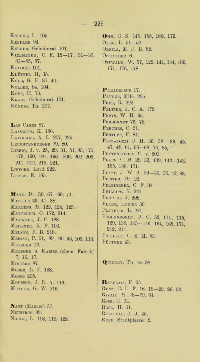 Keller, L. 105. Keppler 94. Kerner, Geheimrat 101. Kielmeyer, C. F. 15—17, 31—33, 83-85, 87. Klaiber 101. Klüpfel 31, 35. Kolb, G. E. 37, 40. Koller, 84, 104. Kopp, H. 73. Kraus, Geheimrat 101. Kündig, Th. 207. Iias Gases 87. Lasswitz, K. 180. Lavoisier, A. L. 207, 225. Leuchtenburger 79, 80. Liebig, J. v. 25, 29, 31, 51, 83, 175, 176, 190, 191, 196—200. 202, 203, 211. 212, 215, 221. Lifford, Lord 222. Littrü, E. 185. Mayo. Dr. 39, 67—69, 71. Martius 33, 41, 88. Martens, M. 122, 124, 125. Matteucci, C. 172, 214. Maxwell, J. C. 188. Meissner, K. F. 103. Melson, F. B. 218. Merian, P. 51, 89, 90, 93, 103, 110. Metzger 12. Metzger u. Kaiser (chem. Fabrik) 7, 16, 17. Moliüre 87. Moser, L. F. 188. Moses 205. Mousson, J. R. A. 116. Muncke, G. W. 216. Nast (Maurer) 37. Neukirch 99. Nobili, L. H8, 119, 122. Ohm, G. S. 145. 155, 165, 172. Oken, L. 51—52. Orfila, M. J. B. 82. Ossiander 6. Ostwald, W. 57, 129, 141, 144, 166, 171. 176, 178. Paracelsus 17. Paulze, Mlle. 225. Peel, R. 222. Peltier, J. C. A. 172. Pepys, W. H. 95. Perdonnet 76, 78. Perthes, C. 51. Perthes, F. 84. Pestalozzi, J. H. 36, 38 — 39, 45. 47, 48. 61, 66—68, 70, 85, Pettknkofer, M. v. 201. Pfaff, C. H. 29, 33, 139, 142—143, 165, 166, 171. Pfaff, J. W. A. 29—30, 35, 42, 63, Pfister, Dr. 22. Pfleiderer, C. F. 32. Phillips, R. 221. Piccard, J. 208. Plank, Louise 30. Playfair, L. 221. Poggendorff, J. C. 52, 114, 115, 129, 138, 143—146, 164, 165. 171.’ 212. 214. Pouillet, C. S. M. 83. PÜTTNER 43. Quincey, Th. de 88. Rabelais, F. 23. Renz, C. L. F. 16. 19—20. 26, 32. Rivail, M. 78—79, 84. Rose, G. 51. Rose, H. 51. Rousseau, J. J. 36. Rupp. Stadtpfarrer 2.