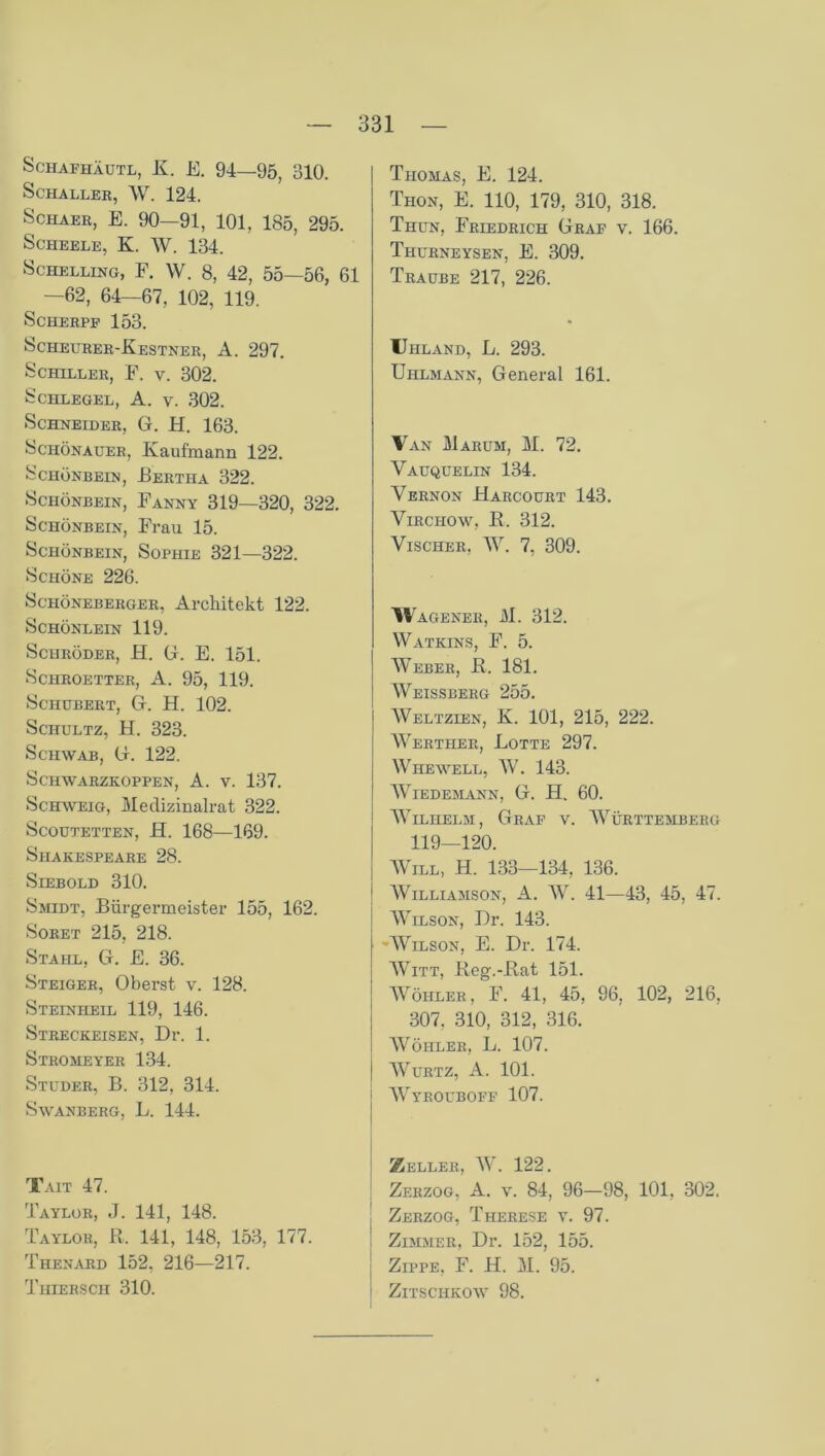 Schafhäutl, K. E. 94—95, 310. ScHALLER, w. 124. Schaer, E. 90—91, 101, 185, 295. Scheele, K. W. 134. Schelling, F. W. 8, 42, 55—56, 61 —62, 64—67, 102, 119. Scherpf 153. Scheurer-Kestner, A. 297. Schiller, F. v. 302. Schlegel, A. v. 302. Schneider, G. H. 163. Schönauer, Kaufmann 122. Schönbein, -Bertha 322. Schönbein, Fanny 319—320, 322. Schönbein, Frau 15. Schönbein, Sophie 321—322. Schöne 226. Schöneberger, Architekt 122. Schönlein 119. Schröder, H. G. E. 151. Schroetter, A. 95, 119. Schubert, G. H. 102. Schultz, H. 323. Schwab, G. 122. Schwarzkoppen, A. v. 137. Schweig, Medizinalrat 322. Scoutetten, H. 168—169. Shakespeare 28. Siebold 310. Smidt, Bürgermeister 155, 162. Soret 215, 218. Stahl, G. E. 36. Steiger, Oberst v. 128. Steinheil 119, 146. Streckeisen, Dr. 1. Stromeyer 134. Studer, B. 312, 314. Swanberg, L. 144. Tait 47. Taylor, J. 141, 148. Taylor, R. 141, 148, 153, 177. Thenard 152, 216—217. Thiehsch 310. Thomas, E. 124. Thon, E. 110, 179, 310, 318. Thun, Friedrich Graf v. 166. Thcrneysen, E. 309. Traube 217, 226. Uhland, L. 293. Uiilmann, General 161. Van Marum, M. 72. Vauquelin 134. Vernon Harcourt 143. Virchow, R. 312. Vischer, AV. 7, 309. Wagener, M. 312. Watkins, F. 5. Weber, R. 181. Weissberg 255. AVeltzien, K. 101, 215, 222. AVertiier, Lotte 297. AVhewell, AV. 143. AViedemann, G. H. 60. AVilhelm, Graf v. Württemberg 119—120. AVill, H. 133—134, 136. AVilliamson, A. W. 41—43, 45, 47. AVilson, Er. 143. -AYilson, E. Dr. 174. Witt, Reg.-Rat 151. Wöhler, F. 41, 45, 96, 102, 216, 307. 310, 312, 316. AArÖHLER, L. 107. AAruRTz, A. 101. AVyrouboff 107. Zeller, AV. 122. Zerzog, A. v. 84, 96—98, 101. 302. ; Zerzog, Therese y. 97. Zimmer, Dr. 152, 155. | Zippe, F. H. M. 95. I Zitschkow 98.