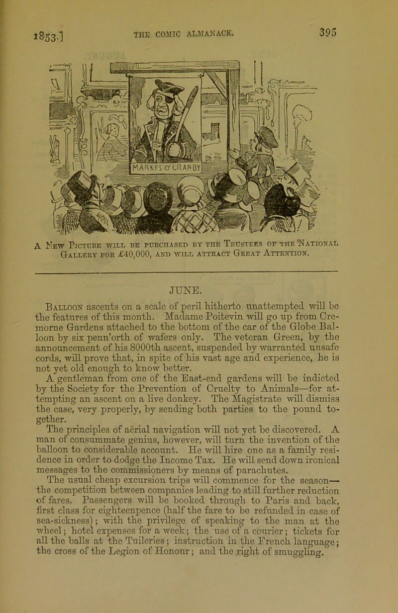 1853-1 A New Picture wilt, tie purchased by the Trustees of the National Gallery for £40,000, and will attract Great Attention. JUNE. Balloon ascents on a scale of peril hitherto unattempted will bo the features of this month. Madame Poitevin will go up from Cre- mome Gardens attached to the bottom of the car of the Globe Bal- loon by six penn’orth of wafers only. The veteran Green, by the announcement of his 8000th ascent, suspended by warranted unsafe cords, will prove that, in spite of his vast age and experience, he is not yet old enough to know better. A gentleman from one of the East-end gardens will be indicted by the Society for the Prevention of Cruelty to Animals—for at- tempting an ascent on a live donkey. The Magistrate will dismiss the case, very properly, by sending both parties to the pound to- gether. The principles of aerial navigation will not yet be discovered. A man of consummate genius, however, will turn the invention of the balloon to considerable account. He will hire one as a family resi- dence in order to dodge the Income Tax. He will send down ironical messages to the commissioners by means of parachutes. The usual cheap excursion trips will commence for the season— the competition between companies leading to still further reduction of fares. Passengers will be booked through to Paris and back, first class for eighteenpence (half the fare to be refunded in case of sea-sickness); with the privilege of speaking to the man at the wheel; hotel expenses for a week; the use of a courier; tickets for all the balls at the Tuileries; instruction in the Erencli language; the cross of the Legion of Honour; and the right of smuggling.