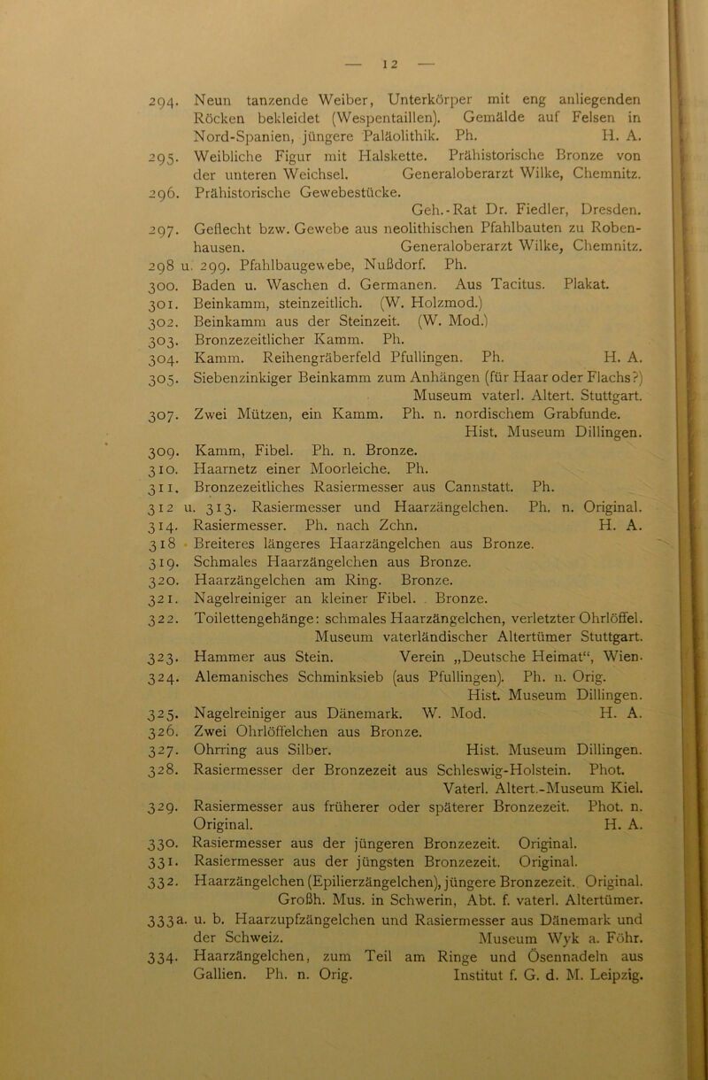 294- Neun tanzende Weiber, Unterkörper mit eng anliegenden Röcken bekleidet (Wespentaillen). Gemälde auf Felsen in Nord-Spanien, jüngere Paläolithik. Ph. H. A. 295. Weibliche Figur mit Halskette. Prähistorische Bronze von der unteren Weichsel. Generaloberarzt Wilke, Chemnitz. 296. Prähistorische Gewebestücke. Geh.-Rat Dr. Fiedler, Dresden. 297. Geflecht bzw. Gewebe aus neolithischen Pfahlbauten zu Roben- hausen. Generaloberarzt Wilke, Chemnitz. 298 u. 299. Pfahlbaugewebe, Nußdorf. Ph. 300. Baden u. Waschen d. Germanen. Aus Tacitus. Plakat. 301. Beinkamm, steinzeitlich. (W. Holzmod.) 302. Beinkamm aus der Steinzeit. (W. Mod.) 303. Bronzezeitlicher Kamm. Ph. 304. Kamm. Reihengräberfeld Pfullingen. Ph. H. A. 305. Siebenzinkiger Beinkamm zum Anhängen (für Haar oder Flachs?) Museum vaterl. Altert. Stuttgart. 307. Zwei Mützen, ein Kamm. Ph. n. nordischem Grabfunde. Hist. Museum Dillingen. 309. Kamm, Fibel. Ph. n. Bronze. 310. Haarnetz einer Moorleiche. Ph. 311. Bronzezeitliches Rasiermesser aus Cannstatt. Ph. 312 u. 313. Rasiermesser und Haarzängelchen. Ph. n. Original. 314. Rasiermesser. Ph. nach Zehn. H. A. 318 Breiteres längeres Haarzängelchen aus Bronze. 319. Schmales Haarzängelchen aus Bronze. 320. Haarzängelchen am Ring. Bronze. 321. Nagelreiniger an kleiner Fibel. Bronze. 322. Toilettengehänge: schmales Haarzängelchen, verletzter Ohrlöffel. Museum vaterländischer Altertümer Stuttgart. 323. Hammer aus Stein. Verein „Deutsche Heimat“, Wien. 324. Alemanisches Schminksieb (aus Pfullingen). Ph. n. Orig. Hist. Museum Dillingen. 325. Nagelreiniger aus Dänemark. W. Mod. H. A. 326. Zwei Ohrlöffelchen aus Bronze. 327. Ohrring aus Silber. Hist. Museum Dillingen. 328. Rasiermesser der Bronzezeit aus Schleswig-Holstein. Phot. Vaterl. Altert.-Museum Kiel. 329. Rasiermesser aus früherer oder späterer Bronzezeit. Phot. n. Original. H. A. 330. Rasiermesser aus der jüngeren Bronzezeit. Original. 331. Rasiermesser aus der jüngsten Bronzezeit. Original. 332. Haarzängelchen (Epilierzängelchen), jüngere Bronzezeit. Original. Großh. Mus. in Schwerin, Abt. f. vaterl. Altertümer. 333a. u. b. Haarzupfzängelchen und Rasiermesser aus Dänemark und der Schweiz. Museum Wyk a. Föhr. 334. Haarzängelchen, zum Teil am Ringe und Ösennadeln aus
