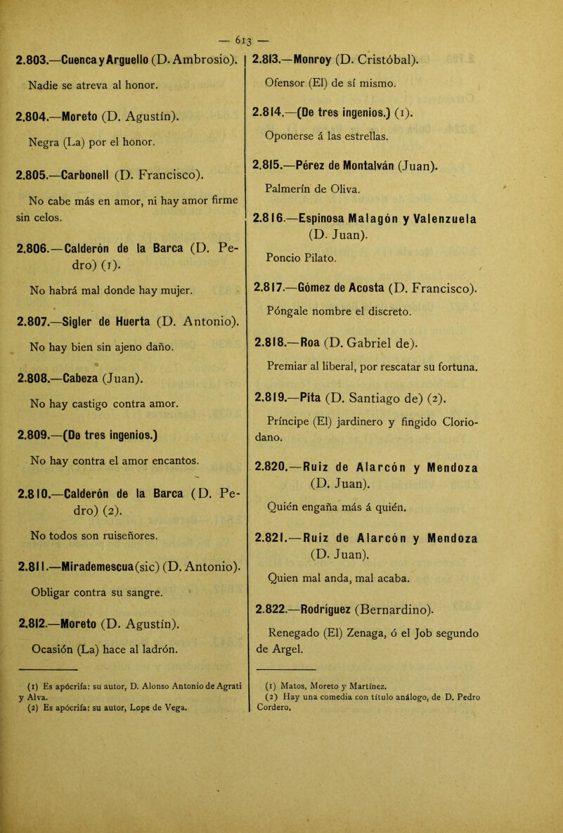 2.803. —Cuenca y Arguello (D. Ambrosio). Nadie se atreva al honor. 2.804. —Moreto (D. Agustín). Negra (La) por el honor. 2.805. —Carbonell (D. Francisco). No cabe más en amor, ni hay amor firme sin celos. 2.806. —Calderón de la Barca (D. Pe- dro) (j). No habrá mal donde hay mujer. 2.807. —Sigler de Huerta (D. Antonio). No hay bien sin ajeno daño. 2.808. —Cabeza (Juan). No hay castigo contra amor. 2.809. —(De tres ingenios.) No hay contra el amor encantos. 2.810—Calderón de la Barca (D. Pe- dro) (2). No todos son ruiseñores. 2.811. —Mirademescua(sic) (D. Antonio). Obligar contra su sangre. 2.812. —Nloreto (D. Agustín). Ocasión (La) hace al ladrón. (1) Es apócrifa: su autor, D. Alonso Antonio de Agrati y Alva. (2) Es apócrifa: su autor, Lope de Vega. 2.813. —Monroy (D. Cristóbal). Ofensor (El) de sí mismo. 2.814. —(De tres ingenios.) (1). Oponerse á las estrellas. 2.815. —Pérez de Nlontalván (Juan). Palmerín de Oliva. 2.816. —Espinosa Malagón yValenzuela (D. Juan). Poncio Pilato. / 2.817. —Gómez de Acosta (D. Francisco). Póngale nombre el discreto. 2.818. —Roa (D. Gabriel de). Premiar al liberal, por rescatar su fortuna. 2.819. —Pita (D. Santiago de) (2). Príncipe (El) jardinero y fingido Clorio- dano. 2.820. —Ruiz de Alarcón y Mendoza (D. Juan). Quién engaña más á quién. 2.821. —Ruiz de Alarcón y Mendoza (D. Juan). Quien mal anda, mal acaba. 2.822. —Rodríguez (Bernardino). Renegado (El) Zenaga, ó el Job segundo de Argel. (1) Matos, Moreto y Martínez. (2) Hay una comedia con título análogo, de D. Pedro Cordero.