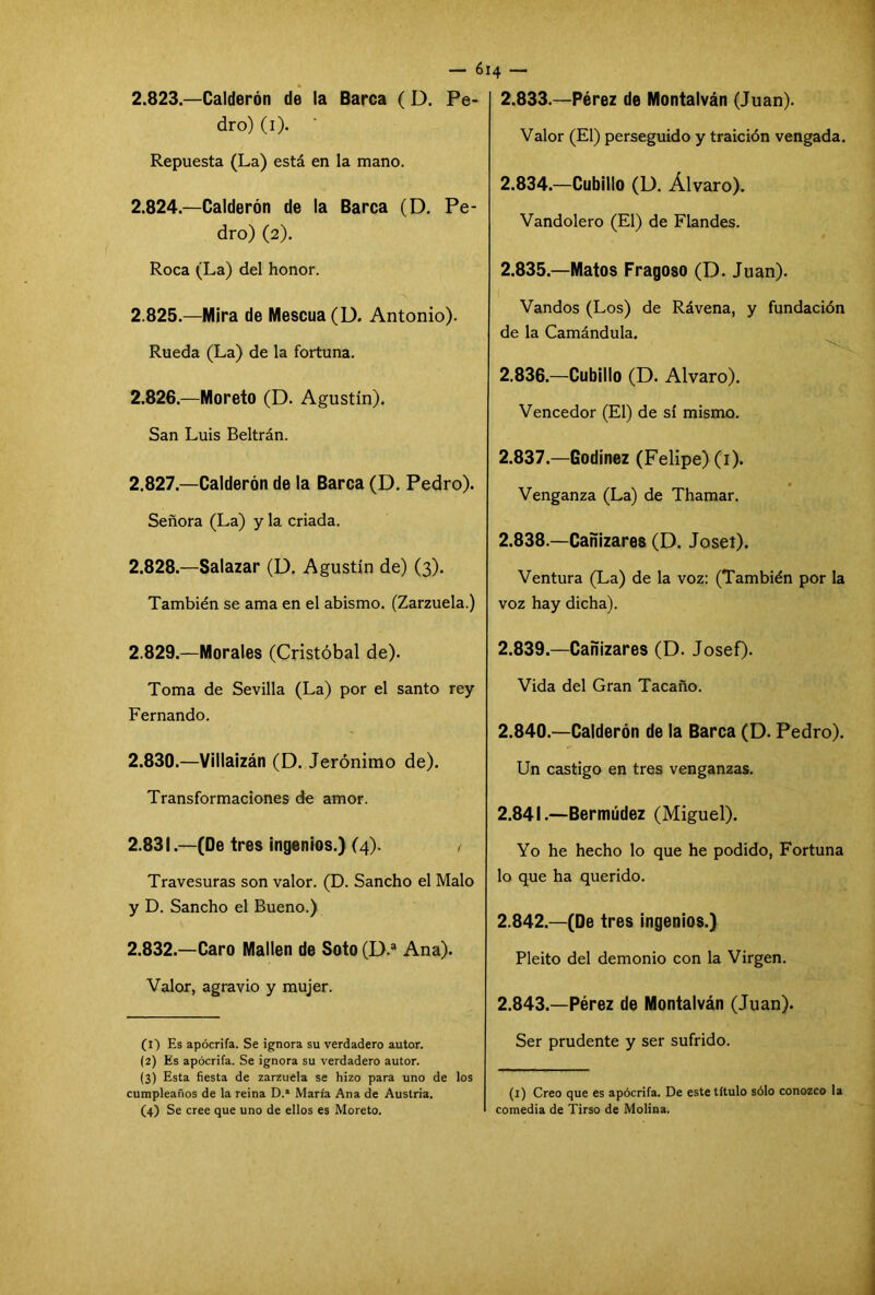 2.823. —Calderón de la Barca (D. Pe- dro) (i). Repuesta (La) está en la mano. 2.824. —Calderón de la Barca (D. Pe- dro) (2). Roca (La) del honor. 2.825. —Mira de Mescua (D. Antonio). Rueda (La) de la fortuna. 2.826. —Moreto (D. Agustín). San Luis Beltrán. 2.827. —Calderón de la Barca (D. Pedro). Señora (La) y la criada. 2.828. —Salazar (D. Agustín de) (3). También se ama en el abismo. (Zarzuela.) 2.829. —Morales (Cristóbal de). Toma de Sevilla (La) por el santo rey Fernando. 2.830. —Villaizán (D. Jerónimo de). Transformaciones de amor. 2.831. —(De tres ingenios.) (4). / Travesuras son valor. (D. Sancho el Malo y D. Sancho el Bueno.) 2.832. —Caro Mallen de Soto (D.a Ana). Valor, agravio y mujer. (I-) Es apócrifa. Se ignora su verdadero autor. (2) Es apócrifa. Se ignora su verdadero autor. (3) Esta fiesta de zarzuela se hizo para uno de los cumpleaños de la reina D.a María Ana de Austria. (4) Se cree que uno de ellos es Moreto. 2.833. —Pérez de Montalván (Juan). Valor (El) perseguido y traición vengada. 2.834. —Cubillo (D. Alvaro). Vandolero (El) de Flandes. 2.835. —Matos Fragoso (D. Juan). Vandos (Los) de Rávena, y fundación de la Camándula. 2.836. —Cubillo (D. Alvaro). Vencedor (El) de sí mismo. 2.837. —Godínez (Felipe) (1). Venganza (La) de Thamar. 2.838. —Cañizares (D. Joset). Ventura (La) de la voz: (También por la voz hay dicha). 2.839. —Cañizares (D. Josef). Vida del Gran Tacaño. 2.840—Calderón de la Barca (D. Pedro). Un castigo en tres venganzas. 2.841. —Bermúdez (Miguel). Yo he hecho lo que he podido, Fortuna lo que ha querido. 2.842. —(De tres ingenios.) Pleito del demonio con la Virgen. 2.843. —Pérez de Montalván (Juan). Ser prudente y ser sufrido. (1) Creo que es apócrifa. De este título sólo conozco la comedia de Tirso de Molina.