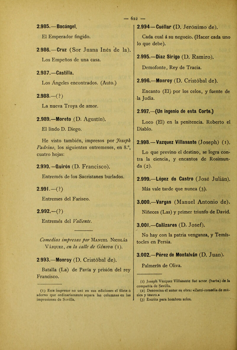 Ó22 — 2.985. —Bocángel. El Emperador fingido. 2.986. —Cruz (Sor Juana Inés de la). Los Empeños de una casa. 2.987. —Castilla. Los Ángeles encontrados. (Auto.) 2.988. —(?) La nueva Troya de amor. 2.989. —Moreto (D. Agustín). El lindo D. Diego. He visto también, impresos por Joseph Padrino, los siguientes entremeses, en 8.°, cuatro hojas: 2.990. —Quirós (D. Francisco). Entremés de los Sacristanes burlados. 2.991. —(?) Entremes del Fariseo. 2.992. —(?) Entremés del Valiente. Comedias impresas por Manuel Nicolás Vázquez, en la calle de Génova (i). 2.993.—Monroy (D. Cristóbal de). Batalla (La) de Pavía y prisión del rey Francisco. (i) Este impresor no usó en sus ediciones el filete ó adorno que ordinariamente separa las columnas en las impresiones de Sevilla, 2.994—Cuéllar (D. Jerónimo de). Cada cual á su negocio. (Hacer cada uno lo que debe). 2.995. —Díaz Sirigo (D. Ramiro). Demofonte, Rey de Tracia. 2.996. —Monroy (D. Cristóbal de). Encanto (El) por los celos, y fuente de la Judia. 2.997. —(Un ingenio de esta Corte.) Loco (El) en la penitencia. Roberto el Diablo. 2.998. —Vázquez Villasante (Joseph) (i). Lo que previno el destino, se logra con- tra la ciencia, y encantos de Rosimun- da (2). 2.999. —López de Castro (José Julián). Más vale tarde que nunca (3). 3.000. —Vargas (Manuel Antonio de). Niñeces (Las) y primer triunfo de David. 3.001. —Cañizares (D. Josef). No hay con la patria venganza, y Temís- tocles en Persia. 3.002. —Pérez de Montalván (D. Juan). Palmerín de Oliva. (1) Joseph Vázquez Villasante fué actor (barba) de la compañía de Sevilla. (2) Denomina el autor su obra: «Zarzi-comedia de mú- sica y teatro.» (3) Escrita para hombres solos.