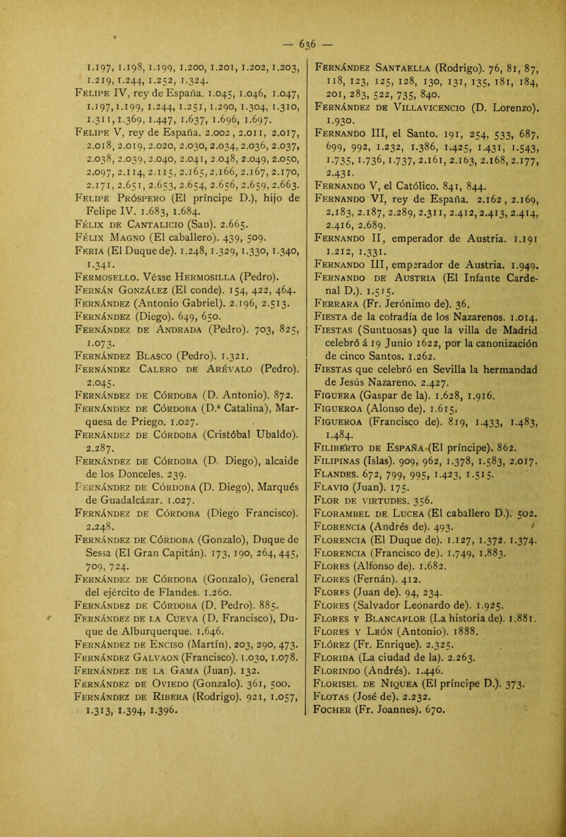 1.197) 1.198, 1.199, 1.200, 1.201, 1.202, 1.203, 1-219, T-244> 1.252, !-324- Felipe IV, rey de España. 1.045, 1.046, 1.047, 1.197,1.199, 1.244, 1.251, 1.290, 1.304, 1.310, 1.311,1.369, 1.447, 1.637, 1-696, 1.697. Felipe V, rey de España. 2.002,2.011, 2.017, 2.018, 2.019, 2.020, 2.030, 2.034, 2.036, 2.037, 2.038, 2.039, 2.040, 2.041, 2.048, 2.049, 2.050, 2.097, 2.114, 2.115, 2.165,2.166, 2.167, 2.170, 2.171, 2.651, 2.653, 2.654, 2.656, 2.659, 2.663. Felipe Próspero (El príncipe D.), hijo de Felipe IV. 1.683, 1.684. Félix de Cantalicio (San). 2.665. Félix Magno (El caballero). 439, 509. Feria (El Duque de). 1.248,1.329, 1.330, 1.340, í-341- Fermosello. Véase Hermosilla (Pedro). Fernán González (El conde). 154, 422, 464. Fernández (Antonio Gabriel). 2.196, 2.513. Fernández (Diego). 649, 650. Fernández de Andrada (Pedro). 703, 825, 1.073. Fernández Blasco (Pedro). 1.321. Fernández Calero de Arévalo (Pedro). 2.045. Fernández de Córdoba (D. Antonio). 872. Fernández de Córdoba (D.a Catalina), Mar- quesa de Priego. 1.027. Fernández de Córdoba (Cristóbal Ubaldo). 2.287. Fernández de Córdoba (D. Diego), alcaide de los Donceles. 239. Fernández de Córdoba (D. Diego), Marqués de Guadalcázar. 1.027. Fernández de Córdoba (Diego Francisco). 2.248. Fernández de Córdoba (Gonzalo), Duque de Sessa (El Gran Capitán). 173, 190, 264,445, 709, 724. Fernández de Córdoba (Gonzalo), General del ejército de Flandes. 1.260. Fernández de Córdoba (D. Pedro). 885. Fernández de la Cueva (D. Francisco), Du- que de Alburquerque. 1.646. Fernández de Enciso (Martín). 203, 290, 473. Fernández Galvaon (Francisco). 1.030, 1.078. Fernández de la Gama (luán). 132. Fernández de Oviedo (Gonzalo). 361, 500. Fernández de Ribera (Rodrigo). 921, 1.057, I-3I3, 1-394, I-396. Fernández Santaella (Rodrigo). 76, 81, 87, 118, 123, 125, 128, 130, 131, 135, 181, 184, 201, 283, 522, 735, 840. Fernández de Villavicencio (D. Lorenzo). i-93°- Fernando III, el Santo. 191, 254, 533, 687, 699, 992, 1.232, 1.386, 1.425, 1.431, 1.543, 1- 735, I-736,1-737, 2.161, 2.163, 2.168, 2.177, 2- 431- Fernando V, el Católico. 841, 844. Fernando VI, rey de España. 2.162,2.169, 2.183, 2.187, 2.289, 2.311, 2.412,2.413, 2.414, 2.416, 2.689. Fernando II, emperador de Austria. 1.191 1.212, 1.331. Fernando III, emperador de Austria. 1.949. Fernando de Austria (El Infante Carde- nal D.). 1.5/5. Ferrara (Fr. Jerónimo de). 36. Fiesta de la cofradía de los Nazarenos. 1.014. Fiestas (Suntuosas) que la villa de Madrid celebró á 19 Junio 1622, por la canonización de cinco Santos. 1.262. Fiestas que celebró en Sevilla la hermandad de Jesús Nazareno. 2.427. Figuera (Gaspar de la). 1.628, 1.916. Figueroa (Alonso de). 1.615. Figueroa (Francisco de). 819, 1.433, 1.483, 1.484. Filiberto de España (El príncipe). 862. Filipinas (Islas). 909, 962, 1.378, 1.583, 2.017. Flandes. 672, 799, 995, 1.423, 1.515. Flavio (Juan). 175. Flor de virtudes. 356. Florambel de Lucea (El caballero D.). 502. Florencia (Andrés de). 493. Florencia (El Duque de). 1.127, 1.372. 1.374. Florencia (Francisco de). 1.749, 1.883. Flores (Alfonso de). 1.682. Flores (Fernán). 412. Flores (Juan de). 94, 234. Flores (Salvador Leonardo de). 1.925. Flores y Blancaflor (La historia de). 1.881. Flores y León (Antonio). 1888. Flórez (Fr. Enrique). 2.325. Florida (La ciudad de la). 2.263. Florindo (Andrés). 1.446. Florisel de Niquea (El príncipe D.). 373. Flotas (José de). 2.232. Focher (Fr. Joannes). 670.