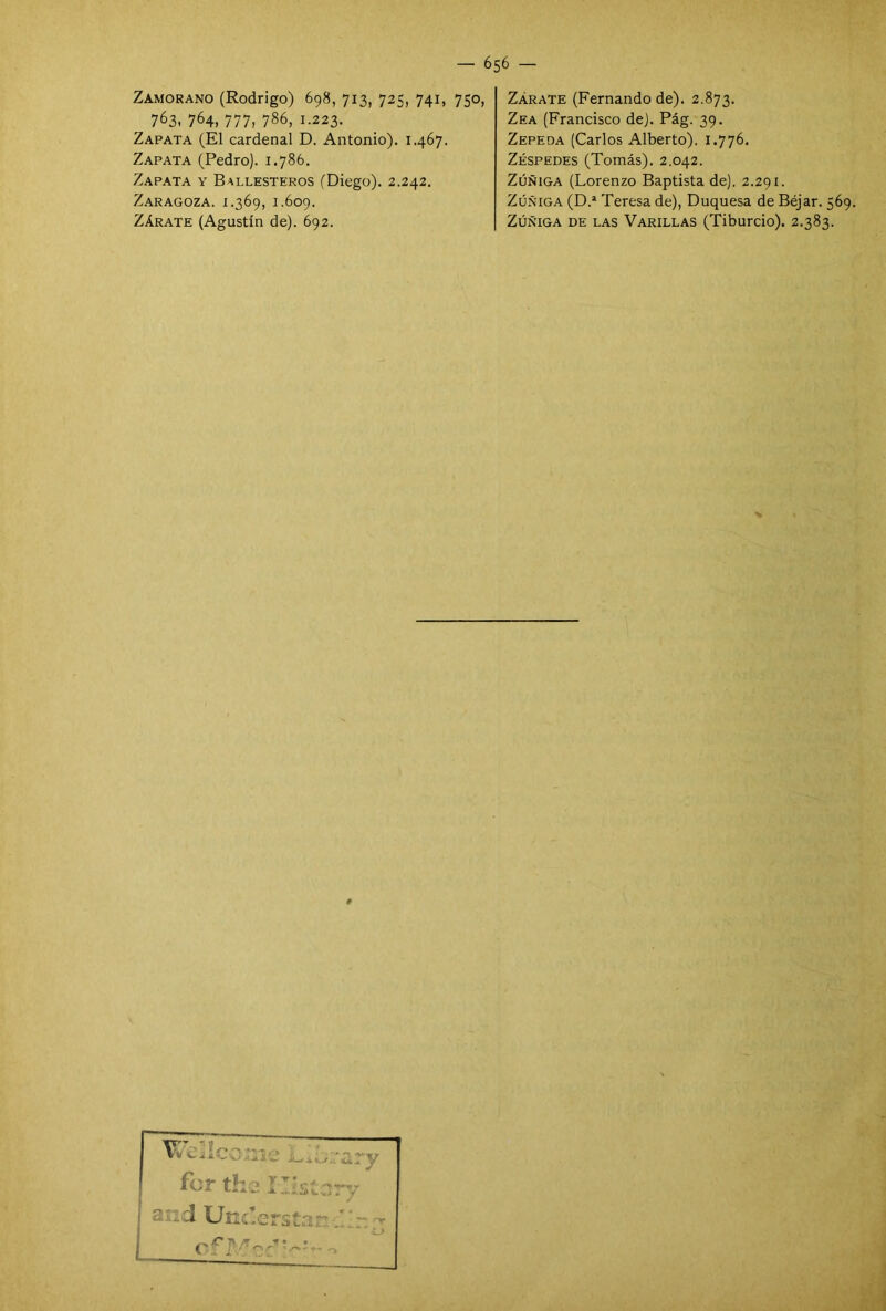 Zamorano (Rodrigo) 698, 713, 725, 741, 750, 763, 764, 777, 786, 1.223. Zapata (El cardenal D. Antonio). 1.467. Zapata (Pedro). 1.786. Zapata y Ballesteros (Diego). 2.242. Zaragoza. 1.369, 1.609. Zárate (Agustín de). 692. Zárate (Fernando de). 2.873. Zea (Francisco de). Pág. 39. Zepeda (Carlos Alberto). 1.776. Zéspedes (Tomás). 2.042. Zúñiga (Lorenzo Baptista de). 2.291. Zúñiga (D.* Teresa de), Duquesa de Béjar. 569. Zúñiga de las Varillas (Tiburcio). 2.383. #