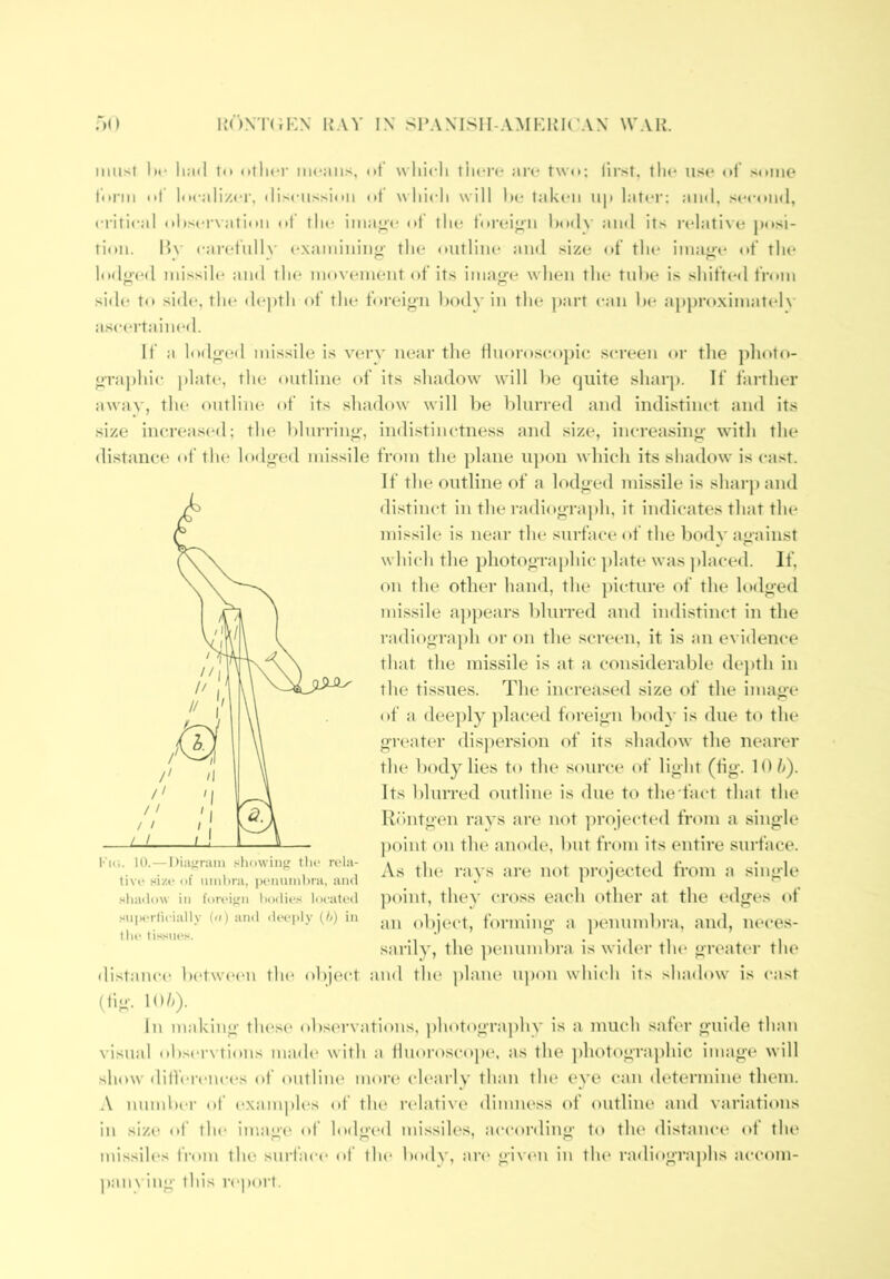 ;■)() KONT(;i:X RAV IN SPANISII-AMKRK'AN WAR. must lie In other me;uis, ot’ wliieli tiiefc* ;ire t\v<»: lirst, llu* use ol some lonii ol' |oc:ili/er, tlisetissioM ot w hich will he taken up later: ami, seeoml, critical ohseiwatioii ot' the imaji'c ot the t’orei;;ii ho(l\' ami its relati\e posi- tion. 1)\’ earetulK' ('Xamininy- the outline ami size ol the imai»e ot tin* lodc-eil missih' ami the movement of its imac’e when the tube is shifted from sid(* to side, the de])th of the foreign bod\- in the ])art can l>e appro.ximateh' ascertained. if a lode-ed missile is very near the Hnoroseopie screen or tlie ])lio1o- <ira])hic ]>late, the outline of its sliadow will be quite sharp. If farther away, the outlim^ of its sliadow will be blurred and iudistinet and its size increasi'd; the blurrinj'-, indistinctness and size, increasing’ with the distance of tlu' lodged missile from the ])lane n])on w hich its shadow* is cast. If the outline of a lodged missile is sharjiand distinct in the radiograph, it indicates that the missile is near the surface of the body ayainst w Inch the photographic jilate was placeil. If, on the other haml, the jiicture of the lodged missile a])])ears lilnrred and indistinct in the radiograph or on the screen, it is an evidence that the missile is at a considerable dejith in the tis.sues. The increased size of the image of a dee])ly ])laced foreign body is due to the greater di.sjiersion of its shadow tlie nearer the body lies to the source of light (tig. 10/y). Its blurred outline is due to the fact that the Riintgen rays are not jirojected from a single ])oint on the anode, but from its entire surface. As the rays are not ]m>jected from a single point, they cross each other at the edges of an object, forming a ])enumbra, and, neces- sarily, the pennmbra is wider tin* greater the distance betw'(*en tlu^ oliject and the plane upon whiidi its shadow' is cast (iig. W/,). In making tlu*se observations, photography is a much safer guide than visual obser\ tions mad(* with a tiuoroscope, ;is the ])hotogra])hic image will show dilVereiices of outline more* (di'arly than the eye can determine them. .V number ol' lexamph's of the ridative dimness of outline and variations in siz(‘ of the imag(^ of lodged missiles, according to the distance ot the missih's from the surface' of the body, an' giyc'ii in th(‘ radiographs accom- panx ing this report. Kk!. 10.—Diiinrain showing tin* rola- tivi* size of mtilera, pi'iiumt)™, and .shallow in foroign iHidii-s locatod snpcrlicially (n) anil de(.'])ly {/>) in the tissiu's.