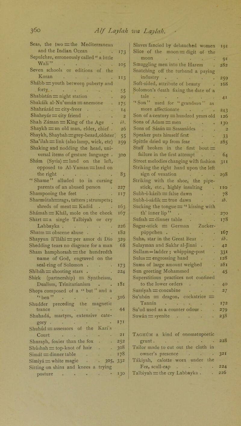 Seas, the two = the Mediterranean and the Indian Ocean . 173 Sepulchre, erroneously called “ a little Wali ” 10S Seven schools or editions of the Koran . . . . . 113 Shdbb ~ youth between puberty and f°r‘y 55 Shabistan = night station . . 29 Shakdik al-Nu’uman:= anemone . 175 Shahrazad 222 city-freer ... 14 Shahryar =2 city friend ... 2 Shah Zdman 222 King of the Age . ib. Shaykh =an old man, elder, chief . 26 Shaykh, Shaybah=grey-beard,oldster’ 55 Sha’ilahrelink (alsolamp, wick, etc) 259 Shaking and nodding the head, uni- versal items of gesture language . 300 Shdm (Syria) = land on the left, opposed to Al-Yaman=:land on the right ..... 83 “Shame” alluded to in cursing parents of an abused person . 227 Shampooing the feet . . . 117 Sharmutah=rags, tatters; strumpets; shreds of meat == Kadid . . 163 Shdmah 2= Khdl, mole on the cheek 167 Shartzra single Talbiyah or cry Labbayka ..... 226 Shatm 222: obscene abuse . . .182 Shayyun li’lldhi =: per amor di Dio 329 Shedding tears no disgrace for a man 68 Sham hamphorash 2= the hundredth name of God, engraved on the seal-ring of Solomon . . -173 Shibdh 222 shooting stars . . . 224 Shirk (partnership) — Syntheism, Dualism, Trinitarianism . . 181 Shops composed of a “ but ” and a ‘‘ben” 316 Shudder preceding the magnetic trance ..... 44 Shuhada, martyrs, extensive cate- gory . . . • • 171 Shuhud = assessors of the Kazi's Court 21 Shurayh, foxier than the fox . . 252 Shushahrr: top-knot of hair . . 308 Simdt 222 dinner table . . .178 Simiyd=i white magic . . 305, 332 Sitting on shins and knees a trying posture . . . • - 13° Slaves fancied by debauched women 191 Slice of the moon = digit of the moon 91 Smuggling men into the Harem . 282 Snatching off the turband a paying industry ..... 259 Soft-sided, attribute of beauty . 168 Solomon’s death fixing the date of a tale 41 “Son” used for “grandson” as more affectionate . . . 243 Son of a century — hundred years old 126 Sons of Adam 222 men . . .130 Sons of Sasan 2= Sassanides . 2 Speaker puts himself first . . 33 Spittle dried up from fear . . 285 Staff broken in the first bout = failure in the first attempt . . 64 Street melodies changing with fashion 311 Striking the right hand upon the left sign of vexation . . . 298 Striking with the shoe, the pipe- stick, etc., highly insulting . 1 to Subh-i-kdzib = false dawn . . 78 Subh-i-sddik == true dawn . . ib. Sucking the tongues “ kissing with th’ inner lip” .... 270 Sufrah = dinner table . .178 Sugar-stick = German Zucker- piippchen 167 Suha, star in the Great Bear . . ib. Sulayman and Sakhr al-Jinni . . 42 Sullam = ladder ; whipping-post . 331 Sulus 22 engrossing hand . .128 Sums of large amount weighed . 281 Sun greeting Mohammed . . 45 Superstitious practices not confined to the lower orders ... 40 Surriyah 2= concubine ... 27 Su’uban =2 dragon, cockatrice 2= Tannin . . , . . .172 Su’ud used as a counter odour . 279 Suwan =2 syenite .... 238 Taohum a kind of onomatopoetic grunt...... 228 Tailor made to cut out the cloth in owner’s presence . . .321 Takiyah, calotte worn under the Fez, scull-cap .... 224 Talbiyah 222 the cry Labbayka . . 226