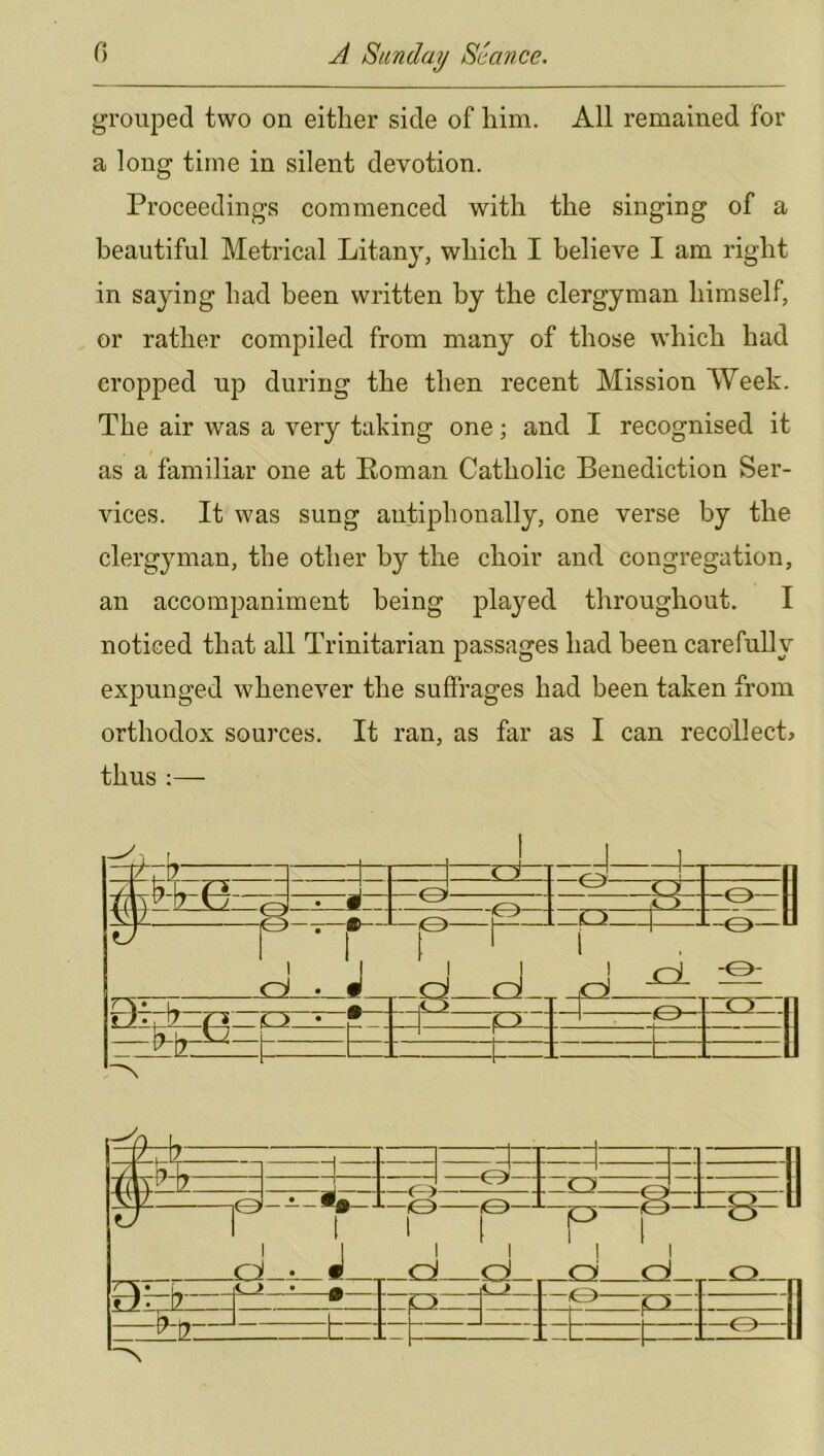 grouped two on either side of him. All remained for a long time in silent devotion. Proceedings commenced with the singing of a beautiful Metrical Litany, which I believe I am right in saying had been written by the clergyman himself, or rather compiled from many of those which had cropped up during the then recent Mission Week. The air was a very taking one; and I recognised it as a familiar one at Eoman Catholic Benediction Ser- vices. It was sung antiphonally, one verse by the clergyman, the other by the choir and congregation, an accompaniment being played throughout. I noticed that all Trinitarian passages had been carefully expunged whenever the suffrages had been taken from orthodox sources. It ran, as far as I can recollect> thus :—