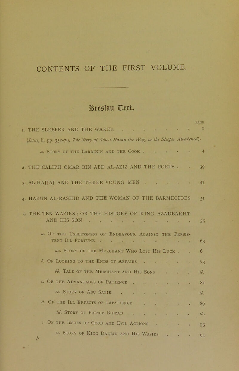 CONTENTS OF THE FIRST VOLUME. 25rfsslflu Cejrt PAGE 1. THE SLEEPER AND THE WAKER 1 {Lane, ii. up. 352-79, The Story of Abu-1-Hasan the Wag, or the Sleeper Awakened). a. Story of the Larrikin and the Cook 4 2. THE CALIPH OMAR BIN ABD AL-AZIZ AND THE POETS . . 39 3. AL-HAJJAJ AND THE THREE YOUNG MEN 47 4. HARUN AL-RASHID AND THE WOMAN OF THE BARMECIDES 51 5. THE TEN WAZIRS ; OR THE HISTORY OF KING AZADBAKHT AND IIIS SON 55 a. Of the Uselessness of Endeavour Against the Persis- tent III Fortune 63 aa. Story of the Merchant Who Lost PIis Luck . . 6 b. Of Looking to the Ends of Affairs 73 bb. Tale of the Merchant and His Sons . . . ib. c. Of the Advantages of Patience 81 cc. Story of Abu Sabir d. Of the III Effects of Impatience Sg dd. Story of Prince Bihzad ib. e. Of the Issues of Good and Evil Actions .... 93 ee. Story of King Dadbin and IIis Wazirs • . . qa b