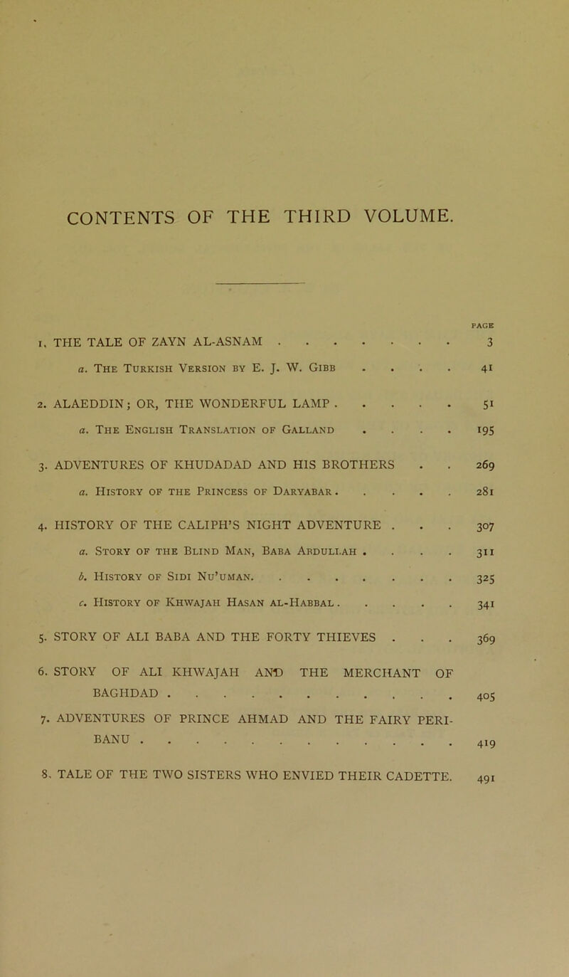 CONTENTS OF THE THIRD VOLUME. 1. THE TALE OF ZAYN AL-ASNAM a. The Turkish Version by E. J. W. Gibb .... 2. ALAEDDIN; OR, THE WONDERFUL LAMP a. The English Translation of Galland .... 3. ADVENTURES OF KHUDADAD AND HIS BROTHERS a. History of the Princess of Daryabar 4. HISTORY OF THE CALIPH’S NIGHT ADVENTURE . a. Story of the Blind Man, Baba Abdullah .... b. History of Sidi Nu’uman c. History of Khwajah Hasan al-Habbal 5. STORY OF ALI BABA AND THE FORTY THIEVES . 6. STORY OF ALI KHWAJAH AND THE MERCHANT OF BAGHDAD 7. ADVENTURES OF PRINCE AHMAD AND THE FAIRY PERI- BANU 8. TALE OF THE TWO SISTERS WHO ENVIED THEIR CADETTE. PAGE 3 41 SI 19s 269 281 307 311 325 341 369 405 419 491