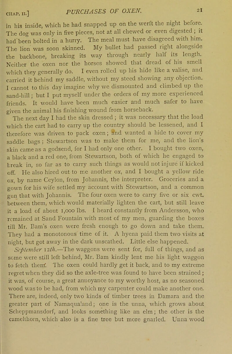 PURCHASES OF OXEN. 2t in his inside, which he had snapped up on the werft the night before. The dog was only in five pieces, not at all chewed or even digested ; it had been bolted in a hurry. The meal must have disagreed with him. The lion was soon skinned. My bullet had passed right alongside the backbone, breaking its way through nearly half its length. Neither the oxen nor the horses showed that dread of his smell which they generally do. I even rolled up his hide like a valise, and carried it behind my saddle, without my steed showing any objection. I cannot to this day imagine why we dismounted and climbed up the sand-hill; but I put myself under the orders of my more experienced friends. It would have been much easier and much safer to have given the animal his finishing wound from horseback. The next day I had the skin dressed ; it was necessary that the load which the cart had to carry up the country should be lessened, and I therefore was driven to pack oxen; ^nd wanted a hide to cover my saddle bags ; Stewartson was to make them for me, and the lion’s skin came as a godsend, for I had only one other. I bought two oxen, a black and a red one, from Stewartson, both of which he engaged to break in, so far as to carry such things as would not injure if kicked off. He also hired out to me another ox, and I bought a yellow ride ox, by name Ceylon, from Johannis, the interpreter. Groceries and a gown for his wife settled my account with Stewartson, and a common gun that with Johannis. The four oxen were to carry five or six cwt. between them, which would materially lighten the cart, but still leave it a load of about i,ooo lbs. 1 heard constantly from Andersson, who remained at Sand Fountain with most of my men, guarding the boxes till Mr. Barn’s oxen were fresh enough to go down and take them. They had a monotonous time of it. A hyena paid them two visits at night, but got away in the dark unscathed. Little else happened. Scplcmbcr \2th.—The waggons w'cre sent for, full of things, and as some were still left behind, Mr. Bam kindly lent me his light w'aggon to fetch then!’. The oxen could hardly get it back, and to my extreme regret when they did so the axle-tree was found to have been strained; it was, of course, a great annoyance to my worthy host, as no seasoned wood was to be had, from w'hich my carpenter could make another one. There are, indeed, only two kinds of timber trees in Damara and the greater part of Kamaqua'.and; one is the unna, which grows about Scheppmansdorf, and looks something like an elm; the other is the camcltliorn, which also is a fine tree but more gnarled. Unna wood