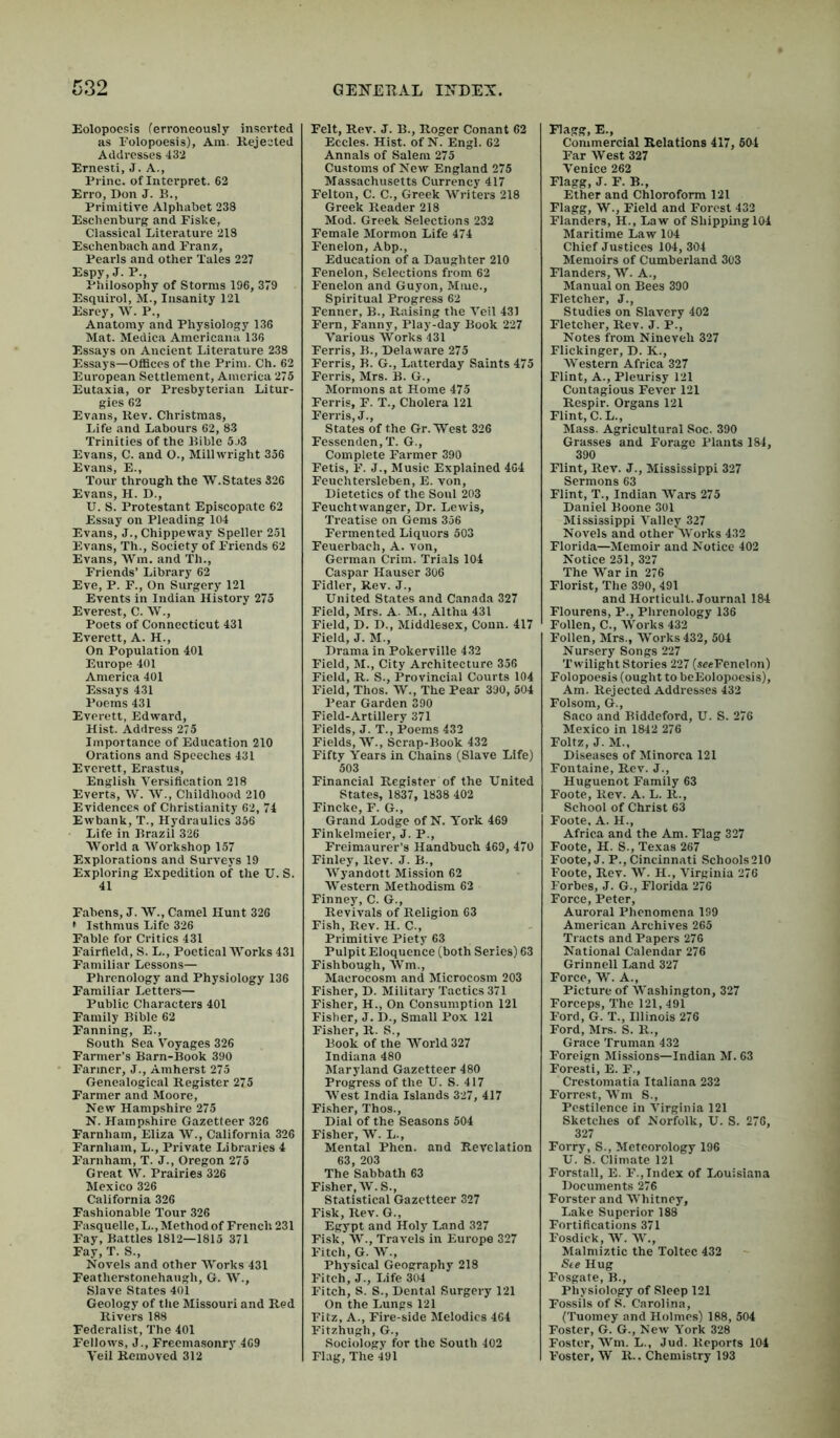 Eolopocsis ferroneously inserted as I’olopoesis), Am. Rejeeted Addresses 432 Ernesti, J. A., Princ. of Interpret. 62 Erro, Don J. B., Primitive Alphabet 238 Eschenburg and Fiske, Classical Literature 213 Eschenbach and Franz, Pearls and other Tales 227 Espy, J. P., Philosophy of Storms 196, 379 Esquirol, M., Insanity 121 Esrey, W. P., Anatomy and Physiology 136 Mat. Medica Americana 136 Essays on Ancient Literature 238 Essays—Offices of the Prim. Ch. 62 European Settlement, America 275 Eutaxia, or Presbyterian Litur- gies 62 Evans, Rev. Christmas, Life and Labours 62, 83 Trinities of the Bible 5.)3 Evans, C. and O., Millwright 356 Evans, E., Tour through the W. States 326 Evans, H. D., U. S. Protestant Episcopate 62 Essay on Pleading 104 Evans, J.,Chippeway Speller 251 Evans, Th., Society of Friends 62 Evans, Win. and Th., Friends’ Library 62 Eve, P. F., On Surgery 121 Events in Indian History 275 Everest, C. W., Poets of Connecticut 431 Everett, A. H., On Population 401 Em-ope 401 America 401 Essays 431 Poems 431 Everett, Edward, Hist. Address 275 Importance of Education 210 Orations and Speeches 431 Everett, Erastus, English Versification 218 Everts, W. W., Childhood 210 Evidences of Christianity 62, 74 Ewbank, T., Hydraulics 356 Life in Brazil 326 World a Workshop 157 Explorations and Surveys 19 Exploring Expedition of the U. S. 41 Fabens, J. W., Camel Hunt 326 » Isthmus Life 326 Fable for Critics 431 Fairfield, S. L., Poetical Works 431 Familiar Lessons— Phrenology and Physiology 136 Familiar Letters— Public Characters 401 Family Bible 62 Fanning, E., South Sea Voyages 326 Farmer’s Barn-Book 390 Farmer, J., Amherst 275 Genealogical Register 275 Farmer and Moore, New Hampshire 275 N. Hampshire Gazetteer 326 Farnham, Eliza W., California 326 Farnham, L., Private Libraries 4 Farnham, T. J., Oregon 275 Great W. Prairies 326 Mexico 326 California 326 Fashionable Tour 326 Fasquelle, L., Method of French 231 Fay, Battles 1812—1815 371 Fay, T. S., Novels and other AVorks 431 Featherstonehaugh, G. W., Slave States 401 Geology of the Missouri and Red Rivers 188 Federalist, The 401 Fellows, J., Freemasonry 469 Veil Removed 312 Felt, Rev. J. B., Roger Conan t 62 Eccles. Hist, of N. Engl. 62 Annals of Salem 275 Customs of New England 275 Massachusetts Currency 417 Felton, C. C., Greek Writers 218 Greek Reader 218 Mod. Greek Selections 232 Female Mormon Life 474 Fenelon, Abp., Education of a Daughter 210 Fenelon, Selections from 62 Fenelon and Guyon, Mme., Spiritual Progress 62 Fenner, B., Raising the A^eil 431 Fern, Fanny, Play-day Book 227 Varions Works 431 Ferris, B., Delaware 275 Ferris, B. G., Latterday Saints 475 Ferris, Mrs. B. G., Mormons at Home 475 Ferris, F. T., Cholera 121 Ferris, J., States of the Gr. West 326 Fessenden,T. G., Complete Farmer 390 Fetis, F. J., Music Explained 464 Feuchtersleben, E. von. Dietetics of the Soul 203 Feuchtwanger, Dr. Lewis, Treatise on Gems 356 Fermented Liquors 503 Feuerbach, A. von, German Crim. Trials 104 Caspar Hauser 306 Fidler, Rev. J., United States and Canada 327 Field, Mrs. A. M., Altha 431 Field, D. D., Middlesex, Conn. 417 Field, J. M., Drama in Pokerville 432 Field, M., City Architecture 356 Field, R. S., Provincial Courts 104 Field, Thos. W., The Peai- 390, 504 Pear Garden 390 Field-Artillery 371 Fields, J. T., Poems 432 Fields, AV., Scrap-Book 432 Fiftv Years in Chains (Slave Life) 503 Financial Register of the United States, 1837, 1838 402 Fincke, F. G., Grand Lodge of N. York 469 Finkelmeier, J. P., Freimaurer’s Handbuch 469, 470 Finley, Rev. J. B., AVyandott Mission 62 AVestern Methodism 62 Finney, C. G., Revivals of Religion 63 Fish, Rev. H. C., Primitive Piety 63 Pulpit Eloquence (both Series) 63 Fishbough, AVm., Macrocosm and Microcosm 203 Fisher, D. Military Tactics 371 Fisher, H., On Consumption 121 Fisher, J. D., Small Pox 121 Fisher, R. S., Book of the AVorld 327 Indiana 480 Maryland Gazetteer 480 Progress of the U. S. 417 AVest India Islands 327, 417 Fi.sher, Thos., Dial of the Seasons 504 Fisher, W. L., Mental Phen. and Revelation 63, 203 The Sabbath 63 Fisher, AV. S., Statistical Gazetteer 327 Fisk, Rev. G., Egypt and Holy Land 327 Fisk, AV., Travels in Europe 327 Fitch, G. AV., Physical Geography 218 Fitch, J., Life 304 Fitch, S. S., Dental Surgery 121 On the Lungs 121 Fitz, A., Fire-side Melodics 464 Fitzhugh, G., Sociology for the South 402 Flag, The 491 Flagg, E., Commercial Relations 417, 604 Far AVest 327 A’enice 262 Flagg, J. F. B., Ether and Chloroform 121 Flagg, W., Field and Forest 432 Flanders, H., Law of Shipping 104 Maritime Law 104 Chief Justices 104, 304 Memoirs of Cumberland 303 Flanders, AA'^. A., Manual on Bees 390 Fletcher. J., Studies on Slavery 402 Fletcher, Rev. J. P., Notes from Nineveh 327 Flickinger, D. K., AA^estern Africa 327 Flint, A., Pleurisy 121 Contagious Fever 121 Respir. Organs 121 Flint, C.L., Mass. Agricultural Soc. 390 Grasses and Forage Plants 184, 390 Flint, Rev. J., Mississippi 327 Sermons 63 Flint, T., Indian AVars 275 Daniel Boone 301 Mississippi A’alley 327 Novels and other AVorks 432 Florida—Memoir and Notice 402 Notice 251, 327 The AA’'ar in 276 Florist, The 390, 491 and Horticult. Journal 184 Flourens, P., Phrenology 136 Follen, C., AV^orks 432 Follen, Mrs., AVorks 432, 504 Nursery Songs 227 Twilight Stories 227 (seeFenelon) Folopoesis (ought to beEolopoesis), Am. Rejected Addresses 432 Folsom, G., Saco and Biddeford, U. S. 276 Mexico in 1842 276 Foltz, J. M.. Diseases of Minorca 121 Fontaine, Rev. J., Huguenot Family 63 Foote, Rev. A. L. R., School of Christ 63 Foote. A. H., Africa and the Am. Flag 327 Foote, H. S., Texas 267 Foote, J. P., Cincinnati Schools210 Foote, Rev. AV. H., Virginia 276 Forbes, J. G., Florida 276 Force, Peter, Auroral Phenomena 199 American Archives 265 Tracts and Papers 276 National Calendar 276 Grinnell Land 327 Force, W. A., Picture of Washington, 327 Forceps, The 121, 491 Ford, G. T., Illinois 276 Ford, Mrs. S. R., Grace Truman 432 Foreign Missions—Indian M. 63 Foresti, E. F., Crestomatia Italiana 232 Forrest, AA’m S., Pestilence in A’irginia 121 Sketches of Norfolk, U. S. 276, 327 Forry, S., Meteorology 196 U. S. Climate 121 Forstall, E. F.,Index of Louisiana Documents 276 Forster and AA'hitney, Lake Superior 188 Fortifications 371 Fosdick, AV. AV., Malmiztic the Toltec 432 See Hug Fosgate, B., Physiology of Sleep 121 Fossils of S. Carolina, (Tuomey and Holmes) 188, 504 Foster, G. G., New A’ork 328 Foster, AA^m. L., Jud. Reports 104 Foster, AV R.. Chemistry 193