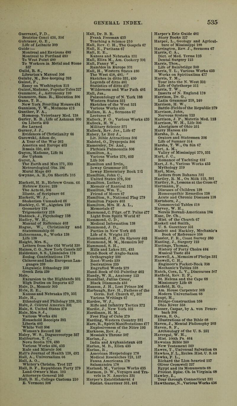 Ouerrazzi, F.T)., Beatrice Cenci 434, 505 Guhrauer, G. E , Life of Leibnitz 309 Guide:— Montreal and Environs 480 Montreal to Portland 480 To West Point 480 To Workers in Metal and Stone 357 Guild, R. S., Librarian’s Manual 506 Guinby, M., Bee-keeping 393 Guizot, P., Essay on Washington 315 Guizot, Madame, Popular Tales 227 Gummere, J., Astronomy 199 Gummere, Sam. R., Elocution 506 Gunn, T. B., New York Boarding Houses 434 Gunnison, T. W., Mormons 475 Gunther, F. A., Homoeop. Veterinary Med. 138 Gurley, R. R.,Life of Ashmun 300 On Liberia 403 See Lamed Gurney, J. J., Evidences of Christianity 66 Gurowski, Adam de, A Year of the AVar 262 America and Europe 403 Russia 330, 403 Guyon, Madame, Life 94 See Upham Guyot, A. The Earth and Man 171, 330 Meteorological Obs. 196 Mural Maps 485 GWynne, A. E.,On Sheriffs 105 Haclcett,H. B.,Hebrew Gram. 66 Hebrew Exerc. 239 The Acts 66, 506 Illustr. of Scripture 66 Hackett, W. J., Shakerism Unmasked 66 Hackley, C. W., Algebra 199 Geometry 218 Trigonometry 218 Haddock, J.,Psychology 138 Hadley, AV. H., Manual of Reference 403 Hague, AV., Christianity and Statesmanship 66 Hahnemann, S., Works 138 Life 138 Haight, Mrs. S., Letters from the Old AVorld 330 Haines, C. G.,New York Canals 357 Haldeman, S.S.,Limniades 178 Zoolog. Contributions 178 Chinese and Indo-European Lan- guages 239 Linguistic Ethnology 239 Greek Zeta 239 Hale, Excursion to the Highlands 331 High Duties on Imports 417 Hale, D., Memoir 305 Hale, E. E., Kansas and Nebraska 279, 331 Hale, H., Ethnology and Philology 239,251 Hale, J. Central America 331 Hale, S. United States 279 Hale, Mrs.S.J., Various Works 434 Household Receipts 391 Liberia 403 'White Veil 506 .Woman’s Record 306 Haley, W. S., Daguerreotype 357 Haliburton, T. C., Nova Scotia 279, 480 A^arious Works 434, 435 Rule and Misrule 506 Hall’s Journal of Health 138, 492 Hall, A., Universalism 66 Hall, A. O.. AVhitey’s Christm. Trot 227 Hall, B. F., Republican Party 279 Land-Owner’s Man. 105 Attorneys-General 105 Hall, B. H., College Customs 210 E. A'ermont 506 Hall, Dr. B. R. Frank Freeman 435 Teaching a Science 210 Hall, Rev. C. H., The Gospels 67 Hall, E., Puritans 67 Hall, E. E., Kansas and Nebraska 331 Hall, Eliza M., Am. Cookery 391 Hall, Fanny W., Rambles in Europe 331 Hall, H., AVestern States 480 The West 418, 481. ' Sketches in ditto 331, 430 Legends of ditto 481 Statistics of ditto 417 Wilderness and War Path 481 Hall, Jas., Palaeontology of N. York 188 Western States 331 Sketches of the AVest 331 Various Works 435 Hallam, R. A., Sermons 67 Lectures 67 Halleck, F. G., Various AVorks 435 Halleck, H. AV., Military Science 371 Halleck, Rev. Jer., Life 67 Halsey, Le Roy J., Lit. Bible Atti’actions 506 Halsted, O., Dyspepsia 506 Hamersley, Dr. And., Phthisis Pulmonalis 506 Hamilton, A., Various Works 279, 403 Life 306 Hamilton and Irvin, loway Grammar 251 loway Elementary Book 251 Hamilton, John C., United States 279, 506 Hamilton, Luther, Memoir of Rantoul 313 Hamilton, AVm. T., Friend of Moses 67 Hamilton, S., National Flag 279 Hamilton Papers 403 Hamilton, Mrs. H. A. L., Memorials 67 Hammond, C. Pilgr. of T. Paine 477 Light from Spirit AVorld 67 Hammond, C. D., Medical Information 138 Hammond, J. D., Parties in New York 403 Life of S. AVright 317 Hammond, J. H., On Slavery 403 Hammond, M. M., Memoirs 507 Hammond, S. H., Hills and Lakes 331, 435 Hand-Book of Anglo-Saxon Orthography 239 Root-AA'^ords 239 Derivatives 239 Engrafted Words 239 Hand-Book of Oil-Painting 462 Handy, W. R., Anatomy 123 Hannibal, Julius Caesar, Black Diamonds 435 Hanson, J. H., Lost Prince 306 Harbaugh, Rev. H., Fathers of the Germ. Ref. Church 67, 507 Various Writings 67 Hardee, AV. J., Rifle and Infantry Tactics 372 Hardie, J., New York 331 Hardiman, H. M., Free Flag of Cuba 279 Harding, AVestern Country 331 Hare,R., Spirit Manifestations 477 Explosiveness of the Nitre 193 Harkness, Rev. J., Messiah’s Throne 507 Harlan, J., India and Avghanistaun 403 Harlan, M. B., Ellen 435 Harlan, R., American Herpetology 178 Medical Researches 123, 157 Fauna Americana 178 Salamandra 178 Harland, M., Various Works 435 Harmon, D. AV., Voyages and Tra- vels in N. America 331 Harper’s Establishment 4 Statist. Gazetteer 331. 481 Harper’s Erie Guide 481 Story Books ’227 Harper, L., Geology and Agricul- ture of Mississippi 188 Harrington, Rev. J., Sermons 67 Harris, C. A., Diet, of Med. Terms 123 Dental Surgery 123 Harris, Thos., Life of Ba inbridge 300 Harris, T. L., Various AVorks 435 Works on Spiritualism 477 Harris, T. M., Tour into the N. AVest 331 Life of Oglethorpe 311 Harris, T. AV., Insects of N. England 178 Harrison, Dr. G., Latin Grammar 218, 240 Harrison, H. W., Battle-Fields of the Republic 279 Harrison, John, Nervous System 123 Harrison, J. P., Materia Med. 123 Harrison, AA'’. H., Life 306 Aborigines of Ohio 251 Harry Harson 435 Harsha, D. A., Orators and Statesmen 306 Life of Sumner 314 Harsha, T. W., On Sin 67 Hart, A. M., Valley of Mississippi 279,331 Hart, J. C., Romance of Yachting 435 Hart, J. S., Various Works 435 Mythology 219 Hart, Miss, Letters from Bahama 331 Hartley, R. M., On Milk 123, 391 Hartley, S., Lessons at the Cross 67 Hartmann, F., Diseases of Children 138 Homoeopathic Remedies 138 Acute and Chronic Diseases 138 Hartshorn, J., ’Commercial Tables 418 Harvey, W. H., Nereis Boreali-Americana 184 Hase, Dr. Ch., Hist, of the Church 67 Haskell and Smith, U. 8. Gazetteer 331 Haslett and Hackley, Mechanic’s Book of Reference 358 Hassler, F. R., Coast Survey 380 Hasting, J., Surgery 123 Hastings, Thomas, History of Forty Choirs 464 Musical Taste 464 Haswell, A., Memoirs of Phelps 331 Haswell, C. H., Engineer’s Pocket-Book 358 Mechanic’s Tables 358 Hatch, Cora, L. V., Discourses 507 Hatfield, Rev. E. F., St. Helena and the Cape 68 Missionary Life 68 Hatfield, R. G., Am. House Carpenter 368 Modern Universalism 68 Haupt, H., Bridge-Construction 358 Ohio River 358 Hauser, Caspar, by A. von Feuer- bach 306 Haven, E. O., Illustrations of the Bible 68 Haven, J., Mental Philosophy 203 Haven, S. F., Archaeology of the U. S. 251 Havergal, W. H., Hist. 100th Ps. 464 Hawaian Bible 240 New Testament 240 Hawes, T.,Universal Salvation 68 Hawkes, F. L., Eccles. Hist. U. S. 68 Hawks, F. L., Richard the Lion-hearted 227 Oliver Cromwell 227 Egypt and its Monuments 68 Protest. Episc. Ch. in Virginia 68 Hawley, Z., Tour through Connecticut 331 Hawthome,N., Various Works 436
