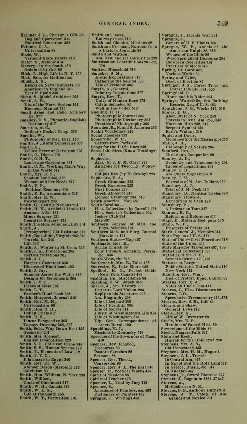 Skinner, J. S., Christmis Gift 394 Dog and Sportsman 394 Nautical Education 382 Skinner, O. A., Universalism 88 Slade, W., Vermont State Papers 410 Slater, S., Memoir 313 Slavery—in the South 410 Ordained by God 85 Slick, J., High Life in N. Y. 455 Slick, Sam, see Halliburton Slidell, A. 8., Essays on Naval Subjects 383 American in England 346 Year in Spain 346 Sloan, S., Model Architect 365 Small, A. E., Dis. of the Nerv. System 144 Horaoeop. Manual 145 Small Arms and Field Artillery Ex. 377 Smalley, D. S., Phonetic (English) Dictionary 517 Smeaton, A. C., Builder’s Pocket Comp. 365 Smellie, W., Philosophy of Nat. Hist. 170 Smillie, J., Rural Cemeteries 365 Smith, A., Yellow Fever at Galveston 131 Smith, C., Digest 112 Smith, C. H. T., Landscape Gardening 394 Smith, C. M., Working Man’s Way in the World 517 Smith, Mrs. E. O., Shadow Land 455, 517 Woman and her Needs 517 Smith, E. P., Political Economy 410 Smith, E. R., Araucanians 346 Smith, Mrs. E. W., Newburyport 293 Smith, G., Gentile Nations 264 Smith, H. H., Artificial Limbs 131 Anatom Atlas 131 Minor Surgery 131 Operative Surgery 131 Smith, the Hon. Jeremiah,Life 3 4 Smith, J., (Presbyterian) Old Redstone 517 Smith, Capt. John, Virginia 293,346 Travels, &c. 346 Life 346 Smith, J., Winter in St. Croix 346 Smith, J. A., Prelections 205 Earth’s Mutations 201 Smith, J. C., Harper’s Gazetteer 346 Illustrated Hand-book 483 Smith, J. Jay, Summer Across the Water 346 Designs for Monuments 365 Smith, J. V. C., Fishes of Mass. 181 Smith, L. T., Farmer’s Hand-book 394 Smith, Margaret, Journal 346 Smith, Rev. M. H., Universalism 88 Smith, Hon. O. H., Indian Trials 517 Smith, R. S., Linear Perspective 365 Topogr. Drawing 365, 377 Smith, Seba, Way Down East 455 Geometry 201 Smith, Mrs. Spencer, English Composition 223 Smith, S. C., Chile con Came 346 Smith, S. S., Human Species 172 Smith, T., Elements of Law 112 Smith, T. V. C., Pilgrimage to Egypt 346 Smith, Rev. Dr. W., Ahiman Rezon (Masonic) 473 Calvinism 88 Smith, Hon. William, N. York 293 Smith, William, Trade of Cincinnati 517 Smith, W. H., Canada 346 Smith, W. L. G., Life at the South 455 Smith, W. T., Parturition 131 Smith and Bates, Railway Cases 112 Smith and Choules, Missions 88 Smith and Freeman, Extracts from a Pastor’s Journals 88 Smith and Watson, Am. Hist, and Lit. Curiosities 293 Smithsonian Contributions 20—22, 170 Smitten Household 518 Smucker, S. M., Arctic Explorations 346 Catherine the Second 302 Life of Fremont 304 Smyth, A., General, Infantry Regulations 377 Smyth, Rev. T., Unity of Human Race 172 Calvin defended 52 Well in the Valley 518 Snelling, H. H., Photographic Journal 365 Photographic Dictionary 365 Practice of Photography 366 Snowden,R.,N. and S. America293 Soahil Vocabulary 245 Social Theories 399 Somerville, W. C., Letters from Paris 518 Songs for the Little Ones 230 Sons of the Sires (Know-Nothings) 410 Sophocles, Ajax (by J. B. M. Gray) 223 Antigone (by Theod. D. Wolsey) 223 CEdipus Rex (by H. Crosby) 223 Sophocles, E. A., Greek Grammar 223 Greek Exercises 223 First Lessons 223 Greek Alphabet 245 Romaic Grammar 234, 518 South America—Map 487 South Carolina— Hist. Collections (by Carroll) 271 Hist. Society’s Collections 502 Jockey Club 394 Map 487 Southern Journal of Med. and Phys. Sciences 131 Southern Med. and Surg. Journal (Garvin’s) 131 Southern States—Map 487 Southgate, Rev. H., Syrian Church 88 Tour through Armenia, Persia, &c. 346 South-West, the 346 Southworlh, Mrs. E., Tales 455 Souvestre, E., Lake Shore 455 Spaflford, H. G., Pocket Guide (New York Canals) 483 Spalding, Bp., Miscellanea 88 Spalding, J. W., Japan 346 Sparks, J., Am. History 293 Letter to Lord Mahon 293 Reply to his Strictures 293 Am. Biography 299 Life of Ledyard 309 Life of Franklin 304 Life of Morris 311 Illustr. of Washington’s Life 315 Life of Washington 315 Dip. Gen. Correspondence of Amer. Revol. 400 Spaulding, M. J., Missions to Kentucky 518 Speeches of the Governors of Mass. 410 Spencer, Rev. Ichabod, Discourses 88 Pastor’s Sketches 88 Sermons 88 Spencer, Rev. Theod., Conversion 88 Spencer, Rev. J. A.,The East 346 Spenser, E., Poetical Works 455 Spirit of Missions 88 Spiritual Teacher 478 Spooner, L., Trial by Jury 112 Spooner, S., Anecdotes of Painters, &c. 463 Dictionary of Painters 463 Sprague, C., Writings 455 Sprague, J., Florida War 294 Sprague, J., Genera of U. S. Plants 186 Sprague, W. B., Annals of the American Pulpit 88, 518 Women of the Bible 88 West Springfield Discourse 294 European Celebrities 314 Practical Subjects 518 Spring, Dr. Gardiner, Various Works 89 Spring and Tyler, Doct. of Election 89 Springer, J. S., Forest Trees and Forest Life 346,394, 455 Springfield, R., Horse and his Rider 394 Springs, Waterfalls, Sea-Bathing Resorts, &c.,of U. S. 483 Spurzheim, J. G., Works 145, 518 Squier, E. G., Abor. State of N. York 259 Travels in Cent. Am. 259, 346 Notes on ditto 259, 347 Serpent Symbol 259 Bard’s Waikna 318 Squier and Davis, Monuments of the Mississippi 259 Stallo, J. B., Philosophy of Nature 205 Stanford, Rev. J., Christian’s Companion 89 Stanley, A. D., Geometry and Trigonometry 201 Tables of Logarithms 201 Stanley, C. H., Am. Chess Magazine 518 Stanley, J. M., Portraits of N. Am. Indians 259 Stansbury, A. J., Trial of J. H. Peck 410 Stansbury, D., Nautical Tables 383 Stansbury, Howard, Expedition to Utah 475 Stansbury, P., A Pedestrian Tour 347 Stanton, H. B., Reform and Reformers 411 Stapf, E., Materia Med. pura 145 Stapp, W. P., Prisoners of Perote 314 Stark, General J., Memoirs 314 State Papers of U. S. 411 State of Ohio—Civil Procedure 518 State of the Union 411 State Maps for Travellers487, 488 Statistical Collections 399 Statistics of the U. S., Seventh Census 420, 421 Statutes at Large— Public Statutes United States 110 New York 112 Staunton, Rev. Wm., Diet, of Protest. Episc. Church 89 Stearns, Rev. E. J., Notes on Uncle Tom 411 Stearns, J., Hist. Discourses 89 Stearns, J. G., Speculative Freemasonry 473,474 Stearns, Rev. S. H., Life 89 Stearns and Shaw, General Laws 112 Steele, Rev. A., Life of W. Brewster 89 Steele, Mrs. E. R., Heroines of Sacred Hist. 89 Sovereigns of the Bible 89 Steele, Niagara Falls 347 Stein and Koch, Hurrah for the Holidays ! 230 Stephens, Mrs. A. S., Old Homestead 455 Stephens, Mrs. H. M., Hagar 4 Stephens, J. L., Travels— In Central Am. 347 In Egypt and the Holy Land 347 In Greece, Russia, &c. 347 In Yucatan 347 Stephens,-.!'., Sword Exercise 377 Steuart, J., Bogota in 1836-37 347 Stevens, A., Methodism in N. E., Stevens, C. E., Anthony Bums 314 Stevens, J. T., Camp, of Rio Grande and Mexico 294